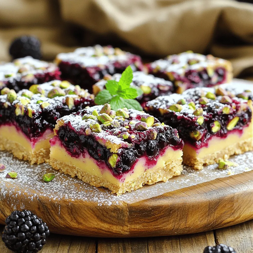 To make these delicious bars, gather the following ingredients: - 1 ½ cups almond flour - ½ cup unsalted butter, melted - ¼ cup honey or maple syrup - 1 teaspoon vanilla extract - 1 teaspoon baking powder - ½ teaspoon salt - 1 cup fresh blackberries - ½ cup shelled pistachios, roughly chopped - 1 tablespoon lemon juice - 1 tablespoon cornstarch You can swap ingredients if needed. Here are some ideas: - Almond flour: Use oat flour or coconut flour. - Unsalted butter: Try coconut oil or vegan butter. - Honey: Maple syrup or agave syrup works too. - Fresh blackberries: Raspberries or blueberries can replace them. - Pistachios: Walnuts or almonds will add a nice crunch. If you follow a specific diet, you can easily modify this recipe: - Gluten-free: Use certified gluten-free almond flour. - Vegan: Replace butter with coconut oil and honey with maple syrup. - Nut-free: Use sunflower seed flour in place of almond flour. These tips make your cooking more flexible and fun. You can enjoy Blackberry Pistachio Dream Bars your way! For the full recipe, check the details above. To start, heat your oven to 350°F (175°C). This helps the crust bake evenly. Next, grease a 9x9-inch baking dish or line it with parchment paper. This makes it easy to remove the bars later. In a large bowl, mix together these ingredients: - 1 ½ cups almond flour - ½ cup unsalted butter, melted - ¼ cup honey or maple syrup - 1 teaspoon vanilla extract - 1 teaspoon baking powder - ½ teaspoon salt Whisk until the mixture is smooth and well blended. After that, press the dough evenly into the bottom of your prepared baking dish. Use your fingers or a spatula to create a stable crust. Now, let’s make the blackberry filling. In a separate bowl, place 1 cup of fresh blackberries. Gently toss them with: - 1 tablespoon lemon juice - 1 tablespoon cornstarch This coating will help thicken the filling. Be careful not to mash the berries. You want to keep them whole for texture. Spread the blackberry mixture on top of the crust in the baking dish. After that, sprinkle ½ cup of roughly chopped pistachios over the blackberries. This adds a nice crunch. Bake for 25-30 minutes until the edges are golden brown and the center feels firm. Let the bars cool completely in the dish on a wire rack. Only then, cut them into squares. For a lovely touch, serve the bars on a wooden platter, dusted with powdered sugar, and garnished with a mint sprig. Enjoy your Blackberry Pistachio Dream Bars! For the full recipe, check the earlier section. To get the best texture for your Blackberry Pistachio Dream Bars, focus on the crust. Use almond flour for a soft yet firm base. Press it down well in the pan. This helps create a strong foundation. Bake until the edges turn golden brown. This step ensures the crust holds its shape. One common mistake is using too much liquid. Be careful when adding the lemon juice to the berries. Too much liquid can make the bars soggy. Also, avoid overbaking. Check for doneness around the 25-minute mark. You want the center to be set, not hard. Add-ins can boost the flavor of your bars. Consider mixing in a bit of orange zest for a fresh taste. You can also swap pistachios for walnuts or almonds for a different crunch. For a sweet twist, sprinkle a hint of cinnamon into the crust. These small changes can make a big impact. {{image_4}} You can swap blackberries for other fruits. Raspberries add a tangy flavor. Blueberries bring sweetness. Sliced strawberries give a fresh twist. Each fruit changes the taste and look. Feel free to mix and match your favorites. Pistachios shine, but other nuts work too. Chopped almonds or walnuts add crunch. Sunflower seeds give a nut-free option. Try pumpkin seeds for a fun twist. Each choice adds its unique taste and texture. To make these bars vegan, use coconut oil instead of butter. Maple syrup is a great sweetener too. For gluten-free options, almond flour is perfect. Make sure to check labels for any hidden gluten. These changes keep the bars tasty for everyone. For the full recipe, check out the details above! To keep your Blackberry Pistachio Dream Bars fresh, store them in an airtight container. This helps prevent them from drying out. Place a piece of parchment paper between layers to avoid sticking. You can also wrap them in plastic wrap for extra protection. Keep the bars at room temperature for short-term storage. However, if you need to keep them longer, refrigeration is best. Freezing these bars is simple and works well. Cut the bars into squares and wrap each piece tightly in plastic wrap. Then, place the wrapped bars in a freezer-safe bag. They can stay in the freezer for up to three months. When you’re ready to enjoy them, remove the bars from the freezer and let them thaw in the fridge overnight. For a quick thaw, leave them at room temperature for an hour. Blackberry Pistachio Dream Bars last about five days in the fridge. If you notice any mold or an off smell, it’s best to discard them. The bars should be soft and moist but not sticky. If they feel hard or dry, they may be past their prime. Always trust your senses when it comes to food safety! Blackberry Pistachio Dream Bars can last up to five days. Store them in an airtight container. Keep them in the fridge for the best taste and freshness. If they sit out, they may lose their texture. Yes, you can make these bars ahead of time! I often bake them a day before I need them. Just let them cool completely before wrapping. This helps the flavors blend well. Serve the bars chilled for a refreshing treat. I like to sprinkle powdered sugar on top. Add a mint leaf for color and taste. You can also pair them with a scoop of vanilla ice cream for extra delight. For the full recipe, follow the steps carefully! Blackberry Pistachio Dream Bars offer a delicious treat with easy steps. We covered the key ingredients, substitution options, and dietary adaptations. I shared a clear guide on preparing, baking, and storing the bars. Plus, I provided tips to improve texture and flavor and ways to customize your recipe. Remember, these bars can be made ahead and are perfect for sharing. Enjoy making this tasty dessert that everyone will love!