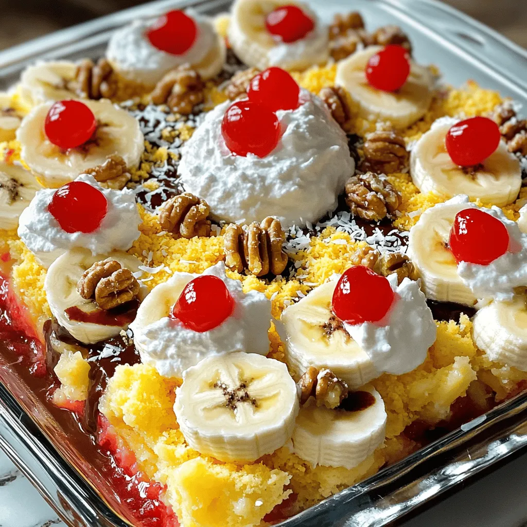 - 2 ripe bananas, sliced into rounds - 1 can (20 oz) crushed pineapple, undrained - 1 cup strawberry pie filling - 1 box yellow cake mix (15.25 oz) - 1 cup unsalted butter, melted - 1 cup chopped walnuts or pecans (optional) - 1 cup shredded coconut (optional) - 1 cup chocolate syrup - Whipped cream (for serving) - Maraschino cherries (for garnish) I love using these simple ingredients. They come together to create a fun and tasty dessert. The bananas bring a soft, sweet flavor. The crushed pineapple adds a juicy, tangy kick. Strawberry pie filling gives it a bright, fruity taste. The yellow cake mix provides a fluffy base. - 9x13 inch baking dish - Mixing bowl - Measuring cups and spoons - Greasing spray or butter With these tools, making this dessert is a breeze. A 9x13 inch baking dish is perfect for this cake. A mixing bowl helps combine the ingredients easily. Measuring cups and spoons ensure you get the right amounts. Greasing spray or butter prevents sticking. - Substitute bananas with other fruits - Gluten-free cake mix alternatives Feel free to switch things up! If you don’t have bananas, try using peaches or apples. You can also find gluten-free cake mixes at the store. These options keep the recipe fun and open to new flavors. For the full recipe, check below. - Preheat the oven to 350°F (175°C). - Grease the baking dish with butter or cooking spray. - Spread crushed pineapple evenly in the dish. - Layer sliced bananas over the pineapple. - Add strawberry pie filling evenly on top. - Sprinkle yellow cake mix over the layered fruits. - Drizzle melted butter over the cake mix. - Optionally, sprinkle chopped nuts and shredded coconut before baking. - Bake for 45-50 minutes until golden brown. - Allow the cake to cool for 10 minutes before serving. - Layer the ingredients evenly. This helps the cake bake well. - Keep an eye on the cake in the last minutes. This way, it won’t overcook. - Serve each piece with whipped cream and a maraschino cherry on top. - For extra flavor, drizzle some chocolate syrup over the cake. - Use fresh mint leaves to garnish each slice. This adds a pop of color and freshness. - Choose colorful dessert plates to make your dish even more appealing. These tips will help you make your Banana Split Dump Cake a hit. You can find the full recipe to guide you through every step. {{image_4}} You can play with tastes in the banana split dump cake. Try a tropical version. Use mango and coconut. The sweet mango pairs well with bananas. Coconut adds a nice crunch. You can also make a chocolate banana split dump cake. Just use chocolate cake mix instead. This change gives it a rich, deep flavor. If you want a lighter dessert, there are easy swaps. Use low-fat butter to cut calories. You can also use alternative sweeteners like stevia or monk fruit. They keep the sweetness without extra sugar. For a lower-carb option, substitute the cake mix with almond flour. This option gives you a tasty cake without the carbs. Make it fun for kids by adding gummy candies. They can sprinkle them on top before baking. Kids love the fun colors and chewy texture. You can also incorporate other flavored pie fillings. Blueberry or peach can add a twist to the cake. These flavors pair nicely with bananas and make it exciting. Explore the [Full Recipe](#) for more delicious ideas! Store your banana split dump cake covered at room temperature. It will stay fresh for up to 3 days. Make sure to keep it in a cool, dry spot. This helps maintain its taste and texture. If you want to keep it longer, refrigerate the cake for up to 1 week. This keeps it safe from spoiling. You can also freeze individual portions for up to 2 months. Just wrap them tightly in plastic wrap or foil to prevent freezer burn. To enjoy your banana split dump cake warm, you can reheat it. Use the oven or microwave until it is heated through. If using the oven, set it to 350°F and warm it for about 10 minutes. For the microwave, heat each slice for about 30 seconds. This way, you can savor that gooey goodness all over again. Look for a golden brown color and bubbly edges. This shows the cake is baked well. When you see these signs, it’s ready to come out of the oven. Yes, you can prepare the layers and bake on the same day. This way, you can enjoy fresh cake when you are ready to serve it. You can use other fruits like peaches or mixed berries. These fruits bring their own flavor and can make the cake your own. To make it nut-free, simply omit the chopped nuts. The cake will still taste great without them. Yes, variations such as chocolate or spice cake mix work well too. Each mix brings a unique taste to your cake, so feel free to experiment. For the full recipe, check out the detailed steps above. This dump cake recipe combines simple ingredients for a delicious treat. You learned how to layer fruits and cake mix for a tasty dessert. Remember, you can swap ingredients to fit your taste. This dish is easy to make and perfect for sharing. Store leftovers at room temperature or in the fridge. Experiment with variations to keep it fun and exciting. Enjoy baking and sharing this sweet delight!