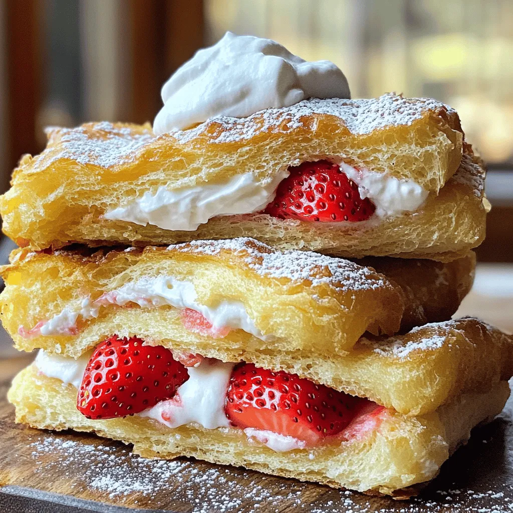 To create the Fried Strawberry Cheesecake Sandwiches, gather the following ingredients. Each one plays a key role in making this treat delicious. - 8 slices of rich brioche bread - 1 cup cream cheese, softened to room temperature - 1/2 cup powdered sugar - 1 teaspoon pure vanilla extract - 1 cup fresh strawberries, hulled and thinly sliced - 1/2 teaspoon ground cinnamon - 1/4 teaspoon ground nutmeg - 2 large eggs - 1 cup whole milk - 1 cup all-purpose flour - 1 cup breadcrumbs (preferably panko for extra crunch) - Vegetable oil for frying (enough for about 1 inch depth) - Whipped cream for serving (optional, but recommended) Each ingredient contributes to the creamy filling and the crispy outside. The brioche bread gives the sandwich a sweet taste. Cream cheese adds richness. Strawberries provide a burst of fruitiness. The spices add warmth and depth. When you have all your ingredients ready, you can dive into making these yummy sandwiches. For the detailed process, check the Full Recipe. First, you need to make the filling. In a medium bowl, combine the cream cheese, powdered sugar, and vanilla. Mix these together until they are smooth and creamy. This will create a great base for your cheesecake. Now, gently fold in your sliced strawberries. This step is key; you want to keep the strawberries whole, so they add a nice texture. Next, grab your brioche bread. Lay out four slices on a clean surface. Spread a generous layer of the strawberry cheesecake filling on each slice. Make sure to cover it well! Then, take another slice of brioche and place it on top. Press down lightly to help seal the sandwiches. This will keep all that yummy filling inside when you fry them. Now, let's get the coatings ready. In a shallow dish, whisk together the eggs and milk until it is frothy. This will help the bread get a nice golden color. In another dish, mix the all-purpose flour, ground cinnamon, and ground nutmeg. This spice blend adds warmth and flavor. Finally, set up a third shallow dish with breadcrumbs. Panko works best for a crispy finish. You are almost there! In a deep skillet, heat about 1 inch of vegetable oil over medium heat. You want the oil to reach about 350°F (175°C) for frying. Carefully take each sandwich and coat it in the flour mixture first. Then dip it in the egg mixture, letting the excess drip off. Finally, coat it in the breadcrumbs, pressing gently to help it stick. Fry the sandwiches in batches of 2-3. Cook each side for about 2-3 minutes until they turn golden brown and crispy. Once done, place them on paper towels to absorb extra oil. After frying, let the sandwiches cool a bit. Slice them in half to show off the filling. Dust with powdered sugar for a sweet touch. If you like, add a dollop of whipped cream on the side. This makes for a perfect treat that everyone will love. For the full recipe, check the earlier sections. Enjoy your delicious creation! To get that perfect crunch, you need to control the oil temperature. Heat the oil to about 350°F (175°C). Use a thermometer if you have one. If the oil is too hot, the outside burns before the inside cooks. Too low, and you get soggy sandwiches. To avoid soggy sandwiches, make sure to coat them well. Dip in flour, then in egg, and finish with breadcrumbs. This creates a barrier. It keeps moisture in the filling and crispiness on the outside. You can prepare the filling in advance. Mix the cream cheese, sugar, and strawberries, then store it in the fridge. This saves time on busy days. Store the filling separately from the bread. Assemble the sandwiches just before frying. This keeps them fresh and tasty. Pair these sandwiches with fresh fruits. Strawberries, blueberries, or even a fruit sauce work well. A drizzle of chocolate sauce adds a nice touch. For a fun presentation, cut the sandwiches into triangles or halves. Serve them on a colorful plate. Add a sprinkle of powdered sugar on top for flair. You can also serve whipped cream on the side for dipping. For the full recipe, check the earlier section. Enjoy your cooking! {{image_4}} You can change the fruit in this recipe. Blueberries, raspberries, and bananas work great. Each fruit brings its own flavor. This way, you can enjoy different tastes each time. When using sweeter fruits, you may need less sugar in the filling. Adjust the sweetness to match your fruit choice. Taste as you go to find the best mix for you. Want to make your sandwiches even better? Consider adding chocolate chips or nuts to the filling. Both give a nice crunch and flavor boost. You can also infuse spices like cardamom for a warm touch. These small changes can transform your sandwiches into a new treat. Be creative and make them your own! If you have special diet needs, do not worry! You can make gluten-free or vegan options. For gluten-free, use gluten-free bread and flour. For a vegan version, swap cream cheese for a plant-based alternative. Use a mix of ground flaxseed and water instead of eggs. These easy swaps help you enjoy this delicious treat while sticking to your diet. To keep your fried strawberry cheesecake sandwiches fresh, place them in an airtight container. Store them in the fridge for up to three days. When you want to enjoy them again, heat them gently in a skillet over low heat. This way, you keep the crispy texture while warming the filling. If you want to save some sandwiches for later, freeze them before frying. Wrap each sandwich in plastic wrap and then in foil. They can last for about a month in the freezer. When you're ready to eat, remove them from the freezer and let them thaw in the fridge overnight. To reheat, heat some oil in a skillet. Fry the thawed sandwiches for about 2-3 minutes on each side, until they are golden and crispy. Enjoy the delight of this tasty treat any time! For the full recipe, check out the Fried Strawberry Cheesecake Sandwiches section above. Yes, you can! To prepare ahead, make the filling first. Mix the cream cheese, sugar, and vanilla together. Fold in the fresh strawberries. You can store this filling in the fridge for up to two days. When you are ready, assemble the sandwiches. Spread the filling between the slices of brioche bread. Then, coat and fry them just before serving. This way, they stay crispy and fresh. If you cannot find brioche, do not worry. You have some tasty options. You can use challah bread, which is also rich and soft. White sandwich bread will work too, but it may not be as sweet. For a healthier choice, whole wheat bread can be used. Just keep in mind that it will change the flavor a bit. To keep your sandwiches crispy, follow these tips. First, use fresh bread that is not too soft. Second, coat them well with flour and breadcrumbs. This coating helps create a barrier against moisture. When frying, make sure the oil is hot enough. If the oil is too cool, the sandwiches will soak up oil. Fry in small batches and do not crowd the pan. Absolutely! These sandwiches are a great breakfast option. They combine sweet and creamy flavors that kids love. You can serve them alongside fresh fruit or yogurt. They can also be a fun brunch treat for adults. Enjoy them with coffee or tea for a delightful morning snack. This blog post provided a tasty recipe for Fried Strawberry Cheesecake Sandwiches. We covered the ingredients, step-by-step instructions, and tips for perfect frying. You learned how to make variations with different fruits and dietary options. I shared how to store leftovers and answered common questions. Now, you have everything to create this delicious treat. Enjoy making it for breakfast or dessert. Your kitchen is ready for a sweet adventure!