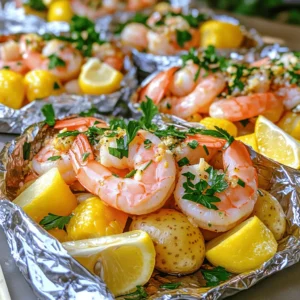 - 1 pound shrimp, peeled and deveined - 2 ears of corn, cut into quarters - 1 pound baby potatoes, halved - 1 tablespoon olive oil - 4 cloves garlic, minced - 1 tablespoon Old Bay seasoning - 1 tablespoon freshly squeezed lemon juice - 1 teaspoon smoked paprika - Salt and pepper to taste - Fresh parsley, chopped, for garnish - Lemon wedges, for serving When making Shrimp Boil Foil Packs, you want fresh and tasty ingredients. Start with shrimp that are peeled and deveined, so they cook quickly. The corn adds a sweet crunch, while the baby potatoes provide heartiness. Next, let's talk about seasonings. Olive oil keeps everything moist, and minced garlic gives a nice kick. Old Bay seasoning is a must for that classic seafood flavor. Fresh lemon juice adds brightness, and smoked paprika brings warmth. Don't forget to use salt and pepper to enhance all the flavors. For garnishes, fresh parsley adds color and a burst of freshness. Lemon wedges are perfect for squeezing on top when you serve. This mix of ingredients makes these packs easy and fun to make. For the full recipe, check out the detailed steps. - Preheat grill or oven to 400°F (200°C). - In a large mixing bowl, combine the shrimp, corn, baby potatoes, and olive oil. Add minced garlic, Old Bay seasoning, lemon juice, smoked paprika, and salt and pepper. Mix well until everything is coated. - Tear off four sheets of aluminum foil, each 12x18 inches. - Place an equal amount of the shrimp mixture in the center of each foil sheet. Fold the sides over the mixture and seal the top tightly. This keeps the steam and flavors inside. - Put the foil packs on the grill or a baking sheet if using an oven. - Cook for 15-20 minutes. Check doneness by seeing if the shrimp turns pink and the potatoes are tender with a fork. For the full recipe, refer to the earlier section. Enjoy this fun and easy meal! To make your shrimp boil foil packs even better, try some fun twists. You can add different seasonings like Cajun spice or lemon pepper. These spices change the flavor, making each meal unique. Don’t be afraid to mix in other veggies or proteins. Think about adding bell peppers, asparagus, or even sausage. These ingredients bring new tastes and textures to your meal. You can also use crab or lobster instead of shrimp for a more luxurious touch. Cooking times may change based on your method. If you use a grill, your packs will cook faster than in the oven. Always check the shrimp and potatoes to see if they are tender. A food thermometer can help you. Shrimp should reach an internal temperature of 120°F (49°C) and potatoes should be soft when poked with a fork. When opening hot foil packs, be careful. The steam can burn you. Use tongs or an oven mitt to pull back the foil. This keeps your hands safe from the heat. Cleaning up is simple too. Let the foil cool before you toss it. If there’s food stuck on it, soak it in warm water for a bit. Then, it will be easy to wipe clean. {{image_4}} You can switch things up by using crab or lobster instead of shrimp. Both options add a rich flavor. Crab meat has a sweet, delicate taste, while lobster brings a luxurious touch. Simply follow the same cooking steps as with shrimp. Adding clams or mussels is another great idea. They add a briny kick and enhance the seafood flavor. Just ensure they are fresh and clean. When they cook, they will open up and release their juices, making your meal even tastier. If you want to swap corn, try using zucchini or bell peppers. Both vegetables cook well in foil packs. Zucchini adds a mild flavor, while bell peppers bring a sweet crunch. Choosing different types of potatoes is also fun. Try red or sweet potatoes for a unique taste. They cook well and give a different texture. Mix and match to find your favorite combo! For a spicy twist, create a version using Cajun seasoning. It gives your dish a warm, zesty kick. You can also make a lemon garlic butter sauce instead of using dry seasoning. Melt butter and mix it with lemon juice and minced garlic. This sauce adds a rich, tangy flavor that pairs well with shrimp or crab. Feel free to adjust the spice level to your taste. Enjoy exploring these variations for your shrimp boil foil packs! For the full recipe, check the link provided. To store leftover shrimp boil foil packs, let them cool first. This helps keep the texture nice. Place the packs in an airtight container. You can also wrap them tightly in plastic wrap. This keeps the shrimp and veggies fresh. I recommend using glass or BPA-free plastic containers. They work well and do not absorb odors. When it's time to enjoy the leftovers, you have a few good options. The microwave is quick and easy. Just place the foil pack on a microwave-safe plate. Heat it for about 1-2 minutes. Check if it's hot enough. If you want a crispy finish, use the oven or grill. Preheat your oven to 350°F (175°C). Place the foil pack on a baking sheet and heat for 10-15 minutes. This keeps the flavor and texture nice. You can freeze shrimp boil foil packs, but the method depends on when you freeze them. If you freeze them cooked, let them cool completely. Then, wrap them tightly in foil and place them in a freezer bag. For uncooked packs, assemble them and freeze right away. When you want to use them, thaw in the fridge overnight. After thawing, cook them straight away for best results. To know when shrimp is cooked, look for a few clear signs. First, shrimp should change color from gray to a bright pink. Second, they will curl into a C shape. Lastly, the flesh will become opaque and firm. If you see these signs, your shrimp is ready to eat! Yes, you can prepare shrimp boil foil packs ahead of time! Mix all the ingredients and seal them in foil. Then, store them in the fridge for up to 24 hours. This makes meal prep easy! Just remember to cook them within a day for the best taste. You can serve shrimp boil foil packs with many tasty sides. Here are a few ideas: - Garlic bread or crusty rolls - Coleslaw for some crunch - A light salad with vinaigrette - Lemonade or iced tea to drink These sides will enhance the meal and add even more flavor! For the full recipe, check out the Shrimp Boil Foil Packs section. This blog post covered how to make delicious shrimp boil foil packs. We discussed the key ingredients like shrimp, corn, and potatoes. You learned step-by-step instructions for preparation, assembling, and cooking. Tips on enhancing flavor and variations made the process easier. Storing leftovers and reheating methods will keep your meals fresh. In conclusion, making foil packs is fun and easy. Enjoy experimenting with flavors and ingredients. You can create tasty meals your family will love. Happy cooking!