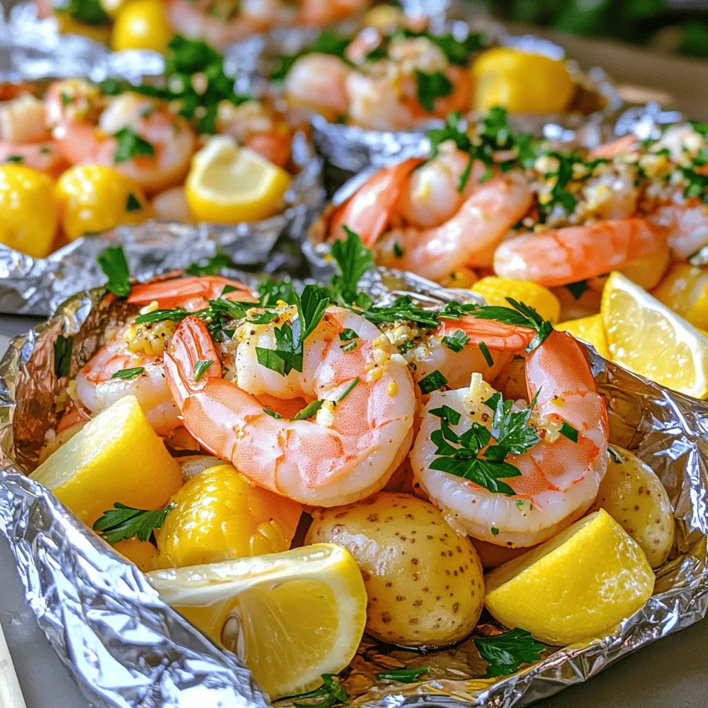 - 1 pound shrimp, peeled and deveined - 2 ears of corn, cut into quarters - 1 pound baby potatoes, halved - 1 tablespoon olive oil - 4 cloves garlic, minced - 1 tablespoon Old Bay seasoning - 1 tablespoon freshly squeezed lemon juice - 1 teaspoon smoked paprika - Salt and pepper to taste - Fresh parsley, chopped, for garnish - Lemon wedges, for serving When making Shrimp Boil Foil Packs, you want fresh and tasty ingredients. Start with shrimp that are peeled and deveined, so they cook quickly. The corn adds a sweet crunch, while the baby potatoes provide heartiness. Next, let's talk about seasonings. Olive oil keeps everything moist, and minced garlic gives a nice kick. Old Bay seasoning is a must for that classic seafood flavor. Fresh lemon juice adds brightness, and smoked paprika brings warmth. Don't forget to use salt and pepper to enhance all the flavors. For garnishes, fresh parsley adds color and a burst of freshness. Lemon wedges are perfect for squeezing on top when you serve. This mix of ingredients makes these packs easy and fun to make. For the full recipe, check out the detailed steps. - Preheat grill or oven to 400°F (200°C). - In a large mixing bowl, combine the shrimp, corn, baby potatoes, and olive oil. Add minced garlic, Old Bay seasoning, lemon juice, smoked paprika, and salt and pepper. Mix well until everything is coated. - Tear off four sheets of aluminum foil, each 12x18 inches. - Place an equal amount of the shrimp mixture in the center of each foil sheet. Fold the sides over the mixture and seal the top tightly. This keeps the steam and flavors inside. - Put the foil packs on the grill or a baking sheet if using an oven. - Cook for 15-20 minutes. Check doneness by seeing if the shrimp turns pink and the potatoes are tender with a fork. For the full recipe, refer to the earlier section. Enjoy this fun and easy meal! To make your shrimp boil foil packs even better, try some fun twists. You can add different seasonings like Cajun spice or lemon pepper. These spices change the flavor, making each meal unique. Don’t be afraid to mix in other veggies or proteins. Think about adding bell peppers, asparagus, or even sausage. These ingredients bring new tastes and textures to your meal. You can also use crab or lobster instead of shrimp for a more luxurious touch. Cooking times may change based on your method. If you use a grill, your packs will cook faster than in the oven. Always check the shrimp and potatoes to see if they are tender. A food thermometer can help you. Shrimp should reach an internal temperature of 120°F (49°C) and potatoes should be soft when poked with a fork. When opening hot foil packs, be careful. The steam can burn you. Use tongs or an oven mitt to pull back the foil. This keeps your hands safe from the heat. Cleaning up is simple too. Let the foil cool before you toss it. If there’s food stuck on it, soak it in warm water for a bit. Then, it will be easy to wipe clean. {{image_4}} You can switch things up by using crab or lobster instead of shrimp. Both options add a rich flavor. Crab meat has a sweet, delicate taste, while lobster brings a luxurious touch. Simply follow the same cooking steps as with shrimp. Adding clams or mussels is another great idea. They add a briny kick and enhance the seafood flavor. Just ensure they are fresh and clean. When they cook, they will open up and release their juices, making your meal even tastier. If you want to swap corn, try using zucchini or bell peppers. Both vegetables cook well in foil packs. Zucchini adds a mild flavor, while bell peppers bring a sweet crunch. Choosing different types of potatoes is also fun. Try red or sweet potatoes for a unique taste. They cook well and give a different texture. Mix and match to find your favorite combo! For a spicy twist, create a version using Cajun seasoning. It gives your dish a warm, zesty kick. You can also make a lemon garlic butter sauce instead of using dry seasoning. Melt butter and mix it with lemon juice and minced garlic. This sauce adds a rich, tangy flavor that pairs well with shrimp or crab. Feel free to adjust the spice level to your taste. Enjoy exploring these variations for your shrimp boil foil packs! For the full recipe, check the link provided. To store leftover shrimp boil foil packs, let them cool first. This helps keep the texture nice. Place the packs in an airtight container. You can also wrap them tightly in plastic wrap. This keeps the shrimp and veggies fresh. I recommend using glass or BPA-free plastic containers. They work well and do not absorb odors. When it's time to enjoy the leftovers, you have a few good options. The microwave is quick and easy. Just place the foil pack on a microwave-safe plate. Heat it for about 1-2 minutes. Check if it's hot enough. If you want a crispy finish, use the oven or grill. Preheat your oven to 350°F (175°C). Place the foil pack on a baking sheet and heat for 10-15 minutes. This keeps the flavor and texture nice. You can freeze shrimp boil foil packs, but the method depends on when you freeze them. If you freeze them cooked, let them cool completely. Then, wrap them tightly in foil and place them in a freezer bag. For uncooked packs, assemble them and freeze right away. When you want to use them, thaw in the fridge overnight. After thawing, cook them straight away for best results. To know when shrimp is cooked, look for a few clear signs. First, shrimp should change color from gray to a bright pink. Second, they will curl into a C shape. Lastly, the flesh will become opaque and firm. If you see these signs, your shrimp is ready to eat! Yes, you can prepare shrimp boil foil packs ahead of time! Mix all the ingredients and seal them in foil. Then, store them in the fridge for up to 24 hours. This makes meal prep easy! Just remember to cook them within a day for the best taste. You can serve shrimp boil foil packs with many tasty sides. Here are a few ideas: - Garlic bread or crusty rolls - Coleslaw for some crunch - A light salad with vinaigrette - Lemonade or iced tea to drink These sides will enhance the meal and add even more flavor! For the full recipe, check out the Shrimp Boil Foil Packs section. This blog post covered how to make delicious shrimp boil foil packs. We discussed the key ingredients like shrimp, corn, and potatoes. You learned step-by-step instructions for preparation, assembling, and cooking. Tips on enhancing flavor and variations made the process easier. Storing leftovers and reheating methods will keep your meals fresh. In conclusion, making foil packs is fun and easy. Enjoy experimenting with flavors and ingredients. You can create tasty meals your family will love. Happy cooking!