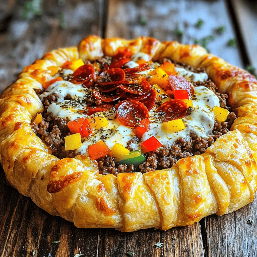 - Ground beef, pizza sauce, and cheesiness The star of this dish is ground beef. I use one pound for a hearty base. The pizza sauce gives it a rich flavor, and cheese adds that gooey, melty goodness. I recommend using mozzarella for that classic taste. - The role of vegetables: bell peppers, onions, and pepperoni I love adding diced bell peppers and onions for crunch and flavor. They make the pie colorful too! Don't forget the pepperoni; it gives a nice, savory kick to the filling. - The importance of pizza dough and egg wash The pizza dough serves as a perfect crust. I use refrigerated dough for ease, but you can make your own. An egg wash on top gives a golden color when baked. - Essential Italian seasoning and garlic powder Seasoning is key to flavor. I always add Italian seasoning and garlic powder to the beef. They bring warmth and depth to the dish. - Adjusting flavors with salt and pepper Don’t forget salt and freshly ground black pepper! They help balance all the flavors. Taste as you go to find the right mix. - Homemade vs. store-bought seasonings You can use store-bought seasonings for convenience. However, making your own can elevate the dish. Fresh herbs can make a big difference! For the full recipe, check out the details for great tips on preparation. To start, you need to cook the ground beef. Heat a pan over medium heat. Add a splash of olive oil. Once the oil is hot, add 1 pound of ground beef. Break it apart with a spatula as it cooks. This helps it brown evenly. Season it with salt, pepper, garlic powder, onion powder, and Italian seasoning. Cook until no pink remains. This takes about 6 to 8 minutes. If there's excess grease, drain it off. Next, chop your veggies. Use 1 cup of diced bell peppers and 1 small onion. These add great flavor. Dice them small to blend well in the mix. You can choose any bell pepper color you like. This makes the dish colorful and fun. Now it’s time to work with the pizza dough. Unroll your 13.8-ounce package of refrigerated pizza dough on a floured surface. Using a rolling pin, stretch it to about 12 inches wide. Make sure it fits your pie dish. After that, place the dough into a greased pie dish. Let the edges hang over the sides. Spoon the beef mixture into the center of the dough. Fold the edges of the dough over the filling. Pinch or crimp the edges tight. This keeps everything inside during baking. Preheat your oven to 400°F (200°C). Once preheated, brush the top of the pie with a beaten egg. This gives it a lovely golden color. Bake the pie for 25 to 30 minutes. You'll know it's done when the crust is golden brown and flaky. After baking, take it out and let it cool for about 10 minutes. This helps the filling set. Now you can slice and serve your delicious pizza burger pie! For more details, check the Full Recipe. To get a flaky and golden crust, you must handle the dough with care. Start by rolling out the dough on a clean surface. Use a light touch to keep it airy. Aim for a circle about 12 inches wide. If you want a twist, consider using puff pastry instead of pizza dough. Puff pastry gives a unique, crispy texture. You can add more fun to the filling. Consider toppings like mushrooms, olives, or jalapeños. These add extra flavor and texture. For dipping, marinara sauce is a classic choice. It pairs well with the pie's rich taste. You could also try ranch or garlic sauce for a different kick. Pair your pizza burger pie with a fresh side salad. A simple green salad with vinaigrette works great. For a fun presentation, slice the pie and serve it on a wooden board. Top it with a sprinkle of parsley or oregano. This adds a nice touch and makes it look fancy. {{image_4}} You can easily change up the filling for your pizza burger pie. If you want a vegetarian or vegan option, swap the ground beef for lentils or black beans. You can use store-bought vegan cheese or make your own nut-based cheese for a creamy texture. For unique flavor profiles, think outside the box. Try adding BBQ sauce instead of pizza sauce for a smoky taste. You could use buffalo sauce for a spicy kick. Add toppings like mushrooms or jalapeños to give it an extra punch. The crust can change the whole pie. You can go with thin crust for a crispy bite or a thick crust for a soft, chewy treat. If gluten is a concern, look for gluten-free pizza dough in stores or make your own. Another fun twist is to use pastry dough. This gives a flaky texture that contrasts with the savory filling. It’s a creative way to make your pizza burger pie stand out. Leftovers can turn into new meals. Chop the pie into small pieces and toss it with pasta for a quick dinner. You can also make mini versions of the pizza burger pie. Use small cutouts of dough and fill them with the same tasty filling. Bake them until golden for a perfect snack or appetizer. These variations not only keep the dish fresh but also make it fun for the family. Enjoy exploring these ideas! To keep your pizza burger pie fresh, store it in the fridge. Use an airtight container or wrap it tightly with plastic wrap. This will help it stay tasty for up to three days. If you want to keep it longer, freeze it. Cut the pie into slices and wrap each piece in foil. Place the wrapped slices in a freezer bag. They can last for up to two months in the freezer. When reheating, preheat your oven to 350°F (175°C). Place the pie slice on a baking sheet. Cover it with foil to help it heat evenly. Bake for about 15-20 minutes or until warmed through. This method keeps the crust crispy and the filling moist. Avoid using the microwave, as it can make the crust soggy. The pizza burger pie can stay good in the fridge for three days. In the freezer, it can last for two months. Always check for signs of spoilage. If you see mold, a strange smell, or an off taste, it's best to throw it away. Keeping track of storage time helps ensure you enjoy the pie at its best. A pizza burger pie combines two favorites: pizza and burgers. This dish layers ground beef, cheese, and pizza sauce in a pie crust. It brings the flavors of a pizza and a burger together. You can trace its roots back to the love of fusion food. Many families enjoy this dish for its tasty and simple nature. Yes, you can prepare this pizza burger pie ahead of time. First, cook the beef and mix in the toppings as stated in the Full Recipe. Allow it to cool before placing it in the fridge. You can assemble the pie a day before, and it will taste great. When it's time to eat, just bake it. You may need to add a few extra minutes to the baking time. Popular side dishes include fresh salads and crispy veggies. A simple green salad pairs well with the pie's rich flavors. You can also serve garlic bread or breadsticks for a fun touch. Dipping sauces like marinara or ranch add extra flavor. These sides enhance the meal and make it more enjoyable for everyone. In summary, we explored the tasty world of Pizza Burger Pie. We discussed key ingredients like ground beef, cheese, and vegetables. You learned how to prep, assemble, and bake the pie for a perfect crust. We covered tips for flavor and variations to suit many diets. Remember to store leftovers properly for the best taste. This dish is fun to make and share. Enjoy experimenting with your own creations, and make every bite count!