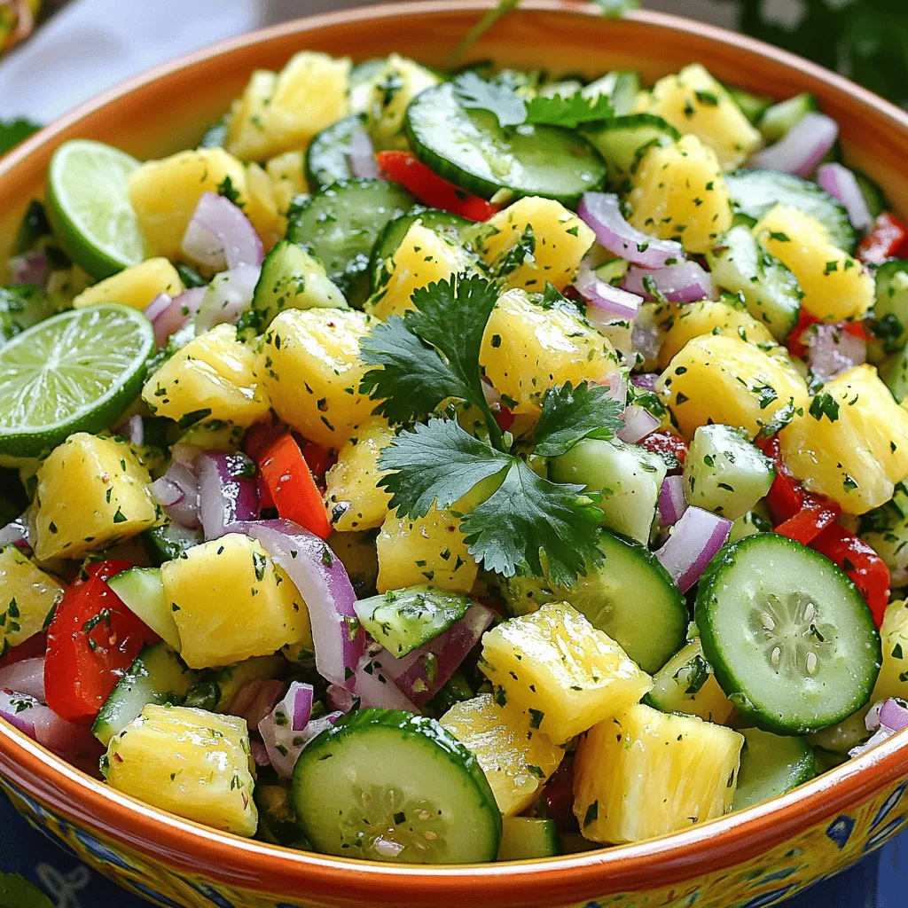To make this Pineapple Cucumber Lime Salad, you need: - 2 cups fresh pineapple, diced into bite-sized pieces - 1 large cucumber, peeled and diced into cubes - 1 red bell pepper, diced for a burst of color - 1/2 red onion, thinly sliced for added flavor - 1/4 cup fresh cilantro, finely chopped - Juice of 2 limes, freshly squeezed for brightness - 1 tablespoon honey (or agave syrup as a vegan alternative) - Salt and freshly cracked pepper, to taste - Optional: 1 jalapeño, finely chopped for a spicy kick You can easily change some ingredients to suit your taste. If you want a different fruit, mango works well. For crunch, try adding radishes or carrots. You can swap red onion for green onion for a milder taste. If you prefer it sweeter, add more honey or use maple syrup. To make it spicier, increase the jalapeño or use a hotter pepper. Picking fresh ingredients is key to this salad's taste. Choose pineapples that smell sweet at the base. They should have a firm feel. The cucumber should be firm with no soft spots. For bell pepper, look for vibrant colors and smooth skin. Red onions should be firm and glossy. Cilantro should look bright green and fresh, not wilted. When you select limes, choose ones that feel heavy for their size and have smooth skin. These tips will help you make a fresh and tasty salad. For the full recipe, check the recipe section above. Start by gathering all your ingredients. You will need: - 2 cups fresh pineapple, diced into bite-sized pieces - 1 large cucumber, peeled and diced into cubes - 1 red bell pepper, diced - 1/2 red onion, thinly sliced - 1/4 cup fresh cilantro, finely chopped - Juice of 2 limes, freshly squeezed - 1 tablespoon honey or agave syrup - Salt and freshly cracked pepper First, chop the pineapple into small pieces. Make sure the pieces are the same size. This helps the flavors mix well. Next, peel the cucumber and cut it into cubes. Then, dice the red bell pepper and slice the red onion thinly. Finally, chop the cilantro finely. Now, let’s make the dressing. In a small bowl, add the lime juice and honey. Whisk them together until you see a smooth mix. This dressing adds a sweet and tangy flavor. In a large bowl, combine the pineapple, cucumber, bell pepper, and onion. Pour the lime-honey dressing over the mix. Toss everything gently with a spatula. This helps coat each piece well. Next, add the chopped cilantro. If you like spice, now is the time to add the jalapeño. Toss the salad again so all ingredients blend nicely. Let the salad sit for about 10 minutes. This time allows the flavors to mix and become tasty. Serve the salad in a colorful bowl. The bright colors will make your dish pop. You can also garnish it with extra cilantro and lime wedges for a fresh look. For the full recipe and exact measurements, check out the Full Recipe section. Enjoy your refreshing Pineapple Cucumber Lime Salad! To make this salad pop, use fresh lime juice. Fresh juice gives a bright, tangy kick. You can add a pinch of salt to bring out the sweet taste of pineapple. If you want more heat, add jalapeño. This spice gives it an extra layer of flavor. Mix the salad and let it sit for ten minutes. This time helps the flavors blend well. Cutting fruits and veggies neatly helps with the salad's look and taste. Use a sharp knife for clean cuts. Start with the pineapple. Cut off the skin, then remove the core. Dice into bite-sized pieces. For the cucumber, peel it first, then dice it. Make sure all pieces are similar in size. This way, they mix well and look nice together. Presentation matters. Serve the salad in a big, bright bowl. This lets the colors shine. Add a sprinkle of fresh cilantro on top. Lime wedges on the side are a nice touch too. They add color and give a hint of zest when served. For a fun twist, you could also use a glass jar for individual servings. It looks great and is easy to grab. For the full recipe, check out the Tropical Crunch Pineapple Cucumber Lime Salad. {{image_4}} You can switch up the ingredients in your salad for new tastes. Try adding mango for a sweeter twist. If you like crunch, toss in some celery or radishes. For a savory touch, diced avocado adds creaminess and richness. You can even swap the red bell pepper for yellow or orange peppers. Each change brings a unique flavor to your Pineapple Cucumber Lime Salad. This salad is naturally vegan and gluten-free. You can keep it simple by using honey or switch to agave syrup if you prefer. If you want a protein boost, add chickpeas or black beans. They fit well with the fresh flavors while making the dish more filling. These options make it a great choice for any diet. Change your ingredients based on the seasons. In summer, use fresh peaches or strawberries for a juicy touch. In fall, try adding diced apples or pears for a crisp bite. For winter, consider including pomegranate seeds for color and crunch. Each season brings its own flavor, so feel free to get creative. The full recipe lets you explore these variations while keeping the dish fresh and fun. To store your Pineapple Cucumber Lime Salad, place it in an airtight container. This keeps the salad fresh for about two days. If you have leftover dressing, store it separately. This helps prevent sogginess in your salad. To keep the salad fresh, avoid mixing the dressing until serving time. Store the salad and dressing in the fridge. If you notice moisture building, gently pat the salad with a paper towel. This helps maintain crispness. Freezing this salad is not ideal. The texture of the pineapple and cucumber can change when thawed. If you want to freeze ingredients, try just the pineapple. Cut it into pieces and place it in a freezer bag. This way, you can use it later in smoothies or desserts. Yes, you can make this salad ahead of time. I recommend preparing it a few hours before serving. This lets the flavors blend well. However, if you want the best texture, add the dressing just before serving. The salad can get soggy if it sits too long with the dressing. To add heat, include finely chopped jalapeño. One jalapeño adds a nice kick. If you like it even spicier, try adding a dash of cayenne pepper. You can also use chopped serrano peppers for a different flavor. This salad pairs well with grilled meats. Try it with chicken or fish. It also goes great with tacos or quesadillas. If you want a light meal, serve it with a bowl of soup. You can find the full recipe here for more details. This blog covered the key ingredients for a tasty Pineapple Cucumber Lime Salad. I shared tips on choosing fresh produce and offered substitutions to meet your needs. You learned step-by-step instructions to prepare and serve this salad. With additional tips, variations, and storage information, you now have all the tools to customize your dish. Remember, enjoying good food is all about finding the right flavors and making it your own. Happy cooking!