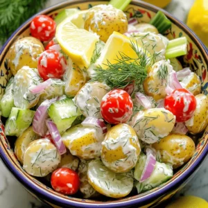 For this fresh take on potato salad, gather these simple yet flavorful ingredients: - 2 pounds baby potatoes, halved - 1/2 cup creamy Greek yogurt - 1/4 cup rich mayonnaise - 1 tablespoon Dijon mustard - 1 tablespoon fresh dill, finely chopped - 1/4 cup red onion, meticulously diced - 1/2 cup cherry tomatoes, sliced in half - 1/3 cup cucumber, diced into small pieces - 1/4 cup celery, chopped into fine pieces - 1 teaspoon garlic powder - Salt and freshly cracked black pepper, to taste - Zest of 1 lemon - Juice of 1 lemon, freshly squeezed If you want to switch things up, here are some great substitutions: - Use sour cream instead of Greek yogurt for a tangy twist. - Swap mayonnaise for avocado for a creamier texture. - Try yellow mustard if you don't have Dijon on hand. - Replace dill with parsley or chives for a different herb flavor. - Cherry tomatoes can be swapped with diced bell peppers for crunch. Want to make this dish lighter? Consider these healthier swaps: - Use low-fat Greek yogurt to cut down on calories. - Choose a light mayonnaise for a lower-fat option. - Add more veggies, like bell peppers or carrots, for extra nutrients. - For a vegan version, replace yogurt and mayo with cashew cream. - Use a sprinkle of smoked paprika instead of salt for flavor without sodium. This recipe brings fresh flavors together and is sure to impress anyone at your table. For the complete guide, check the Full Recipe. First, bring a big pot of salted water to a boil. It should bubble well. Carefully add the halved baby potatoes. Cook for 15-20 minutes until they are soft enough to pierce with a fork. Once done, drain the potatoes in a colander. Let them cool for a few minutes. In a mixing bowl, combine the creamy Greek yogurt and rich mayonnaise. Add the Dijon mustard for a tangy kick. Also, mix in the finely chopped dill, garlic powder, lemon juice, and lemon zest. Whisk everything together until smooth. Taste it and season with salt and pepper to your liking. In a large bowl, add the cooled potatoes. Then, add the diced red onion, halved cherry tomatoes, diced cucumber, and chopped celery. Gently pour your dressing over these ingredients. Use a spatula to fold the dressing in carefully. Ensure every piece is coated evenly. Cover the bowl with plastic wrap or a lid. Place it in the refrigerator for at least 30 minutes. This step allows the flavors to meld together, making the salad even tastier. Before serving, stir the salad gently. Taste it again and adjust the seasoning if needed. For a beautiful finish, add more fresh dill or a sprinkle of lemon zest just before serving. Serve the salad in a big, colorful bowl for an inviting look. You can find the full recipe [here](insert_full_recipe_link). To get the perfect texture in your potato salad, start with baby potatoes. They hold their shape well after cooking. Cook them until fork-tender but not mushy. This keeps them firm and nice to bite into. The creamy Greek yogurt adds a rich taste without being too heavy. Mix in fresh dill for a burst of flavor. It brightens the salad and adds a touch of elegance. Always taste and adjust salt and pepper to bring out the best in your dish. You can make this potato salad a day ahead. Just prepare it and chill it in the fridge. This lets the flavors blend together nicely. Just remember to stir it again before serving. If it seems too thick after chilling, add a splash of lemon juice. This keeps it fresh and vibrant. Serve this potato salad in a bright bowl for a fun touch. Top it with fresh dill sprigs and lemon zest for a pop of color. You can pair it with grilled meats or serve it at picnics. It also goes well with sandwiches or wraps. For extra crunch, sprinkle some crispy bacon bits or toasted nuts on top. This adds a delightful texture that everyone will love. For the full recipe, check out the details above. {{image_4}} You can make a vegan-friendly potato salad easily. Swap the Greek yogurt and mayonnaise for plant-based versions. Use cashew cream or silken tofu for a creamy base. Add a splash of apple cider vinegar for bite. Fresh herbs like parsley or chives boost flavor. You won't miss the dairy! For a Mediterranean flavor, add olives, feta cheese, and sun-dried tomatoes. Use olive oil instead of mayonnaise for richness. Toss in fresh basil or oregano for a vibrant touch. You can add artichoke hearts for more texture. This version brightens up any meal and is sure to impress! If you love heat, try the spicy kick option. Add diced jalapeños or a pinch of cayenne pepper to the dressing. You can mix in chopped pickled jalapeños for extra flavor. A splash of hot sauce can spice things up too. This version pairs well with grilled meats and adds excitement to your table. Each variation offers a new twist on the classic. Try them all for a fresh take on potato salad! For the full recipe, check out Not Your Grandma's Potato Salad. To keep your potato salad fresh, place it in an airtight container. Make sure the lid seals tightly. This helps prevent any strong odors from other foods in your fridge. If you use a bowl, cover it tightly with plastic wrap. Store it in the refrigerator right away. While potato salad tastes best when chilled, you can enjoy it warm too. If you want to heat it, use a microwave. Heat it in short bursts, about 30 seconds each time. Stir it gently to make sure it heats evenly. Avoid heating it too long; you don’t want it to cook further. Properly stored, your potato salad can last up to 3-5 days in the fridge. After that time, check for any off smells or changes in texture. If you notice anything strange, it's best to toss it. For longer storage, consider freezing it. However, freezing may change the texture of the potatoes. For the best taste, enjoy it fresh. For the full recipe, check out Not Your Grandma's Potato Salad. This potato salad stands out for its fresh flavors. I use creamy Greek yogurt and rich mayonnaise. The Dijon mustard adds a tangy kick. Fresh dill and lemon zest brighten the dish. The mix of baby potatoes, cherry tomatoes, cucumber, and celery gives it a crunchy texture. You get a classic feel, but with a twist. Yes, you can! Feel free to swap in your favorites. Try bell peppers for crunch. Add radishes for spice. You can even toss in peas for sweetness. Just make sure to keep the balance of flavors. Mix and match to create your perfect blend. This potato salad is already gluten-free! All the ingredients are safe for a gluten-free diet. Check labels on mayonnaise or yogurt, just in case. You won’t miss the gluten with this tasty salad. Absolutely! Preparing it a day ahead is a great idea. The flavors meld together beautifully overnight. Just store it in the fridge. Give it a quick stir before serving. The chilled taste is refreshing. You can serve it warm if you prefer! Just toss the cooked potatoes with the dressing while they are still warm. This gives a different texture and flavor. It’s a fun way to change things up. Enjoy the warmth with added freshness! This blog post covered all the key steps for making a great potato salad. We listed ingredients, offered swaps, and shared healthier options. I provided clear steps from cooking potatoes to serving tips. You can make this salad your own with different flavors and variations. Remember to store leftovers correctly to enjoy them later. With these tips, your potato salad will shine at any gathering. Now, go ahead and create your tasty dish!