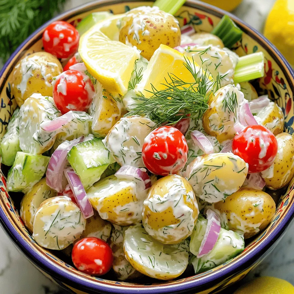 For this fresh take on potato salad, gather these simple yet flavorful ingredients: - 2 pounds baby potatoes, halved - 1/2 cup creamy Greek yogurt - 1/4 cup rich mayonnaise - 1 tablespoon Dijon mustard - 1 tablespoon fresh dill, finely chopped - 1/4 cup red onion, meticulously diced - 1/2 cup cherry tomatoes, sliced in half - 1/3 cup cucumber, diced into small pieces - 1/4 cup celery, chopped into fine pieces - 1 teaspoon garlic powder - Salt and freshly cracked black pepper, to taste - Zest of 1 lemon - Juice of 1 lemon, freshly squeezed If you want to switch things up, here are some great substitutions: - Use sour cream instead of Greek yogurt for a tangy twist. - Swap mayonnaise for avocado for a creamier texture. - Try yellow mustard if you don't have Dijon on hand. - Replace dill with parsley or chives for a different herb flavor. - Cherry tomatoes can be swapped with diced bell peppers for crunch. Want to make this dish lighter? Consider these healthier swaps: - Use low-fat Greek yogurt to cut down on calories. - Choose a light mayonnaise for a lower-fat option. - Add more veggies, like bell peppers or carrots, for extra nutrients. - For a vegan version, replace yogurt and mayo with cashew cream. - Use a sprinkle of smoked paprika instead of salt for flavor without sodium. This recipe brings fresh flavors together and is sure to impress anyone at your table. For the complete guide, check the Full Recipe. First, bring a big pot of salted water to a boil. It should bubble well. Carefully add the halved baby potatoes. Cook for 15-20 minutes until they are soft enough to pierce with a fork. Once done, drain the potatoes in a colander. Let them cool for a few minutes. In a mixing bowl, combine the creamy Greek yogurt and rich mayonnaise. Add the Dijon mustard for a tangy kick. Also, mix in the finely chopped dill, garlic powder, lemon juice, and lemon zest. Whisk everything together until smooth. Taste it and season with salt and pepper to your liking. In a large bowl, add the cooled potatoes. Then, add the diced red onion, halved cherry tomatoes, diced cucumber, and chopped celery. Gently pour your dressing over these ingredients. Use a spatula to fold the dressing in carefully. Ensure every piece is coated evenly. Cover the bowl with plastic wrap or a lid. Place it in the refrigerator for at least 30 minutes. This step allows the flavors to meld together, making the salad even tastier. Before serving, stir the salad gently. Taste it again and adjust the seasoning if needed. For a beautiful finish, add more fresh dill or a sprinkle of lemon zest just before serving. Serve the salad in a big, colorful bowl for an inviting look. You can find the full recipe [here](insert_full_recipe_link). To get the perfect texture in your potato salad, start with baby potatoes. They hold their shape well after cooking. Cook them until fork-tender but not mushy. This keeps them firm and nice to bite into. The creamy Greek yogurt adds a rich taste without being too heavy. Mix in fresh dill for a burst of flavor. It brightens the salad and adds a touch of elegance. Always taste and adjust salt and pepper to bring out the best in your dish. You can make this potato salad a day ahead. Just prepare it and chill it in the fridge. This lets the flavors blend together nicely. Just remember to stir it again before serving. If it seems too thick after chilling, add a splash of lemon juice. This keeps it fresh and vibrant. Serve this potato salad in a bright bowl for a fun touch. Top it with fresh dill sprigs and lemon zest for a pop of color. You can pair it with grilled meats or serve it at picnics. It also goes well with sandwiches or wraps. For extra crunch, sprinkle some crispy bacon bits or toasted nuts on top. This adds a delightful texture that everyone will love. For the full recipe, check out the details above. {{image_4}} You can make a vegan-friendly potato salad easily. Swap the Greek yogurt and mayonnaise for plant-based versions. Use cashew cream or silken tofu for a creamy base. Add a splash of apple cider vinegar for bite. Fresh herbs like parsley or chives boost flavor. You won't miss the dairy! For a Mediterranean flavor, add olives, feta cheese, and sun-dried tomatoes. Use olive oil instead of mayonnaise for richness. Toss in fresh basil or oregano for a vibrant touch. You can add artichoke hearts for more texture. This version brightens up any meal and is sure to impress! If you love heat, try the spicy kick option. Add diced jalapeños or a pinch of cayenne pepper to the dressing. You can mix in chopped pickled jalapeños for extra flavor. A splash of hot sauce can spice things up too. This version pairs well with grilled meats and adds excitement to your table. Each variation offers a new twist on the classic. Try them all for a fresh take on potato salad! For the full recipe, check out Not Your Grandma's Potato Salad. To keep your potato salad fresh, place it in an airtight container. Make sure the lid seals tightly. This helps prevent any strong odors from other foods in your fridge. If you use a bowl, cover it tightly with plastic wrap. Store it in the refrigerator right away. While potato salad tastes best when chilled, you can enjoy it warm too. If you want to heat it, use a microwave. Heat it in short bursts, about 30 seconds each time. Stir it gently to make sure it heats evenly. Avoid heating it too long; you don’t want it to cook further. Properly stored, your potato salad can last up to 3-5 days in the fridge. After that time, check for any off smells or changes in texture. If you notice anything strange, it's best to toss it. For longer storage, consider freezing it. However, freezing may change the texture of the potatoes. For the best taste, enjoy it fresh. For the full recipe, check out Not Your Grandma's Potato Salad. This potato salad stands out for its fresh flavors. I use creamy Greek yogurt and rich mayonnaise. The Dijon mustard adds a tangy kick. Fresh dill and lemon zest brighten the dish. The mix of baby potatoes, cherry tomatoes, cucumber, and celery gives it a crunchy texture. You get a classic feel, but with a twist. Yes, you can! Feel free to swap in your favorites. Try bell peppers for crunch. Add radishes for spice. You can even toss in peas for sweetness. Just make sure to keep the balance of flavors. Mix and match to create your perfect blend. This potato salad is already gluten-free! All the ingredients are safe for a gluten-free diet. Check labels on mayonnaise or yogurt, just in case. You won’t miss the gluten with this tasty salad. Absolutely! Preparing it a day ahead is a great idea. The flavors meld together beautifully overnight. Just store it in the fridge. Give it a quick stir before serving. The chilled taste is refreshing. You can serve it warm if you prefer! Just toss the cooked potatoes with the dressing while they are still warm. This gives a different texture and flavor. It’s a fun way to change things up. Enjoy the warmth with added freshness! This blog post covered all the key steps for making a great potato salad. We listed ingredients, offered swaps, and shared healthier options. I provided clear steps from cooking potatoes to serving tips. You can make this salad your own with different flavors and variations. Remember to store leftovers correctly to enjoy them later. With these tips, your potato salad will shine at any gathering. Now, go ahead and create your tasty dish!