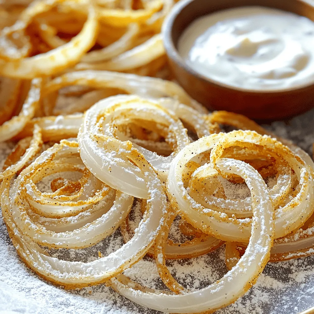 - 2 large onions, thinly sliced - 1 cup all-purpose flour - 1 teaspoon garlic powder - 1 teaspoon smoked paprika - 1 teaspoon salt - 1/2 teaspoon black pepper - 1/2 teaspoon cayenne pepper (optional for an extra kick) - 1 tablespoon olive oil - 1/4 cup buttermilk (or plant-based milk for a vegan version) - Add herbs like thyme or oregano for more flavor. - Try different spices, such as curry powder or cumin, for a unique twist. - Use panko breadcrumbs instead of flour for extra crunch. - If you have a gluten allergy, use a gluten-free flour blend. - For dairy-free, use plant-based milk in place of buttermilk. - You can use sweet onions, such as Vidalia, for a milder taste. - Make sure your seasonings are allergen-free if you have specific dietary needs. This recipe is flexible, so adjust it to fit your taste and needs. For the full recipe, check the detailed steps above. To start, gather your dry ingredients. In a medium mixing bowl, whisk together the all-purpose flour, garlic powder, smoked paprika, salt, black pepper, and cayenne pepper. Mix until everything is well combined. This blend gives the onions great flavor and crunch. Next, you’ll need to coat the onions. Pour the buttermilk into a separate bowl. Toss the thinly sliced onions into the buttermilk, ensuring each slice is coated well. This step helps the dry mixture stick. After that, dredge the wet onions into the flour mixture. Press gently so that the flour sticks well. Shake off any extra flour to avoid clumps. Now it’s time to air fry! Preheat your air fryer to 375°F (190°C) for about 5 minutes. This step is crucial for crispy results. Lightly drizzle olive oil over the floured onions and toss them again. Place the coated onions in the air fryer basket. Make sure they are in a single layer for even cooking. Air fry for 12 to 15 minutes, shaking the basket halfway through. Watch closely until they turn golden brown and crispy. When done, transfer the crispy onions to a paper towel-lined plate to soak up any extra oil. If you have more onions, repeat the dredging and air frying process. To get that perfect crunch, use thin slices of onion. The thinner the slice, the more crispy texture you’ll achieve. Soak your onions in buttermilk for at least 10 minutes. This step helps the flour stick better. Make sure to coat each slice well with the flour mix. A light drizzle of olive oil before air frying is key to that golden color. One common mistake is overcrowding the air fryer. If you pile the onions too high, they won’t cook evenly. Always arrange them in a single layer. Another mistake is not shaking the basket halfway through cooking. This helps promote even browning. Lastly, don’t skip the paper towel step after frying. It absorbs extra oil and keeps your onions crispy. Cooking time can vary based on the air fryer model. Start with 12 minutes, then check for doneness. If they aren’t golden brown yet, add a few more minutes. Keep an eye on them, as they can go from perfect to burnt quickly. For a larger batch, you may need to split them into two or more rounds. This ensures even cooking and crispiness. For the full recipe, check out the Air Fryer Crispy Onions section above. {{image_4}} You can easily make these crispy onions vegan. Simply swap buttermilk with plant-based milk like almond or soy. The rest of the recipe stays the same. This change does not affect the flavor. Your crispy onions will still taste amazing and crunchy. Get creative with flavors! You can add different spices to the dry mix. Here are some fun ideas: - Cajun Spice: Use Cajun seasoning for a southern twist. - Italian Herbs: Mix in dried oregano and basil for an Italian flair. - Curry Powder: Add curry powder for a warm, exotic taste. Feel free to adjust the spice levels based on your taste. A little heat can make a big difference! Crispy onions are great on many dishes. Here are some tasty ideas for serving: - Topping for Salads: Sprinkle them over salads for a crunchy texture. - Garnish for Soups: Add them to soups for a flavorful finish. - On Tacos: Use them as a topping for tacos or burritos for extra crunch. These onions can also be a snack on their own. Pair them with dipping sauces like ranch or spicy mayo for a delightful treat. Enjoy the crunch! To store leftover crispy onions, let them cool first. Place them in an airtight container. Keep the container in the fridge. This will help maintain their crunch for about three days. If you notice any moisture, add a paper towel to absorb it. This keeps your crispy onions fresh and ready for use. When you want to enjoy your crispy onions again, reheating is key. The best way is to use the air fryer. Preheat your air fryer to 350°F (175°C). Place the onions in the basket for about 5 minutes. This method revives the crispiness. You can also use an oven. Spread the onions on a baking sheet and heat them at the same temperature until warm. Freezing crispy onions is easy and smart. First, let them cool completely. Spread them on a baking sheet in a single layer. Freeze for about an hour. This prevents them from sticking together. Afterward, transfer the frozen onions to a freezer bag. They can last up to three months. When you’re ready to use them, just reheat as mentioned above. Enjoy the crunch any time! To make crispy onions in an air fryer, follow these steps: 1. Slice the Onions: Thinly slice two large onions. 2. Prepare the Dry Mixture: In a bowl, mix flour, garlic powder, smoked paprika, salt, black pepper, and cayenne pepper. 3. Coat the Onions: Soak the sliced onions in buttermilk, then toss them to coat. 4. Dredge the Onions: Roll the coated onions in the dry mixture. 5. Preheat the Air Fryer: Set it to 375°F (190°C) for five minutes. 6. Add Oil: Drizzle olive oil over the floured onions and mix well. 7. Air Fry the Onions: Place them in the basket in a single layer. Cook for 12-15 minutes, shaking halfway for even cooking. 8. Drain Excess Oil: Transfer them to a paper towel-lined plate to keep them crispy. You can find the full recipe above for more details! Yes, you can use other types of onions! While yellow onions are common, red onions add a sweet flavor. Sweet onions, like Vidalia, also work well. Each type gives a unique taste, so choose based on your preference. Crispy onions are very versatile! Use them as a crunchy topping on salads, casseroles, or baked potatoes. They add flavor and texture to burgers and sandwiches. You can also enjoy them as a snack with dips. Get creative and enjoy these crispy delights! This blog post covered how to make crispy onions in an air fryer. We discussed key ingredients, step-by-step instructions, and valuable tips. You also learned about variations, storage methods, and answers to common questions. Try different seasonings for unique flavors. Remember not to overcrowd the fryer for best results. Enjoy your crispy onions on salads, burgers, or as snacks. Happy cooking!