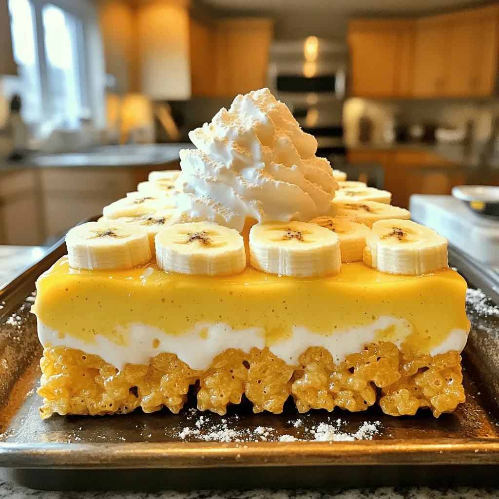 - Rice Krispie cereal: 4 cups - Mini marshmallows: 1 cup - Unsalted butter: 1/2 cup - Vanilla extract: 1/2 teaspoon - Instant banana pudding mix: 1 box (3.4 oz) - Milk: 1 cup - Fresh sliced bananas: 1 cup - Whipped cream (optional for garnish): 1/2 cup - Crushed vanilla wafers (for topping): 1/4 cup To make these treats, you will need simple ingredients. Rice Krispie cereal gives the treats their crisp and crunchy base. Mini marshmallows add sweetness and a soft texture. Unsalted butter helps bind everything together. A touch of vanilla extract gives a warm flavor. The star of this recipe is the instant banana pudding mix. It brings that rich banana flavor we all love. You'll also use milk to mix with the pudding. Fresh sliced bananas add a burst of fruitiness. For a fun presentation, you can add whipped cream and crushed vanilla wafers on top. You can find the full recipe for these delicious Banana Pudding Rice Krispie Treats. Let’s gather these ingredients and get ready to create a tasty treat! 1. Start by greasing a 9x13 inch baking dish. Use a small amount of butter. This helps prevent sticking. 2. In a large saucepan, melt the butter over low heat. Once melted, add the mini marshmallows. Stir until smooth. 3. Remove from heat and mix in the vanilla extract. This adds a lovely flavor. 1. Gradually add the Rice Krispie cereal to the marshmallow mix. Stir gently until all cereal is coated. 2. In a separate bowl, mix the instant banana pudding with the milk. Whisk for two minutes until it thickens. 3. Fold in the fresh sliced bananas. Be careful not to mash them. You want nice chunks of banana. 1. Let the Rice Krispie mix cool a bit. Then, press half into the greased baking dish. This forms the first layer. 2. Spoon the banana pudding mix over the Rice Krispie layer. Spread it out evenly. 3. Crumble the rest of the Rice Krispie mixture on top. Press it down gently to hold the layers together. You can find the full recipe with detailed steps and tips to make your treats shine! To get the best texture for Banana Pudding Rice Krispie Treats, let the mixture cool slightly before you press it into the pan. This step helps keep the treats fluffy and light. If the mixture is too hot, it can flatten out and lose that perfect bite. Make sure to evenly distribute the bananas when you mix them in. This way, each bite gets a taste of banana. You want those sweet bits in every square. When serving these treats, use a nice platter. It makes them look more inviting. You can add a drizzle of chocolate syrup on top for a fun twist. Slices of fresh banana on each piece add color and freshness, too. For a special touch, try adding dollops of whipped cream on top. It gives a creamy finish that everyone loves. A common mistake is overheating the butter and marshmallows. If you cook them too much, the treats may become too hard. Keep the heat low and stir until just melted. Another mistake is not letting the mixture set properly. If you slice them too soon, they may fall apart. Chill the treats in the fridge for at least an hour before cutting. This makes them easier to handle and helps keep their shape. For the full recipe, check out the section above! {{image_4}} Chocolate Banana Pudding Rice Krispie Treats To add a twist, mix in cocoa powder. Use 1/4 cup of cocoa with the Rice Krispie cereal. This gives your treats a rich chocolate taste. Top with chocolate shavings for a fun finish. Nutty Banana Pudding Variants If you love nuts, add chopped walnuts or pecans. Mix in 1/2 cup of nuts into the Rice Krispie layer. This adds a nice crunch and a nutty flavor. You can also sprinkle some on top for extra flair. Gluten-free options To make these treats gluten-free, use gluten-free Rice Krispie cereal. Check labels to ensure all ingredients are safe. This way, everyone can enjoy the fun without worries. Dairy-free substitutions If you need dairy-free treats, swap the butter with coconut oil. Use a non-dairy milk like almond or oat milk in the pudding mix. This keeps the taste delicious while meeting dietary needs. Individual servings in cups For a fun twist, serve the treats in small cups. Layer the Rice Krispie mixture and pudding in clear cups. Kids will love their own little dessert cups, and it looks great too! Layering in dessert jars You can also use mason jars for a trendy look. Layer the Rice Krispie mix, pudding, and bananas in jars. This makes for a beautiful presentation and is perfect for parties. For the full recipe, check out the earlier section! Store your Banana Pudding Rice Krispie Treats in an airtight container. This keeps them fresh and moist. I recommend using a glass or plastic container with a tight lid. Place a piece of parchment paper between layers to avoid sticking. Keep them at room temperature for the best taste. Do not expose them to heat or direct sunlight. A cool, dry spot works best for storage. These treats last about 3 to 5 days. After this time, they may start to lose their texture and flavor. Look for changes in smell or a hard texture. If they feel tough or dry, it's time to toss them. Yes, you can freeze these treats! Wrap them tightly in plastic wrap, then place them in a freezer bag. This way, they stay fresh for up to 2 months. For thawing, take them out and let them sit at room temperature for about 30 minutes. This helps keep their texture nice and soft. Enjoy your treats anytime you crave a sweet bite! For the full recipe, check out the detailed instructions above. Yes, you can make these treats ahead of time. To do this, follow these tips for best results: - Make the treats and allow them to cool completely. - Once cooled, slice them into squares. - Store them in an airtight container. - Keep them in the fridge for up to three days. Making them ahead of time helps the flavors meld nicely. Just remember to let them sit at room temperature for a few minutes before serving for the best texture. If you do not have Rice Krispie cereal, there are great alternatives. Here are a few options: - Cornflakes: These work well and add a nice crunch. - Puffed rice: A lighter option that maintains the texture. - Cheerios: These offer a different flavor but still hold up well. - Granola: A sweet and crunchy twist that adds a unique flavor. Feel free to experiment! Each cereal will give your treats a different taste and texture. To keep your Banana Pudding Rice Krispie Treats fresh, follow these storage tips: - Place them in an airtight container to prevent them from drying out. - Store them in the fridge for up to three days. - For longer storage, wrap them in plastic wrap and put them in the freezer. To enjoy them later, simply thaw them in the fridge overnight. This way, you can savor the deliciousness whenever you want! This blog post covered how to make delicious Banana Pudding Rice Krispie Treats. We listed the simple ingredients and provided easy steps to create this tasty dessert. Don’t forget the tips for the best texture and serving ideas. Variations can add fun twists to your treats, and storage tips help keep them fresh. Enjoy making these treats that everyone will love. Each bite will remind you of classic banana pudding. Let's get creating!
