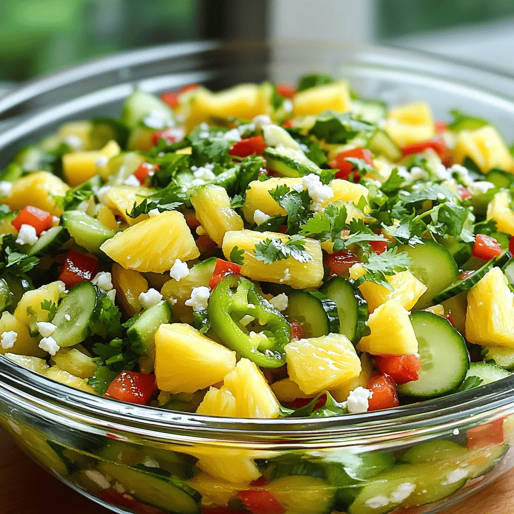 To make this vibrant pineapple cucumber salad, you will need the following fresh ingredients: - 2 cups fresh pineapple, diced into bite-sized pieces - 1 large cucumber, carefully thinly sliced - 1 red bell pepper, diced into small cubes - 1 jalapeño, finely chopped (optional, for added heat) - 1/4 red onion, sliced thinly - 1/4 cup fresh cilantro, coarsely chopped - Juice of 2 fresh limes - 2 tablespoons honey or agave syrup for sweetness - Salt and freshly ground pepper to taste - 1/4 cup crumbled feta cheese (optional, for a creamy and savory touch) These bright ingredients create a refreshing dish that bursts with flavor. Each component adds its own unique taste and texture. The sweetness of the pineapple balances the crunch of the cucumber. The bell pepper adds a touch of color and sweetness, while the jalapeño can give a slight kick. Lime juice brings brightness, and honey adds a hint of sweetness. Feta cheese, if you choose to include it, adds creaminess. Using fresh ingredients makes a big difference in taste. When you prepare this salad, pick ripe pineapple and crisp cucumbers for the best results. You can find the full recipe to guide you through the steps of creating this delicious salad. - First, take your large mixing bowl. Combine diced pineapple, cucumber, red bell pepper, jalapeño, and red onion in it. - Next, prepare the dressing. In a small bowl, whisk together lime juice and honey or agave syrup until smooth. - Now, drizzle the dressing over your salad mix. Gently toss everything to coat well. - Add chopped cilantro to the salad. Season it with salt and pepper to taste. - If you like, top the salad with crumbled feta cheese for an extra flavor kick. - Finally, cover the salad and refrigerate it for at least 30 minutes. This allows the flavors to blend nicely. Enjoy this fresh and vibrant pineapple cucumber salad! For the full recipe, check out the details provided earlier. - Use ripe, fresh ingredients for optimal taste. - Allow the salad to chill for better flavor fusion. Ripe pineapple and cucumber bring out the best taste. Fresh herbs like cilantro also add more flavor. I always choose ingredients that are in season. They taste better and are often cheaper. When you let the salad chill, it helps the flavors mix. The lime juice and honey will blend nicely. I recommend at least 30 minutes in the fridge. - Garnish with additional cilantro or lime slices before serving. - Serve in colorful bowls for visual appeal. A great-looking dish makes every meal special. I love to add extra cilantro on top. It gives a nice pop of green. Lime slices also add a bright touch. Using colorful bowls makes the salad stand out. It’s fun to eat when it looks good. For the full recipe, check out the details provided. {{image_4}} You can enhance your pineapple cucumber salad in fun ways. Adding avocado gives it a creamy texture. The rich, smooth taste of avocado pairs well with the fresh crunch of cucumber and pineapple. Another option is to mix in different herbs. Mint or basil can add a unique flavor twist. They bring a refreshing taste that elevates the salad. If you want to make this salad vegan, just skip the feta cheese. The salad will still be tasty and colorful. You can also swap honey with maple syrup for a vegan-friendly sweetener. Maple syrup brings a lovely flavor that complements the other ingredients. These simple changes keep the dish fresh and fun while meeting dietary needs. For the full recipe, check out the [Full Recipe]. Store any leftover pineapple cucumber salad in an airtight container. This keeps it fresh. If you plan to eat it later, keep the salad and dressing separate. This helps maintain its crunchiness. For the best taste, eat the salad within 2 days. After that, it may lose its fresh flavor and texture. Enjoy your salad while it's still at its peak! Yes, but fresh pineapple is recommended for the best flavor. Canned pineapple can be mushy and lacks the crispness of fresh fruit. Fresh pineapple offers a sweet and tangy taste that brightens the whole dish. If you use canned, drain it well to avoid excess liquid. This salad is best enjoyed chilled. Cooling the salad allows the flavors to blend nicely. The cold temperature enhances the refreshing taste of the pineapple and cucumber. It makes a perfect dish for hot days or barbecues. Yes, it can be prepared a few hours in advance. Just refrigerate until serving. Making it ahead lets the flavors meld together beautifully. However, if you plan to add feta, do so right before serving to keep it fresh and creamy. Check out the Full Recipe for more details! This blog post shared a fresh salad recipe that blends pineapple, cucumber, and bell pepper. You learned how to prepare a simple dressing and add flavor with herbs and seasonings. I also shared tips for enhancing taste and making variations. Remember to chill the salad for the best flavor. Storing it in the fridge keeps it fresh. Enjoy this vibrant dish at your next meal or gathering. It's colorful, tasty, and easy to make!