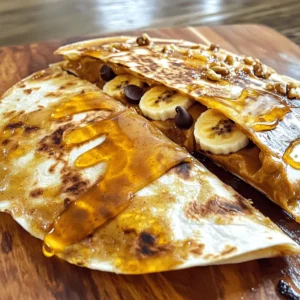 - Large flour tortillas - Peanut butter (creamy or crunchy) - Ripe banana - Honey - Ground cinnamon - Chopped walnuts or almonds - Mini chocolate chips - Non-stick skillet - Cooking spray or butter - Serving plate Gathering fresh ingredients is key for a tasty peanut butter quesadilla. Start with large flour tortillas. They give a great base and hold the filling well. Then, grab your favorite peanut butter. Creamy or crunchy, it’s all good! A ripe banana adds natural sweetness and texture. For optional ingredients, think about honey. It adds a sweet touch. Ground cinnamon gives warmth and flavor. If you like nuts, chopped walnuts or almonds add a nice crunch. Mini chocolate chips can make this dish even sweeter. You need some cooking supplies too. A non-stick skillet helps cook the quesadilla evenly. Using cooking spray or butter keeps it from sticking. Finally, a serving plate makes for a nice presentation when you serve. For the complete recipe, check the Full Recipe. - Preheat a non-stick skillet over medium heat. - Lightly coat the skillet with cooking spray or butter to prevent sticking. - Grab two large flour tortillas. - Spread 1/4 cup of peanut butter on each tortilla. Cover the whole surface. - On one tortilla, layer banana slices evenly. - Drizzle honey over the banana slices. - Sprinkle ground cinnamon on top for flavor. - If you want, add chopped walnuts or mini chocolate chips for some crunch and sweetness. - Place the second tortilla on top, peanut butter side down. - Place the quesadilla in the preheated skillet. - Cook it for about 2-3 minutes on each side. - Look for a golden brown color on the tortillas. - The peanut butter should become gooey and warm. - Once done, take it out and let it cool for one minute. - Cut the quesadilla into wedges for easy serving. Enjoy your peanut butter quesadilla warm! For more details, check the Full Recipe. To get the best texture, use fresh tortillas. They should be soft but not too thick. For a perfect bite, spread the peanut butter evenly. This helps it melt just right. If you want more sweetness, add extra honey. You can also adjust the ground cinnamon. A little more can enhance the flavor. If you like crunch, add chopped nuts. They give a nice contrast to the creamy peanut butter. When serving, cut the quesadilla into wedges. Arrange them on a colorful plate. For a fun touch, add honey in a small bowl for dipping. You can also sprinkle some chopped nuts on top. This makes your dish look fancy and inviting. Be careful not to overcook the quesadilla. If you do, it may burn and taste bitter. Keep an eye on it while cooking. Also, don't skip the optional crunch elements. They add texture and make your quesadilla more exciting. If you leave them out, the dish may feel flat and boring. {{image_4}} You can switch up the flavor by using almond butter instead of peanut butter. Almond butter gives a nutty taste and is tasty. You can also try adding fruits like strawberries or apples. These fruits add fresh flavors and colors. Just slice them thin and layer them on the quesadilla. If you follow a vegan diet, use plant-based options. Swap honey for maple syrup or agave nectar. You can also choose gluten-free tortillas. Many stores sell these, and they taste great. Check the labels to find the best ones for your needs. You can enjoy this quesadilla for breakfast by adding eggs. Scramble or fry eggs, then place them inside the quesadilla before cooking. It makes a filling meal! For dessert, serve the quesadilla with ice cream or whipped cream. Drizzle chocolate sauce on top for a sweet treat. For the Full Recipe, check out the details to create your own delicious version! After you make your peanut butter quesadilla, you can store it in the fridge. Wrap it in plastic wrap or place it in an airtight container. This keeps it fresh and tasty. You should eat it within 2-3 days for the best flavor. When you want to reheat it, use a skillet on medium heat. Heat each side for 1-2 minutes. This keeps the quesadilla crispy and warm. You can also use a microwave, but it may get a bit soft. You can freeze your quesadillas for later. Wrap each one in plastic wrap, then put them in a freezer-safe bag. They can stay good for up to 3 months. To thaw, place the frozen quesadilla in the fridge overnight. Once thawed, reheat in a skillet as mentioned before. This way, you’ll enjoy the same great taste! Leftovers can last about 2-3 days in the fridge. Always check for signs of spoilage before eating. If you see mold or a bad smell, throw it away. If the quesadilla feels slimy or has an off-taste, do not eat it. Keeping track of how long your food sits in the fridge helps you stay safe. Enjoy your peanut butter quesadilla delight! For a full recipe, check out the [Full Recipe]. If you have allergies or want a change, try these spreads: - Almond butter - Sunflower seed butter - Cashew butter - Soy nut butter These options give you a similar taste and texture. Each spread has its own unique flavor. Yes, you can prepare this quesadilla in advance. Here’s how: - Assemble the quesadilla but do not cook it. - Wrap it tightly in plastic wrap or foil. - Store it in the fridge for 1-2 days. - To cook, heat it in a skillet until golden brown. This makes for an easy meal when you're busy! Boost the nutrition with these healthy ideas: - Sliced strawberries or apples - Chia seeds or flaxseeds - Greek yogurt on the side Adding these ingredients makes your quesadilla even more delicious and healthy. You can mix and match to find your favorites! This blog post explored how to make a delicious peanut butter quesadilla. We covered key ingredients like flour tortillas, peanut butter, and bananas. You learned how to prepare, assemble, and cook your quesadilla. Tips and tricks helped you avoid common mistakes and presented new ways to serve. Variations offered creative spins, while storage info gave guidance on leftovers. With this recipe, you can enjoy a tasty treat any time. Happy cooking!