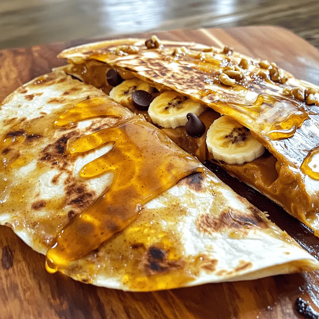 - Large flour tortillas - Peanut butter (creamy or crunchy) - Ripe banana - Honey - Ground cinnamon - Chopped walnuts or almonds - Mini chocolate chips - Non-stick skillet - Cooking spray or butter - Serving plate Gathering fresh ingredients is key for a tasty peanut butter quesadilla. Start with large flour tortillas. They give a great base and hold the filling well. Then, grab your favorite peanut butter. Creamy or crunchy, it’s all good! A ripe banana adds natural sweetness and texture. For optional ingredients, think about honey. It adds a sweet touch. Ground cinnamon gives warmth and flavor. If you like nuts, chopped walnuts or almonds add a nice crunch. Mini chocolate chips can make this dish even sweeter. You need some cooking supplies too. A non-stick skillet helps cook the quesadilla evenly. Using cooking spray or butter keeps it from sticking. Finally, a serving plate makes for a nice presentation when you serve. For the complete recipe, check the Full Recipe. - Preheat a non-stick skillet over medium heat. - Lightly coat the skillet with cooking spray or butter to prevent sticking. - Grab two large flour tortillas. - Spread 1/4 cup of peanut butter on each tortilla. Cover the whole surface. - On one tortilla, layer banana slices evenly. - Drizzle honey over the banana slices. - Sprinkle ground cinnamon on top for flavor. - If you want, add chopped walnuts or mini chocolate chips for some crunch and sweetness. - Place the second tortilla on top, peanut butter side down. - Place the quesadilla in the preheated skillet. - Cook it for about 2-3 minutes on each side. - Look for a golden brown color on the tortillas. - The peanut butter should become gooey and warm. - Once done, take it out and let it cool for one minute. - Cut the quesadilla into wedges for easy serving. Enjoy your peanut butter quesadilla warm! For more details, check the Full Recipe. To get the best texture, use fresh tortillas. They should be soft but not too thick. For a perfect bite, spread the peanut butter evenly. This helps it melt just right. If you want more sweetness, add extra honey. You can also adjust the ground cinnamon. A little more can enhance the flavor. If you like crunch, add chopped nuts. They give a nice contrast to the creamy peanut butter. When serving, cut the quesadilla into wedges. Arrange them on a colorful plate. For a fun touch, add honey in a small bowl for dipping. You can also sprinkle some chopped nuts on top. This makes your dish look fancy and inviting. Be careful not to overcook the quesadilla. If you do, it may burn and taste bitter. Keep an eye on it while cooking. Also, don't skip the optional crunch elements. They add texture and make your quesadilla more exciting. If you leave them out, the dish may feel flat and boring. {{image_4}} You can switch up the flavor by using almond butter instead of peanut butter. Almond butter gives a nutty taste and is tasty. You can also try adding fruits like strawberries or apples. These fruits add fresh flavors and colors. Just slice them thin and layer them on the quesadilla. If you follow a vegan diet, use plant-based options. Swap honey for maple syrup or agave nectar. You can also choose gluten-free tortillas. Many stores sell these, and they taste great. Check the labels to find the best ones for your needs. You can enjoy this quesadilla for breakfast by adding eggs. Scramble or fry eggs, then place them inside the quesadilla before cooking. It makes a filling meal! For dessert, serve the quesadilla with ice cream or whipped cream. Drizzle chocolate sauce on top for a sweet treat. For the Full Recipe, check out the details to create your own delicious version! After you make your peanut butter quesadilla, you can store it in the fridge. Wrap it in plastic wrap or place it in an airtight container. This keeps it fresh and tasty. You should eat it within 2-3 days for the best flavor. When you want to reheat it, use a skillet on medium heat. Heat each side for 1-2 minutes. This keeps the quesadilla crispy and warm. You can also use a microwave, but it may get a bit soft. You can freeze your quesadillas for later. Wrap each one in plastic wrap, then put them in a freezer-safe bag. They can stay good for up to 3 months. To thaw, place the frozen quesadilla in the fridge overnight. Once thawed, reheat in a skillet as mentioned before. This way, you’ll enjoy the same great taste! Leftovers can last about 2-3 days in the fridge. Always check for signs of spoilage before eating. If you see mold or a bad smell, throw it away. If the quesadilla feels slimy or has an off-taste, do not eat it. Keeping track of how long your food sits in the fridge helps you stay safe. Enjoy your peanut butter quesadilla delight! For a full recipe, check out the [Full Recipe]. If you have allergies or want a change, try these spreads: - Almond butter - Sunflower seed butter - Cashew butter - Soy nut butter These options give you a similar taste and texture. Each spread has its own unique flavor. Yes, you can prepare this quesadilla in advance. Here’s how: - Assemble the quesadilla but do not cook it. - Wrap it tightly in plastic wrap or foil. - Store it in the fridge for 1-2 days. - To cook, heat it in a skillet until golden brown. This makes for an easy meal when you're busy! Boost the nutrition with these healthy ideas: - Sliced strawberries or apples - Chia seeds or flaxseeds - Greek yogurt on the side Adding these ingredients makes your quesadilla even more delicious and healthy. You can mix and match to find your favorites! This blog post explored how to make a delicious peanut butter quesadilla. We covered key ingredients like flour tortillas, peanut butter, and bananas. You learned how to prepare, assemble, and cook your quesadilla. Tips and tricks helped you avoid common mistakes and presented new ways to serve. Variations offered creative spins, while storage info gave guidance on leftovers. With this recipe, you can enjoy a tasty treat any time. Happy cooking!