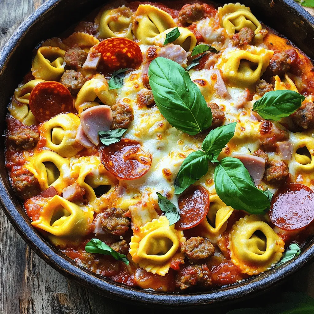- 2 cups cheese tortellini (fresh or frozen) - 1 cup cooked Italian sausage, crumbled - 1 cup pepperoni slices - 1 cup diced ham - 1 cup shredded mozzarella cheese - 1 cup pizza sauce To make Meat Lovers Pizza Tortellini, start with hearty ingredients. Cheese tortellini gives a nice base. I love using fresh or frozen, depending on what I have. The meats are key. I use cooked Italian sausage, pepperoni, and diced ham. Each meat adds its own flavor. Together, they create a rich, savory taste. Cheese and sauce tie everything together. Shredded mozzarella melts perfectly on top. Pizza sauce gives that classic pizza flavor. You can use store-bought or homemade for this dish. - 1 teaspoon dried oregano - 1 teaspoon garlic powder - 1 tablespoon olive oil - Fresh basil leaves for garnish (optional) Seasoning brings out the best in this dish. I add dried oregano and garlic powder for a burst of flavor. Olive oil helps sauté the meat and gives a nice touch. Fresh basil leaves are optional but add freshness. They make the dish look beautiful too. For the full recipe, check the detailed steps to create this flavorful dish. Boil a large pot of salted water. Bring it to a rolling boil. Once boiling, add 2 cups of cheese tortellini. Cook according to the package instructions until the tortellini is al dente. This usually takes about 3-5 minutes. Drain the tortellini in a colander and set it aside. In a large skillet, heat 1 tablespoon of olive oil over medium heat. Wait until the oil is hot. Add 1 cup of crumbled Italian sausage. Cook it for about 5-7 minutes. You want the sausage to be evenly browned and cooked through. Now, add 1 cup of pepperoni slices and 1 cup of diced ham to the skillet. Stir and sauté for another 3-4 minutes. The pepperoni will become slightly crispy, which adds great flavor. Next, pour in 1 cup of pizza sauce, along with 1 teaspoon of dried oregano and 1 teaspoon of garlic powder. Stir well to mix everything together. Let this mixture simmer for 2-3 minutes. This helps the flavors to blend. Gently fold the cooked tortellini into the skillet with the meat and sauce. Toss everything together until the pasta is well coated. Cook for another 2 minutes to heat it through. Now, sprinkle 1 cup of shredded mozzarella cheese generously over the top. Cover the skillet with a lid. Cook for about 2-3 minutes, until the cheese melts and bubbles. Once the cheese is melted, stir the mixture gently to combine. If you like, garnish with fresh basil leaves for a nice touch. Enjoy your Meat Lovers Pizza Tortellini! For the complete how-to, check out the Full Recipe. How to avoid overcooking tortellini To keep your tortellini just right, watch the clock. Follow the package instructions closely. Test a piece a minute before the time ends. It should be firm but not hard. If you overcook it, it will turn mushy. Drain it right away to stop the cooking process. Tips for achieving crispy pepperoni To get that perfect crispy pepperoni, cook it in the skillet first. Use medium heat to avoid burning. Let the slices sizzle without stirring too much. This will help them crisp up nicely. Once they are golden brown, you can mix them with the other meats. Additional herbs and spices Want to boost the flavor? Try adding more herbs like thyme or basil. A pinch of red pepper flakes adds a nice kick too. Sprinkle some fresh parsley on top for color and taste. These small changes can make a big difference in your dish. Customizing the sauce for personal taste You can change the pizza sauce to suit your taste. Add a spoon of sugar to balance the acidity if it's too tangy. For a herby flavor, mix in some Italian seasoning. You can even try using marinara or a creamy Alfredo sauce for a new twist. {{image_4}} You can easily switch up the meats and cheeses in this recipe. If you want a lighter dish, use ground turkey instead of Italian sausage. You can also try using chicken or bacon for a new twist. For cheese, consider using parmesan or a blend of your favorites. If you prefer a vegetarian option, skip the meats altogether. Add more vegetables like bell peppers, mushrooms, or spinach. For a gluten-free dish, use gluten-free tortellini. You can find these options at most grocery stores. The sauce can change the whole flavor of your dish. While pizza sauce is great, you can try different ones. A classic marinara sauce works well too. For a smoky flavor, use barbecue sauce instead. You can also use Alfredo sauce for a creamy twist. Mixing pizza and Alfredo sauces can create a unique taste that surprises your guests. Don't be afraid to experiment and find what you love! To store your Meat Lovers Pizza Tortellini, first let it cool down. Use an airtight container for best results. Make sure to keep it in the fridge right after it cools. This dish stays fresh for about 3 to 4 days in the fridge. Always check for any signs of spoilage before eating. When reheating, avoid the microwave if you can. Instead, use a skillet over low heat. This method keeps the texture nice. Stir often to heat evenly. If you want to freeze it, use a freezer-safe container. It lasts up to 2 months in the freezer. To reheat from frozen, let it thaw overnight in the fridge. Then, follow the skillet method for best results. For some extra flavor, add a splash of pizza sauce when reheating. You can find the Full Recipe to make this dish and enjoy leftovers later! Can I make this dish in advance? Yes, you can make Meat Lovers Pizza Tortellini ahead of time. Cook the dish fully, then let it cool. Store it in an airtight container in the fridge. It will be good for up to three days. When ready to eat, just reheat it on the stove or in the oven. What other ingredients can I add? You can add many ingredients to this dish. Try bell peppers, mushrooms, or olives for extra flavor. You could also use different meats like bacon or chicken. For more cheese, sprinkle some parmesan on top. Get creative with what you like! Is there a vegan option for this recipe? Yes, there are vegan options. Use plant-based tortellini and vegan sausage. Swap mozzarella with a vegan cheese. For the sauce, choose a dairy-free pizza sauce. This way, you still enjoy the flavors without animal products. How can I adjust the serving size? To adjust the serving size, simply change the amount of each ingredient. For more servings, double the recipe. For fewer servings, cut it in half. Keep the same cooking times, but check if everything is heated through. This way, you can enjoy Meat Lovers Pizza Tortellini anytime! This recipe combines cheese tortellini with savory meats and rich sauce. You learned how to cook tortellini and sauté meats properly. We also explored tips for perfecting flavor and suggested variations. You can tailor this dish to suit your taste and dietary needs. In conclusion, this tortellini pizza dish is fun and easy to make. Enjoy every flavorful bite!