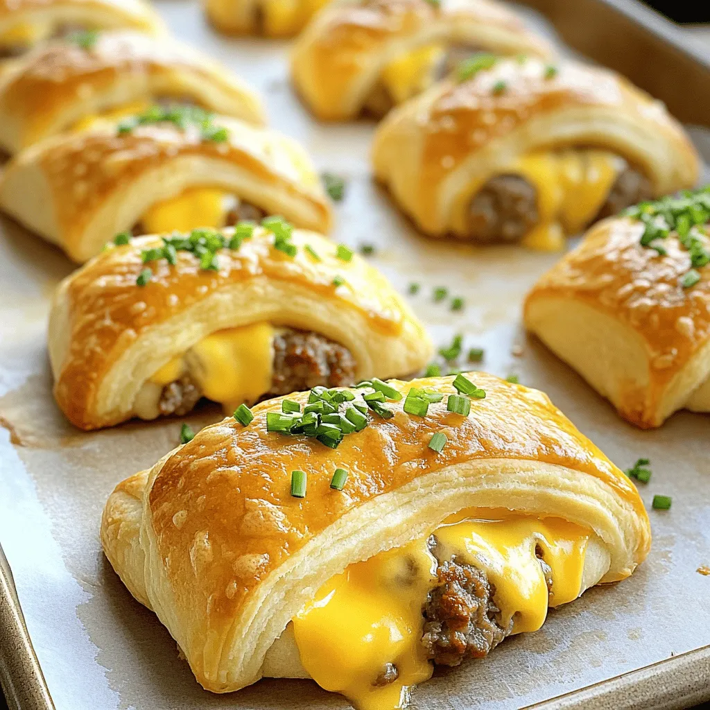 - 1 tube of crescent roll dough - 1 pound breakfast sausage (spicy or mild) - 1 cup shredded cheddar cheese - 1/2 teaspoon garlic powder - 1/2 teaspoon onion powder - 1/4 teaspoon black pepper - 1 egg (for egg wash) - Fresh chives, finely chopped (optional, for garnish) I love how simple these ingredients are. You can find them at any store. The crescent roll dough gives a nice flaky texture. The breakfast sausage adds a hearty flavor. You can choose spicy or mild sausage based on your taste. The seasonings are key to making the sausage pop. Garlic and onion powder bring warmth. Black pepper adds a nice kick. Together, these spices make each bite flavorful. The egg wash is a secret to golden rolls. It gives a shiny finish that looks great. I like to add fresh chives on top. They add color and a fresh taste. For the full recipe, check out the steps in the article. This dish is quick and fun to make. You will enjoy the amazing flavors and textures! - Preheat oven to 375°F (190°C). - Cook breakfast sausage in a skillet over medium heat. First, make sure your oven is hot enough. This helps the rolls bake evenly. Next, place the sausage in the skillet. Cook it until it turns brown. As it cooks, break it into small pieces. This helps each bite be full of flavor. Once done, drain the extra grease. This keeps the rolls from getting soggy. After that, mix in garlic powder, onion powder, and black pepper. Stir well to blend the spices. Then, turn off the heat and set aside. - Unroll crescent roll dough and separate into triangles. - Add sausage mixture and cheese to the dough. Now, take the crescent roll dough. Unroll it on a clean surface. You will see triangles. Keep them intact and ready. At the wide end of each triangle, place about one tablespoon of the sausage mix. Next, add a sprinkle of shredded cheddar cheese. This cheese will melt and add great taste. - Roll and seal the dough. - Brush with egg wash and bake for 12-15 minutes. Start rolling the dough from the wide end. Roll towards the pointed end. Pinch the sides to seal in the filling. This keeps everything inside as they bake. Place the rolls on a baking sheet lined with parchment paper. In a small bowl, crack the egg and beat it lightly. Use a brush to coat the tops of the rolls with the egg wash. This will give them a nice shine. Finally, place the baking sheet in the oven. Bake for about 12 to 15 minutes. Watch them closely so they don’t burn. When they are golden brown, they are ready to eat. To make the best sausage filling, drain excess grease after cooking. This step keeps your rolls from getting soggy. You want that flaky, crispy texture. Also, don’t be shy with cheese! Use your favorite cheese varieties to add creamy goodness. Cheddar is great, but pepper jack or mozzarella can give a nice twist. To get an even bake, use parchment paper on your baking sheet. This helps prevent sticking and makes cleanup easy. Keep an eye on the color of the rolls as they bake. You want them golden brown, so check around the 12-minute mark. It’s better to pull them out a bit early than let them burn. When it’s time to serve, garnish with freshly chopped chives. This adds a pop of color and flavor. For a fun twist, pair your rolls with dipping sauces. Mustard and hot sauce work really well. They add a nice kick and make each bite even more enjoyable. {{image_4}} Cheese is a fun way to change your Breakfast Sausage Crescent Rolls. You can switch the cheddar with pepper jack for a spicy twist. If you love creaminess, add cream cheese to the filling. It melts beautifully and makes each bite rich and tasty. You can also add fun ingredients to mix things up. If you like heat, include jalapeños for a spicy kick. They add great flavor and warmth. For a healthier choice, mix in sautéed vegetables like peppers or onions. This adds color and nutrition to your rolls. When it comes to dough, you have options. Use puff pastry for a flaky and buttery texture. It will make your rolls feel extra special. If you want a lighter option, try low-carb tortillas. They are great for a healthier breakfast while still being delicious. For the full recipe, check out the complete instructions. Enjoy exploring these variations! Store any leftovers in an airtight container. This keeps them fresh and tasty. The rolls are best consumed within 3-4 days. Make sure to check for any signs of spoilage before eating. You can freeze unbaked rolls for later use. This is a great way to have a quick meal ready. Wrap each roll individually to prevent them from sticking together. Use plastic wrap or freezer bags to keep them fresh. To reheat, the oven is your best choice for a crispy texture. Simply place the rolls on a baking sheet and warm them up. This method usually takes about 10 minutes. If you’re in a rush, you can use the microwave. However, this may cause the rolls to lose some crispiness. Enjoy them hot for the best flavor. Yes, you can use turkey or vegetarian sausage. These options offer a lighter choice. They also bring different flavors to the dish. Feel free to choose what suits your taste best. You can prepare the filling and roll them the night before. Just store them in the fridge. In the morning, pop them in the oven. This saves you time while still giving you fresh rolls. These rolls pair well with scrambled eggs, fruit, or a side of hashbrowns. You can also add some fresh juice or coffee to complete your breakfast. This way, you create a balanced meal. Handle the dough minimally and make sure your oven is at the right temperature. This helps the rolls puff up nicely. Avoid pressing down too hard when rolling them. This keeps them light and flaky. These breakfast sausage crescent rolls are a tasty and easy option. We covered the simple steps: preparing the sausage, assembling the rolls, and baking them nicely. I also shared tips for perfecting the filling and ideas for variations. Don't forget to store any leftovers properly. These rolls are great to enjoy fresh or as a quick snack later. Try them out, and you’ll see how delicious they can be!