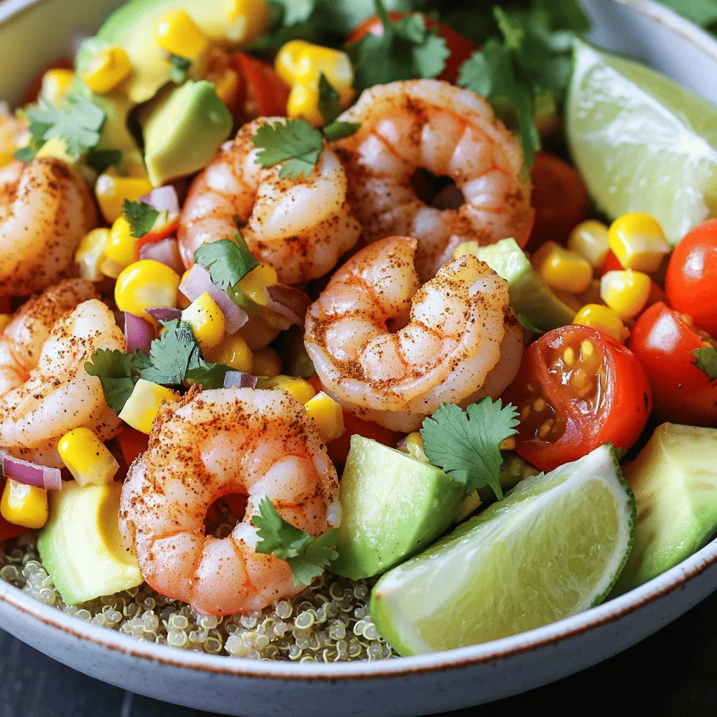 - 1 lb (450 g) large shrimp, peeled and deveined - 2 ripe avocados, diced into bite-sized pieces - 1 cup (185 g) quinoa, rinsed thoroughly - 1 cup (150 g) cherry tomatoes, halved - 1/2 cup (75 g) red onion, finely chopped - 1 cup (150 g) corn (fresh off the cob or frozen) - Juice of 1 lime - 2 tablespoons olive oil - 1 teaspoon ground cumin - 1 teaspoon smoked paprika - Salt and pepper to taste - Fresh cilantro leaves, for garnish When you make shrimp and avocado bowls, fresh ingredients matter. You want large shrimp that are firm and juicy. Choose ripe avocados that give slightly when you press them. This ensures a creamy texture in your bowl. Quinoa is a great base for these bowls. It’s healthy and adds a nice bite. Rinse it well before cooking to remove any bitterness. The other veggies add color and crunch. Cherry tomatoes bring sweetness, while red onion adds a sharp bite. Fresh corn adds a nice pop of flavor. For seasoning, lime juice brightens the dish. Olive oil helps to cook the shrimp. Cumin and smoked paprika give warmth and depth. Don’t forget salt and pepper to enhance all the flavors. Fresh cilantro brings a burst of freshness on top. For the full recipe, check out the detailed cooking steps. Enjoy making your delicious bowls! Start by getting a medium pot. Combine 1 cup of rinsed quinoa with 1 cup of vegetable broth. Bring this mix to a boil over medium heat. Once it boils, reduce the heat. Cover the pot and let it simmer for about 15 minutes. When done, the quinoa should be fluffy and the liquid fully absorbed. Use a fork to fluff it up and set it aside. For the shrimp, heat 2 tablespoons of olive oil in a large pan over medium to high heat. Add 1 pound of peeled and deveined shrimp to the pan. Sprinkle in 1 teaspoon of ground cumin, 1 teaspoon of smoked paprika, salt, and pepper. Sauté the shrimp for 3 to 5 minutes. They should turn pink and opaque. Once cooked, remove them from the heat. In a large bowl, mix together the cooked quinoa, 2 diced avocados, 1 cup of halved cherry tomatoes, 1 cup of corn, and 1/2 cup of finely chopped red onion. Drizzle the juice of 1 lime over this mix. Gently stir everything together while keeping the avocado pieces intact. Divide the quinoa mix evenly among four bowls. Top each bowl with a portion of the sautéed shrimp. For a bright touch, sprinkle fresh cilantro leaves over the top. Serve in colorful bowls and add lime wedges on the side for an extra burst of flavor. When picking shrimp, look for firm, shiny shells. The shrimp should smell like the ocean, not fishy. If possible, choose shrimp from a reliable source. Fresh shrimp should feel cool to the touch. Avoid any that have dark spots or a strong odor. Buying shrimp that is wild-caught is often a good choice. It tends to have better flavor and texture. To pick the perfect avocado, squeeze it gently. It should yield slightly but not feel mushy. A ripe avocado will be dark green, not bright green. If you find an avocado that is too firm, leave it on the counter for a day or two. To speed up ripening, place it in a paper bag with a banana. This works because bananas release ethylene gas, which helps avocados ripen faster. Use ripe avocados for a creamy texture in your shrimp and avocado bowls. Adding spices and sauces can take your dish to the next level. Try using fresh lime juice for brightness. You can also add fresh herbs like cilantro for extra flavor. If you enjoy heat, consider adding diced jalapeños or a dash of hot sauce. For a smoky flavor, smoked paprika is a great option. Experiment with different spices to find your favorite combination. Each enhances the taste of shrimp and avocados in your bowl. For the full recipe, check out the Shrimp & Avocado Fiesta Bowls. {{image_4}} You can switch shrimp for chicken or tofu. Chicken gives a hearty feel. Use boneless, skinless chicken breasts. Cook them the same way as shrimp. Dice the chicken into bite-sized pieces. For tofu, choose firm or extra-firm. Cut it into cubes and sauté until golden brown. This keeps the dish tasty and filling. Try Mexican-inspired flavors for a twist. Add black beans, jalapeños, or avocado crema. Use taco seasoning for a zesty kick. Fresh cilantro and lime juice will brighten the bowl. This adds layers of flavor and makes it exciting. You can also serve it with tortilla chips for crunch. Make this dish gluten-free by using corn tortillas instead of quinoa. You can also swap quinoa for rice or cauliflower rice. For a vegan option, use tofu and skip the shrimp. This way, everyone can enjoy the meal. You can also add more veggies, like bell peppers or spinach, to enhance the dish. Feel free to explore these variations! They add fun and creativity to your shrimp and avocado bowls. For the full recipe, check out Shrimp & Avocado Fiesta Bowls. To keep your Shrimp and Avocado Bowls fresh, store leftovers in the fridge. Use an airtight container. They stay good for up to two days. Keep the shrimp and avocado separate if possible. This helps the avocado stay green and fresh. If you want to freeze the bowls, it’s best to freeze the shrimp and quinoa only. Cooked shrimp can freeze for up to three months. Place shrimp in a freezer-safe bag. Remove as much air as you can. Quinoa can also freeze well. Just let it cool before packing it into a bag. When you’re ready to eat, thaw the shrimp and quinoa in the fridge overnight. To reheat, use a microwave or a pan on low heat. Heat until warm, but don’t overcook the shrimp. You want them tender, not rubbery. Enjoy your meal! For the full recipe, check out Shrimp & Avocado Fiesta Bowls 🦐🥑. Yes, you can prepare the shrimp and quinoa in advance. Cook them, then store them in the fridge. I suggest mixing the avocado just before serving. This keeps it fresh and bright. If you want a change, try brown rice or farro. Both add a nice texture and flavor. You can also use cauliflower rice for a low-carb option. To stop avocados from browning, squeeze lime juice on them. The acid slows down oxidation. Store any leftover avocado in an airtight container with lime juice. You can serve a light salad or tortilla chips with these bowls. A mango salsa also adds a sweet touch. These sides balance the flavors well. Adjust the spice by adding more or less smoked paprika. You can also mix in some diced jalapeños for heat. If you prefer mild, stick to the basic seasonings. - Shrimp & Avocado Fiesta Bowls 🦐🥑 - Ingredients: - 1 lb (450 g) large shrimp, peeled and deveined - 2 ripe avocados, diced into bite-sized pieces - 1 cup (185 g) quinoa, rinsed thoroughly - 1 cup (240 ml) vegetable broth or water - 1 cup (150 g) cherry tomatoes, halved - 1/2 cup (75 g) red onion, finely chopped - 1 cup (150 g) corn (fresh off the cob or frozen) - Juice of 1 lime - 2 tablespoons olive oil - 1 teaspoon ground cumin - 1 teaspoon smoked paprika - Salt and pepper to taste - Fresh cilantro leaves, for garnish You can find the full recipe above. Enjoy making these delicious bowls! In this blog post, we explored the fresh and tasty shrimp and avocado bowls. We covered key ingredients like shrimp, avocados, and quinoa. You learned how to cook the quinoa and prepare the shrimp with easy steps. We also shared helpful tips on choosing fresh shrimp and perfect avocado ripeness. Variations with chicken or tofu let you mix it up. Finally, storing leftovers and reheating them ensure you enjoy every bite later. Try these bowls for a healthy meal that is quick and fun to make!