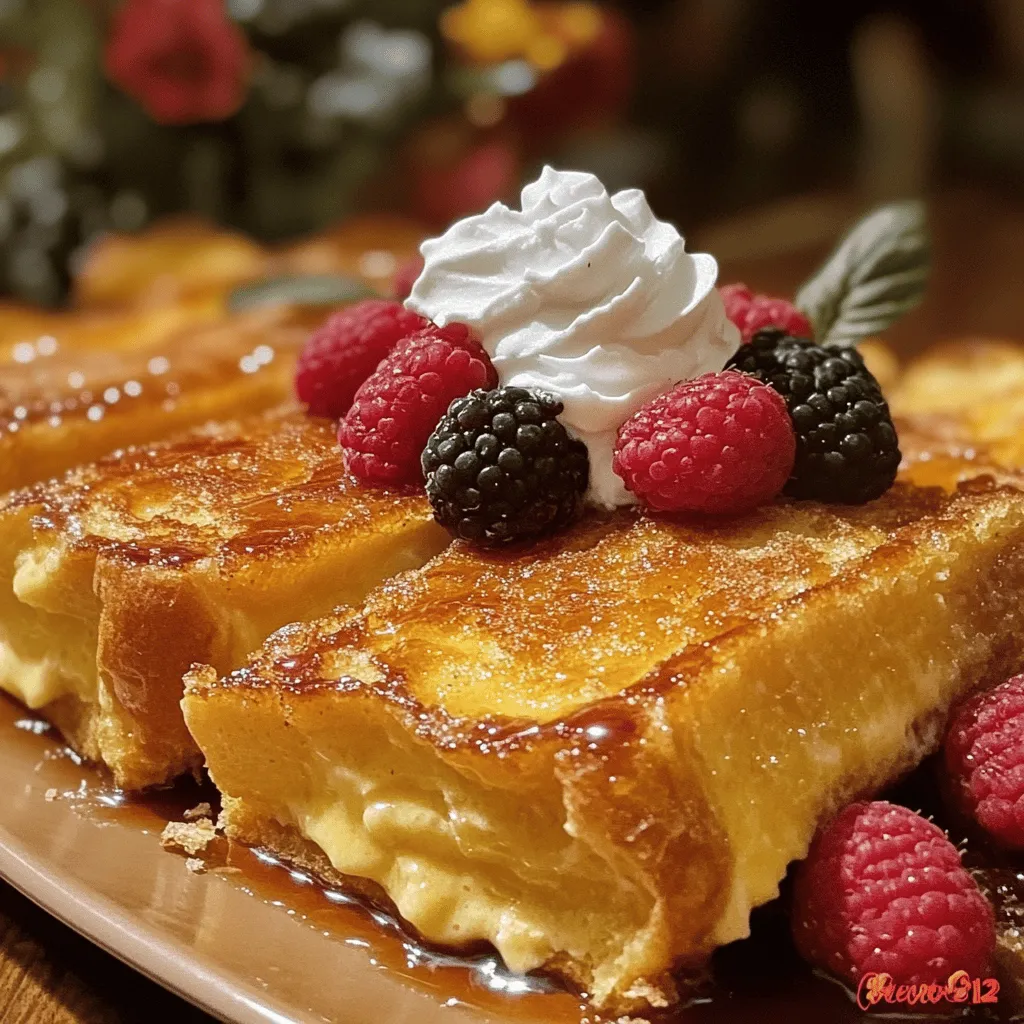 This recipe is easy and fun. You will make an Overnight Crème Brûlée French Toast that tastes like dessert. The bread absorbs a rich custard overnight, making it soft and creamy. You can serve this dish for breakfast or brunch. Here are the must-have ingredients for your Overnight Crème Brûlée French Toast: - 8 slices of thick brioche or challah bread - 4 large eggs - 1 cup whole milk - 1 cup heavy cream - 1/2 cup granulated sugar - 2 teaspoons pure vanilla extract - 1 teaspoon almond extract - 1/2 teaspoon ground cinnamon - Pinch of salt - 1/4 cup brown sugar (for topping) These ingredients create a custard that soaks into the bread. The brioche or challah adds a rich flavor. The sugar caramelizes on top, giving a sweet crunch. You can make your dish even better with these tasty toppings: - Fresh berries (like strawberries or blueberries) - Whipped cream Adding these garnishes makes the dish look pretty. It also adds fresh flavors to balance the sweetness. Enjoy your beautiful meal! Start by cutting your brioche or challah into thick slices, about 1 inch each. Use a sharp knife for clean cuts. Next, butter a 9x13 inch baking dish. Lay the slices in the dish, slightly overlapping them. This makes a pretty presentation. In a large bowl, whisk together the eggs and both the whole milk and heavy cream. Add the granulated sugar, vanilla extract, almond extract, ground cinnamon, and a pinch of salt. Mix until everything blends well and the mixture is smooth. This custard gives the French toast its creamy texture. Carefully pour the custard over the bread slices. Make sure every slice gets soaked. You can gently press down with a spatula to help the custard soak in. Cover the dish tightly with plastic wrap. Place it in the refrigerator overnight or for at least 4 hours. This soaking time helps the flavors meld together for a tasty breakfast treat. For the Full Recipe, check the earlier section. To start, preheat your oven to 350°F (175°C). This step is key. An oven that is not hot enough can lead to uneven baking. A proper preheat helps the custard set and the bread to rise. Place your dish in the oven after preheating. Bake for 30-35 minutes. Your goal is to let the custard set firmly. Keep an eye on the top. It should turn golden and slightly caramelized. This color shows that your French toast is almost ready. To get that crispy top, switch your oven to broil. Broil the French toast for 1-2 minutes. You must watch closely during this step. The sugar can burn quickly. Look for a bubbly, golden crust that resembles crème brûlée. This finish adds a delicious crunch to your dish. Using these baking techniques, you ensure that your Overnight Crème Brûlée French Toast comes out perfect every time. {{image_4}} For this recipe, you want thick bread. Brioche and challah work best. These breads are soft and soak up the custard well. Look for bread that is fresh and slightly sweet. You can also use stale bread for a firmer texture. Just cut it into thick slices. To make sure every slice gets soaked, pour the custard evenly. After pouring, press the bread down gently. This helps the custard soak in better. You should see the custard seeping into the bread. If you skip this step, some slices may be dry. Keep an eye on your French toast while it bakes. The goal is a golden top and set custard. If you bake too long, it can dry out. Use a timer and check around 30 minutes. If the top looks golden but needs more crisp, broil it for a minute or two. This gives a nice finish without overdoing it. You can easily mix up the flavors in this dish. Try adding orange zest or lemon zest to the custard. This will give a fresh, bright taste. You can also swap vanilla for maple extract for a sweet twist. Want a nutty flavor? Add a tablespoon of hazelnut spread to the mix. For a decadent touch, sprinkle chocolate chips on the bread before adding the custard. Each of these ideas will create a unique flavor that your family will love. If you want to change things up, there are many easy substitutions. Instead of brioche or challah, try sourdough or whole wheat bread. For a dairy-free option, use almond milk or coconut milk instead of whole milk and heavy cream. You can also use flax eggs as a substitute for regular eggs. Just mix one tablespoon of ground flaxseed with three tablespoons of water for each egg. This will help keep the custard creamy. When serving, you can add fun toppings. Fresh berries, sliced bananas, or a drizzle of maple syrup are great choices. A dusting of powdered sugar adds elegance and sweetness. You can also pair your French toast with crispy bacon or sausage for a hearty meal. Serve it with a side of whipped cream for extra indulgence. Each option will make your brunch even more special. Explore the full recipe for detailed instructions and tips! Yes, you can. Instead of eggs, use silken tofu or a mix of almond milk and cornstarch. This will help create a creamy texture. Just blend these ingredients until smooth. Then, proceed with the rest of the recipe as usual. The taste may be slightly different but will still be delightful. You can store leftover French toast for up to three days. Place it in an airtight container in the fridge. To reheat, pop it in the oven or toaster. This will help keep it crispy. Enjoy it warm for the best flavor. Yes, you can freeze this dish. Let it cool completely, then wrap individual slices in plastic wrap. Place them in a freezer bag. It will last for up to two months. When ready to eat, thaw in the fridge overnight and reheat in the oven. This keeps it tasty and fresh. For the full recipe, check out the complete guide. You learned how to make Overnight Crème Brûlée French Toast. We discussed the key ingredients and optional garnishes. I shared step-by-step instructions for preparing the bread, making the custard, and soaking the bread. You also learned baking techniques to get the perfect finish. Remember to choose the best bread and avoid over-baking. Feel free to explore variations to keep it exciting. Enjoy creating this delicious dish. It will impress anyone you serve it to!