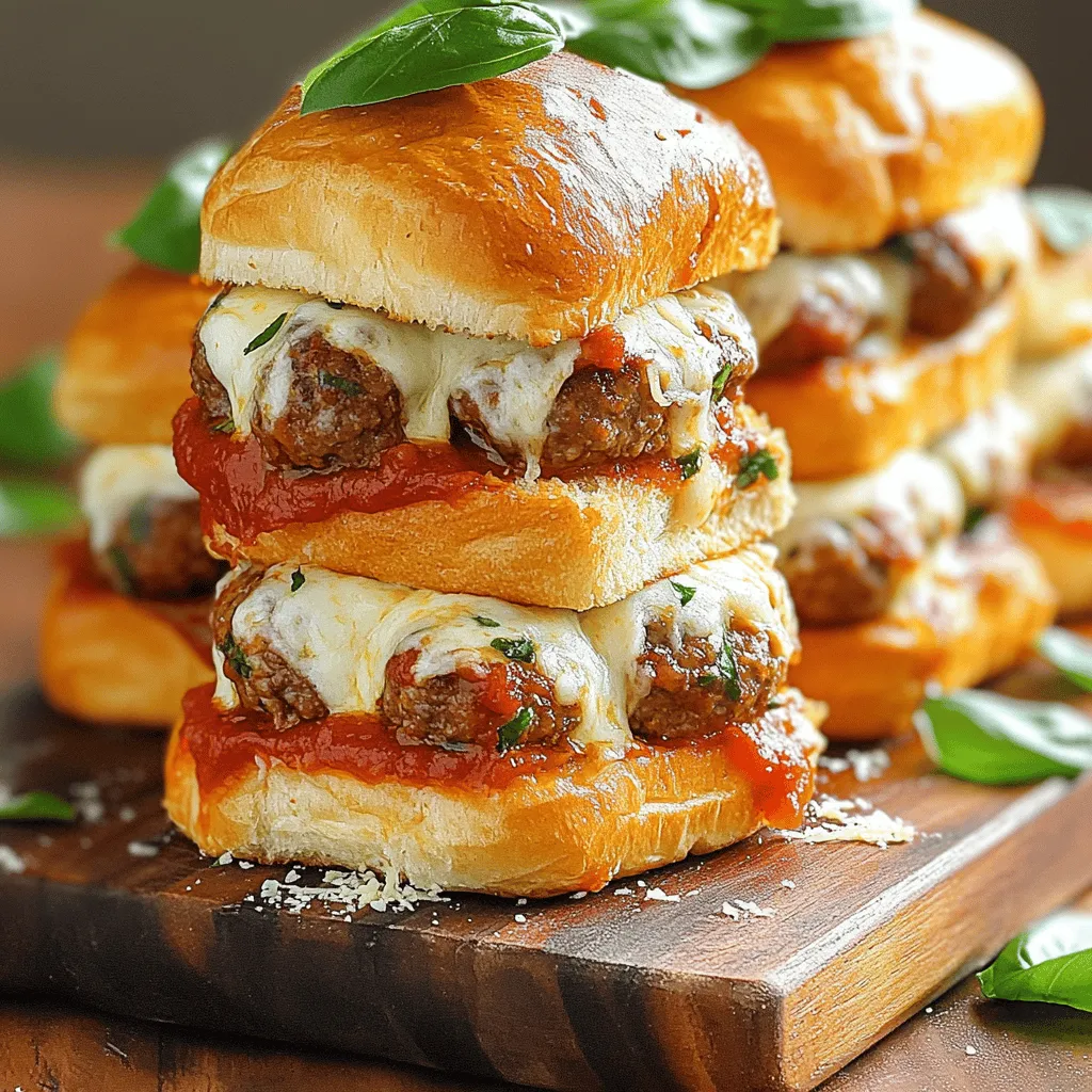 - 12 pre-cooked meatballs (homemade or store-bought) - 1 pound slider buns (soft, preferably brioche) - 1 cup marinara sauce - 1 cup shredded mozzarella cheese - 1/2 cup grated Parmesan cheese - 1/4 cup unsalted butter, melted - 3 cloves garlic, minced - 1 teaspoon dried oregano - 1 teaspoon dried parsley - Salt and pepper to taste - Fresh basil leaves for garnish (optional) Gathering these ingredients is key to making your Pull-Apart Meatball Sliders shine. You want the best flavors to come together. Using pre-cooked meatballs saves time, but feel free to make your own if you prefer. For the buns, brioche adds a soft touch, but any slider bun works. The marinara sauce adds a rich depth, while the mozzarella cheese brings that gooey texture we crave. Don't skip the garlic or Parmesan butter; it gives the sliders an extra kick. Season with oregano and parsley to enhance flavor. Finally, fresh basil adds a nice pop of color and freshness on top. For the full recipe and details, check out the link to the Full Recipe. - Preheat your oven to 375°F (190°C). This helps ensure even cooking. - Combine melted butter with minced garlic, oregano, and parsley. Mix well. - Slice the slider buns in half, keeping the tops and bottoms connected. - Arrange the bottom halves in a greased baking dish. - Spread a layer of marinara sauce over the buns. - Place the pre-cooked meatballs on top of the sauce, close together. - Sprinkle shredded mozzarella cheese over the meatballs. - Add another layer of marinara sauce, then top with grated Parmesan. - Place the top halves of the buns back on and press down slightly. - Brush the garlic Parmesan butter over the top of the buns. - Cover the dish tightly with aluminum foil. - Bake for 15 minutes covered, then remove the foil. - Bake for an additional 10 minutes until golden brown and bubbly. This method gives you sliders that are warm and flavorful. For the full recipe, check the details above. Enjoy creating these tasty sliders! To make the garlic butter just right, start with melted butter. Mix in minced garlic, dried oregano, and dried parsley. The butter should be smooth and easy to brush on. If you want a milder taste, try using garlic powder instead of fresh garlic. This gives you a different flavor but still keeps the essence of garlic. These sliders shine on their own but pair well with sides. Serve them with crispy potato wedges or a fresh salad. For a fun twist, add a side of marinara for dipping. When presenting, slice the sliders into pieces. Arrange them on a wooden board for a rustic vibe. Drizzle any leftover garlic butter on top for extra flavor. You can prepare these sliders in advance for easy meals. Assemble them a few hours before cooking. Cover them tightly in the fridge. When you are ready to bake, just pop them in the oven. To reheat, cover them with foil to keep them moist. Bake until warm and the cheese is gooey. This way, you can enjoy a tasty meal without much fuss. {{image_4}} You can switch up the meatballs for different flavors. Turkey meatballs work great if you want a lighter option. They are juicy and taste fantastic. If you prefer plant-based meals, try vegetarian meatballs. These give a nice texture and flavor too. You can also customize the flavor of your meatballs. Add some heat with spicy seasonings or keep it savory with herbs. This way, you can make the sliders fit your taste. Cheese can change the whole dish. While mozzarella is classic, you can explore other cheeses too. Try provolone for a mild taste or cheddar for a sharper kick. You can mix different cheeses for a unique flavor. Creamy cheeses like ricotta can add a rich texture. On the other hand, a crumbly cheese like feta gives a nice contrast. Finding the right balance between creaminess and sharpness can make your sliders even better. The type of bun you choose matters. Soft brioche buns are lovely, but you can try whole wheat buns for a healthier option. They add a nutty flavor and are hearty. If gluten is a concern, gluten-free buns work well too. Don't forget about toppings! Adding fresh veggies like lettuce or pickles gives a nice crunch. You can also drizzle sauces like ranch or sriracha for an extra kick. Get creative with your toppings to make your sliders stand out. You can find the Full Recipe for these delicious Pull-Apart Meatball Sliders with Garlic Parmesan Butter to start your culinary adventure! To keep your sliders fresh, place them in an airtight container. This helps prevent air from making them dry. Make sure the container seals tightly. If you leave them out, they spoil quickly. Store the sliders in the fridge for tasty snacks later. Want to save sliders for later? You can freeze them! Wrap each slider in plastic wrap. Then, place them in a freezer bag. They stay fresh for about three months. When you're ready to eat, take them out and thaw in the fridge overnight. To reheat, place them in the oven at 350°F (175°C) for 15 minutes. This keeps the sliders warm and tasty. In the fridge, your sliders last about three days. After that, they may spoil. Look for signs like a strange smell or mold. If they smell off, it's best to throw them away. Enjoy your Pull-Apart Meatball Sliders with Garlic Parmesan Butter from the Full Recipe while they are fresh! Yes, you can use fresh meatballs! Fresh meatballs add a juicy flavor. They cook right in the oven. This makes the sliders even tastier. You can make your own or buy them from the store. If you choose to make your own, use simple ingredients. Ground beef, breadcrumbs, and spices work great. Fresh meatballs will give a homemade feel to your sliders. These sliders are quick to prepare. The total time is about 35 minutes. Here’s the breakdown: - Prep time: 10 minutes - Cook time: 25 minutes You will spend the first 10 minutes prepping. This includes mixing the garlic butter and slicing the buns. Then, baking takes about 25 minutes. First, cover with foil for 15 minutes. After that, uncover and bake for another 10 minutes. Easy and fast! You can serve many tasty sides with these sliders. Here are some great options: - Fresh salad for a light touch - Crispy potato wedges for crunch - Garlic bread for extra flavor - Marinara sauce for dipping These sides will complement your sliders perfectly. They add variety and keep the meal fun! Enjoy experimenting with different combinations. For more ideas, check the Full Recipe. This recipe for pull-apart meatball sliders combines tasty ingredients and easy steps. We used pre-cooked meatballs and soft buns, making it simple. The garlic butter adds flavor and richness. You can customize it with different meats and cheeses. Don’t forget to consider sides and presentation for a fun meal. These sliders are perfect for gatherings or a quick dinner. Store leftovers wisely and enjoy them later. Transform your next meal with this easy and delicious recipe. You’ll love how it brings everyone together.