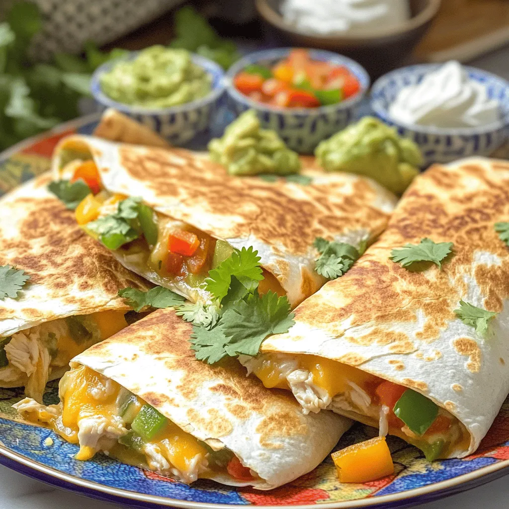 - 4 large flour tortillas - 1 cup shredded cheddar cheese - 1 cup shredded mozzarella cheese - 1 cup cooked chicken, shredded (or black beans for vegetarian) - 1 small bell pepper, diced - ½ small red onion, finely chopped - 1 tablespoon taco seasoning - Cooking spray or olive oil for brushing - Optional toppings: sour cream, guacamole, salsa When I make air fryer quesadillas, I always start with fresh ingredients. The flour tortillas serve as the perfect base. I like to use a mix of cheddar and mozzarella cheese for great meltiness. If you enjoy meat, shredded chicken is my go-to. For a veggie option, black beans work wonderfully. Diced bell peppers add a nice crunch and sweetness. I choose a small red onion for its mild taste. Taco seasoning gives a burst of flavor that makes these quesadillas memorable. Don’t forget the cooking spray or olive oil! It’s key for crispiness. For a fun finishing touch, I recommend toppings like sour cream, guacamole, or salsa. They really enhance the whole experience. With these ingredients, you are on your way to making a crispy and flavorful delight. For the full recipe, check out the detailed instructions that follow! - Preheat the air fryer to 375°F (190°C) for 5 minutes. - Combine shredded chicken (or black beans) with diced bell pepper, red onion, and taco seasoning. To get the best flavor, mix the chicken or black beans with the veggies and seasoning. This will add depth and taste to your quesadillas. Make sure the seasoning is well mixed into the filling. - Distribute cheese evenly on two tortillas, then layer with the chicken mixture, and top with remaining cheese. - Place the second tortilla on top of each. Start by laying out two tortillas. Add a good amount of cheese first. Next, spoon the chicken mixture on top. It’s key to use enough cheese to keep everything together. Finally, add the last layer of cheese and put another tortilla on top. - Brush the tops with cooking spray or olive oil before air frying. - Air fry for 8-10 minutes, flipping halfway through to ensure even cooking. Before placing the quesadillas in the air fryer, brush the tops with cooking spray or olive oil. This step makes them crispy and golden. Cook them for 8-10 minutes. Flip them halfway through to cook evenly. Check for that perfect golden brown color before removing them. Enjoy your crispy and flavorful delight! For more details, check out the Full Recipe. Preheating the air fryer is key. It helps the quesadillas cook evenly and get that nice crunch. Set your air fryer to 375°F (190°C) for about 5 minutes. This small step makes a big difference. Brushing the tortillas with oil is important, but you want to avoid too much oil. Use a light touch. A cooking spray works well here. If you don't have that, a paper towel dipped in oil can help spread a thin layer. Want to make your quesadillas even tastier? Try adding extra spices or herbs to the filling. A dash of cumin or some fresh cilantro can really elevate the flavor. Mixing different cheeses can also change things up. Try using pepper jack for heat or goat cheese for creaminess. The combination of cheddar and mozzarella is always a hit, but don’t be afraid to experiment! For the perfect meal, think about what to serve with your quesadillas. Dips like sour cream, guacamole, and salsa are classic choices. They add freshness and flavor that complement the crispy quesadillas. Presentation matters too! Slice the quesadillas into wedges and arrange them on a colorful plate. Add some chopped cilantro on top for a nice touch. This makes the dish look more inviting and fun to eat. {{image_4}} You can easily make air fryer quesadillas vegetarian. Just swap the chicken for black beans. Black beans add protein and fiber. You can also mix in assorted veggies like spinach, mushrooms, or zucchini for more flavor and nutrition. Add more fun with various cheeses, meats, or veggies. Try pepper jack for a spicy kick. You can also add cooked chorizo or pulled pork for more depth. If you enjoy bold tastes, mix in jalapeños or roasted red peppers. For a unique flavor, consider adding herbs like cilantro or basil. If you need gluten-free options, use gluten-free tortillas. Many brands offer great tasting choices. For dairy-free diets, look for dairy-free cheese. There are many tasty alternatives available now. Just check the package for the best melting options. Enjoy your culinary creativity while meeting your dietary needs! To keep your air fryer quesadillas fresh, let them cool first. Wrap each quesadilla tightly in plastic wrap. You can also put them in an airtight container. This helps to keep them from drying out. For longer storage, freeze the wrapped quesadillas. They can last in the freezer for up to three months. To reheat quesadillas, I recommend using your air fryer for the best results. Preheat the air fryer to 350°F (175°C). Place the quesadillas in the basket, making sure not to overcrowd. Heat them for about 5 minutes, flipping halfway. This method keeps them crispy and warm. You can also use an oven. Set it to 350°F (175°C) and bake for 10-15 minutes. You can safely store quesadillas in the refrigerator for about 3 to 4 days. If you freeze them, they last much longer, around 2 to 3 months. Always check for any signs of spoilage before eating. If they smell off or look strange, it’s best to throw them away. To make your quesadillas crispy, preheat your air fryer to 375°F. This step helps achieve that perfect crunch. Brush the outside of the tortillas with a little olive oil or cooking spray. This adds flavor and helps with browning. Cook the quesadillas for about 8-10 minutes, flipping them halfway through. Keep an eye on them; you want them golden brown. Yes, you can make quesadillas ahead of time. Assemble them as usual and store them in the fridge. Wrap each quesadilla in plastic wrap to keep them fresh. You can air fry them later when you're ready to eat. For best results, eat them within two days. Many sides go well with quesadillas. I love serving them with fresh salsa, guacamole, or sour cream. A simple salad with lime dressing adds a nice touch too. Chips and a dip like queso or bean dip make great snacks on the side. Yes, corn tortillas work well too! They give a different flavor and a chewier texture. If you use corn tortillas, reduce the cooking time slightly. They can cook faster than flour tortillas. Just keep an eye on them to avoid overcooking. In this article, we covered how to make delicious air fryer quesadillas. You learned about the ingredients needed, from tortillas to spices. I shared step-by-step instructions to prepare and cook them perfectly. Tips for crispiness and variations for different diets add extra fun. Enjoy your cooking adventure! Feel free to experiment until you find your favorite combination. Happy cooking!