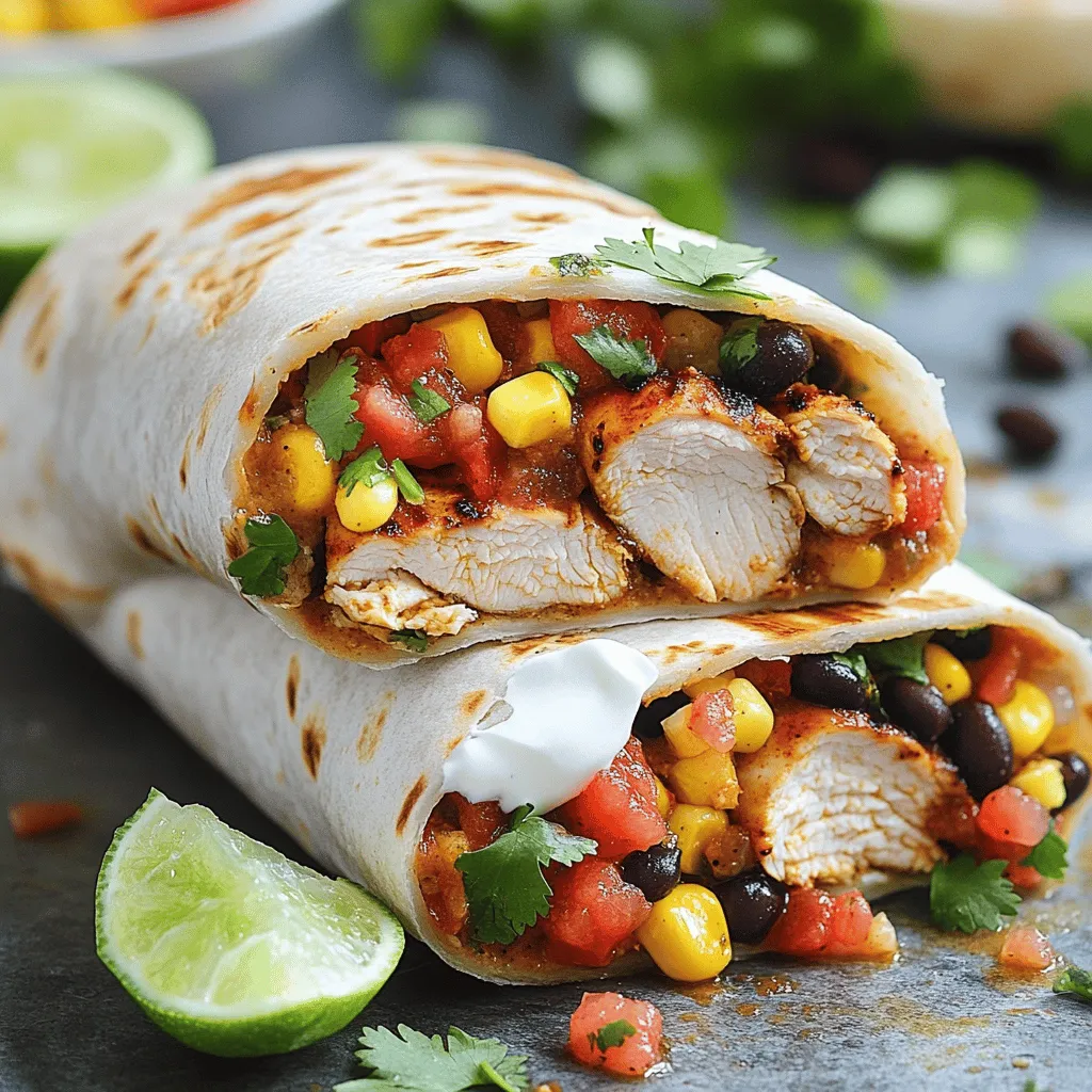 To make a tasty burrito, you will need: - 1 pound boneless, skinless chicken thighs - 2 tablespoons olive oil - 2 teaspoons chipotle chili powder - 1 teaspoon ground cumin - 1 teaspoon garlic powder - 1 teaspoon onion powder - ½ teaspoon smoked paprika - ½ teaspoon salt - ½ teaspoon freshly ground black pepper - Juice of 1 lime (about 2 tablespoons) These main ingredients create a flavorful base for your burrito. The chicken thighs are juicy and tender, while the spices add depth. Olive oil helps the spices stick and enhances the chicken’s taste. For the perfect burrito, gather these fillings: - 4 large flour tortillas - 1 cup cooked white rice - 1 cup fresh black beans (canned or cooked) - 1 cup corn (canned or freshly cooked) - 1 cup pico de gallo (store-bought or homemade) - 1 cup shredded cheese (cheddar or Monterey Jack) These fillings bring texture and flavor. The rice and beans add heartiness. The corn and pico de gallo add freshness, while cheese creates creaminess. For extra zest, consider these toppings: - ½ cup sour cream - Fresh cilantro, chopped, for garnish - Additional salsas or hot sauces These toppings enhance the burrito experience. Sour cream adds coolness, while cilantro brings brightness. Hot sauces can kick up the heat, so feel free to customize! For the complete cooking process, check out the Full Recipe. To start, gather all your marinade ingredients. You will need: - 2 tablespoons olive oil - 2 teaspoons chipotle chili powder - 1 teaspoon ground cumin - 1 teaspoon garlic powder - 1 teaspoon onion powder - ½ teaspoon smoked paprika - ½ teaspoon salt - ½ teaspoon black pepper - Juice of 1 lime In a medium bowl, whisk these ingredients together. Make sure they blend well. This zesty mix gives your chicken a rich taste. Next, take your chicken thighs and place them in the bowl. You want to coat them well on all sides. This ensures each bite is flavorful. How long should you marinate the chicken? I recommend at least 30 minutes. However, marinating for up to 2 hours boosts the flavor. Refrigeration is key during this time. It keeps the chicken fresh and allows the marinade to soak in. Now, let’s get to grilling! Preheat your grill to medium-high heat. This step is important for even cooking. Add the marinated chicken thighs to the grill. Grill each side for about 6-7 minutes. You want the chicken to reach an internal temperature of 165°F. After grilling, let the chicken rest for 5 minutes. This helps keep it juicy. Once the chicken is ready, it’s time to assemble your burrito! Take a warm tortilla and lay it flat. In the center, add: - A generous scoop of white rice - A layer of black beans - Some corn - Sliced grilled chicken - Pico de gallo - A sprinkle of shredded cheese - A dollop of sour cream Now, for wrapping. Fold the sides in over the filling. Then, start rolling from the bottom. Make sure it's snug but not too tight. This prevents tearing. For that crispy finish, put your wrapped burritos back on the grill. Grill for about 2 minutes on each side. You want a golden crust. For more texture, press down slightly with a spatula while grilling. This gives a nice crunch to the outside. Enjoy your Copycat Chipotle Grilled Chicken Burrito Delight with confidence! For the complete recipe, check the Full Recipe section. To get the most flavor from your chicken, use a good marinade. I recommend marinating for at least 30 minutes. For even better taste, try to marinate for up to 2 hours. This allows the spices to soak into the chicken well. You can use a zip-top bag for easy marinating. Just add your chicken and pour in the marinade. Seal the bag and shake it to coat the chicken evenly. When grilling, gas and charcoal grills work well, but they have their quirks. With a gas grill, you can control the heat easily. Make sure to preheat it to medium-high. For charcoal, let the coals turn white-hot. Place your chicken on the grill and cook it without moving it too much. This helps get nice grill marks. If you don’t have a grill, you can cook the chicken in an oven or on the stovetop. For the oven, bake at 400°F (200°C) for 20-25 minutes. On the stovetop, use a skillet over medium heat. Cook the chicken for about 6-7 minutes per side. Always check the internal temperature. It should reach 165°F (75°C) for safe eating. To make your burrito shine, use fresh ingredients. Serve with a side of tortilla chips and your favorite salsa. If you want to impress guests, slice the burritos in half and arrange them on a colorful plate. Add a sprinkle of fresh cilantro on top and a lime wedge on the side. This adds a pop of color and flavor. You can also serve a small bowl of extra sour cream or guacamole for dipping. For more ideas, check out the Full Recipe. {{image_4}} You can easily swap the chicken for other proteins. Beef, pork, or even tofu work great. For beef, use flank steak or ground beef. For pork, try shoulder or loin. If you want plant-based, tofu absorbs flavors well. Adjust marinating time based on your choice. Beef needs about 1 hour, pork about 30 minutes, and tofu can marinate for just 15 minutes. To make a plant-based burrito, skip the meat. Use grilled vegetables like bell peppers, zucchini, or mushrooms instead. You can also add extra beans or lentils for protein. Substitute sour cream with vegan versions or avocado. For cheese, try a plant-based cheese or simply skip it. Don’t hesitate to spice things up! Add different herbs like oregano or cilantro for fresh taste. You can also try cayenne or paprika for more heat. Experiment with sauces like a zesty chipotle sauce or tangy salsa verde. Toppings like guacamole or jalapeños can boost flavor and fun. To keep your leftover burritos fresh, use airtight containers. Wrap each burrito in foil before placing it in the container. This helps keep moisture in. If you use a plastic wrap, make sure it seals well. In the fridge, they last about three days. After that, they may lose flavor and texture. If you want to store burritos for a longer time, freezing is a great option. Wrap each burrito tightly in plastic wrap. Then, place them in freezer bags or airtight containers. This helps prevent freezer burn. Frozen burritos keep well for up to three months. When you are ready to eat, take one out and let it thaw in the fridge overnight. To reheat your burritos, you can use a microwave or an oven. If you choose the microwave, place the burrito on a microwave-safe plate. Heat for about 1-2 minutes. This will warm it through. If you prefer the oven, wrap the burrito in foil. Heat it at 350°F for about 15-20 minutes. This method makes the outside crispy. To keep burritos tasty, add a splash of water before microwaving. This adds moisture and prevents them from drying out. Enjoy your delicious homemade burrito even days later! To add heat, you can use a few simple tricks. Try adding sliced jalapeños or a dash of hot sauce. You can also mix in some diced green chiles or a pinch of cayenne pepper. For a smoky flavor, chipotle peppers in adobo sauce work great. Using spicy salsa or extra chipotle chili powder in the marinade will give your burrito a kick. Adjust the heat to your taste for the perfect spicy bite! Yes, brown rice is a great swap for white rice. It has more fiber and nutrients, making it a healthier option. Brown rice adds a nutty taste, which can enhance your burrito. However, it takes longer to cook, so plan accordingly. If you prefer white rice, it has a softer texture and milder flavor. Both options work well in this recipe! No grill? No problem! You can cook the chicken in a skillet on the stove. Heat a little olive oil in the pan over medium heat and add the marinated chicken. Cook it for about 6-7 minutes on each side until it’s fully cooked. You can also bake the chicken in the oven at 400°F for 20-25 minutes. If you have an air fryer, that works too! Just cook for about 12-15 minutes for tender chicken. To make this burrito gluten-free, choose gluten-free tortillas. Many brands offer these in stores. Use fresh or canned beans that are labeled gluten-free. Check your spices and sauces to ensure they don’t contain gluten. Sour cream and cheese are usually gluten-free, but always read the labels. Enjoy a tasty burrito without the gluten! In this article, we explored how to make delicious burritos using boneless chicken thighs, fresh fillings, and exciting toppings. We covered each step, from preparing the marinade to grilling the perfect chicken. You learned creative variations, smart storage tips, and how to adjust for different diets. Making burritos is fun and allows for personal tastes. Remember, it’s all about finding what works best for you. Enjoy your cooking journey and share your tasty results with others!