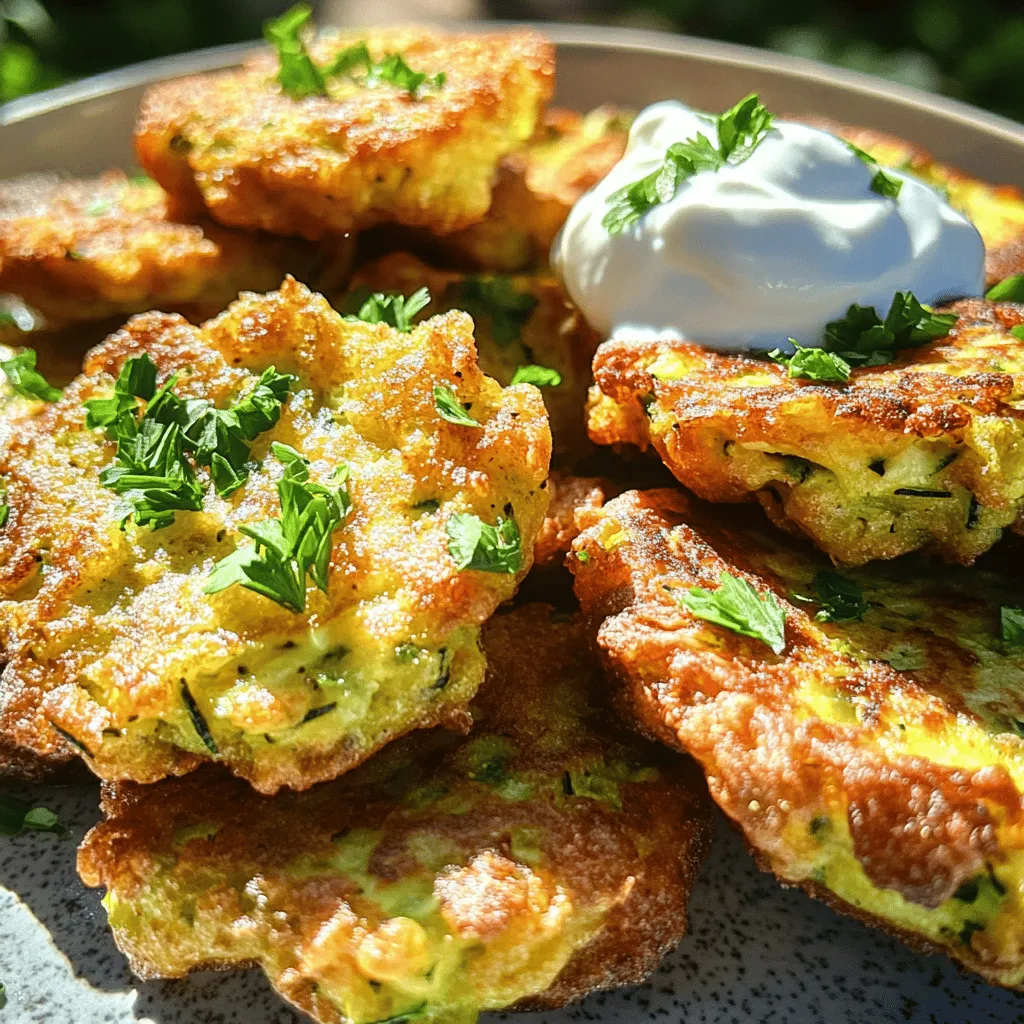 - 2 medium zucchinis - 1 cup all-purpose flour - 1/2 cup freshly grated Parmesan cheese - 2 large eggs - 1/4 cup finely chopped fresh parsley - 1/4 teaspoon garlic powder - 1 teaspoon sea salt - 1/4 teaspoon freshly ground black pepper - 1/2 teaspoon baking powder - Vegetable oil for frying Gather these ingredients before you start cooking. Fresh zucchinis are key for flavor. The grated Parmesan adds a nice richness. I like to use large eggs for binding. Fresh parsley gives a burst of color and taste. Garlic powder enhances the flavor without being overpowering. You need sea salt to help draw out moisture from the zucchini. Black pepper adds a hint of heat. Baking powder helps the fritters puff up a bit, making them light. Vegetable oil is crucial for frying. You want enough oil to cover the bottom of the skillet for even cooking. For the full recipe, make sure to check the instructions. You will love how simple it is to make these crispy zucchini fritters! Grate the zucchinis using a box grater or a food processor. Place the grated zucchini in a colander and sprinkle it with 1 teaspoon of sea salt. This step helps pull out excess moisture. Let the zucchini sit for about 10-15 minutes. During this time, you will see water gather at the bottom. This moisture removal is key to keeping your fritters crispy. After letting the zucchini rest, it’s time to squeeze out the liquid. Take a clean kitchen towel or several layers of paper towels. Place the grated zucchini inside and press down firmly. You want to remove as much liquid as possible. The drier the zucchini, the crunchier your fritters will be. Now for the fun part! In a large mixing bowl, combine the drained zucchini with the following ingredients: - 1 cup all-purpose flour - 1/2 cup freshly grated Parmesan cheese - 2 large eggs, beaten - 1/4 cup finely chopped fresh parsley - 1/4 teaspoon garlic powder - 1/4 teaspoon freshly ground black pepper - 1/2 teaspoon baking powder Stir the mixture until all the ingredients blend well. You should have a thick batter that holds together. Next, heat vegetable oil in a large skillet. Pour enough oil to cover the bottom by about 1/4 inch. Heat the oil over medium heat until it shimmers. This means it is ready for frying. Using a tablespoon or small ice cream scoop, drop about 2 tablespoons of the zucchini mixture into the hot skillet. Lightly flatten each scoop with the back of a spoon. Be careful not to overcrowd the skillet. Fry the fritters for about 3-4 minutes on each side. Look for a golden brown color, which shows they are done. Use a slotted spoon to transfer the fried fritters to a plate lined with paper towels. This absorbs any excess oil. Repeat this process until all the zucchini mixture is cooked. For the full recipe, check the details above. To make crispy zucchini fritters, you must remove moisture from the zucchini. Grating the zucchini is just the start. After grating, sprinkle it with sea salt and let it sit for 10-15 minutes. This step draws out excess water. Next, wrap the zucchini in a clean kitchen towel or paper towels. Squeeze hard to remove as much liquid as you can. The drier the zucchini, the crispier your fritters will be. For frying, heat the oil until it shimmers. This shows that it’s hot enough, usually around 350°F. Frying at the right temperature will give your fritters a golden brown color. Crispy zucchini fritters taste great with dips. I love to pair them with creamy Greek yogurt or tangy sour cream. These dips add a nice contrast to the fritters. For an added touch, garnish your fritters with freshly chopped parsley. It makes the dish look vibrant and fresh. You can also serve them on a colorful platter to impress your guests. When frying, work in batches. Overcrowding the skillet can lower the oil's temperature. This makes your fritters soggy instead of crispy. Keep an eye on the heat. If the fritters start to burn, turn down the heat. You want them to cook evenly and stay golden brown. {{image_4}} To make your crispy zucchini fritters even more exciting, try adding herbs and spices. Fresh herbs like dill or cilantro can brighten the flavor. Just chop a handful and mix them in. They add a fresh twist that pairs well with the zucchini. You can also boost the taste with spices. A dash of paprika gives a smoky kick. For a bit of heat, cayenne pepper works great. Start with a small amount and adjust to your liking. These options let you customize your fritters for a unique flavor each time. If you need gluten-free options, substitute all-purpose flour with almond flour or chickpea flour. Both options work well and keep the fritters tasty. For those avoiding dairy, try using a non-dairy cheese alternative, like cashew cheese. It melts nicely and adds creaminess without the dairy. When cooking for a crowd, it’s easy to scale up this recipe. Simply double or triple the ingredients. This way, everyone gets a taste of your delicious fritters. If you're cooking for just one or two, you can make half the recipe. Just remember to adjust the cooking time slightly. Smaller batches cook faster, so keep an eye on them. For the full recipe, check out the original instructions to guide you through. To keep your leftover fritters fresh, store them in the fridge. Place them in an airtight container. This will help them stay crispy and tasty. Try to eat them within three days for the best flavor. When reheating, I recommend using an oven. Preheat it to 350°F (175°C) and place fritters on a baking sheet. Bake for about 10 minutes. This method helps keep the fritters crispy. If you use a microwave, they may turn soggy. To freeze fritters, first let them cool completely. Then, layer them in a freezer-safe container with parchment paper in between. This prevents sticking. When ready to eat, thaw in the fridge overnight. Reheat in the oven for the best texture. Enjoy a warm treat anytime! For the full recipe, check out the Crispy Zucchini Fritters instructions. To make zucchini fritters crispy, you must remove moisture. Start by grating the zucchinis and sprinkle them with sea salt. Let them sit in a colander for about 10-15 minutes. This process helps draw out the water. After resting, take a clean towel and place the grated zucchini inside. Twist the towel to squeeze out as much liquid as you can. The drier the zucchini is, the better your fritters will turn out. Yes, you can bake zucchini fritters for a healthier option. Preheat your oven to 425°F (220°C). Line a baking sheet with parchment paper. Form the fritters as you normally would, but place them on the baking sheet. Brush them lightly with vegetable oil on both sides. Bake for about 20-25 minutes, flipping halfway through. This method gives you a nice crisp without frying. Zucchini fritters pair well with various dips and sides. I suggest serving them with creamy Greek yogurt or sour cream. They also taste great with a tangy tzatziki sauce. You can add a simple salad with cherry tomatoes and arugula for a fresh side. These options complement the flavors of the fritters and make for a tasty meal. To check if the oil is hot enough, add a small piece of zucchini. If it sizzles and rises to the top, the oil is ready. Another method is to sprinkle a few drops of water into the oil. If they dance and evaporate quickly, your oil is hot. Frying at the right temperature ensures a golden, crispy fritter. For the full recipe, check out the detailed cooking instructions. Zucchini fritters are simple yet delicious. We covered all you need to know. Start by preparing fresh zucchini, mixing ingredients, and frying for crispiness. Don’t forget quick tips for flavor and storage. Feel free to try new herbs and seasonings. Whether for a small snack or a big feast, these fritters can shine at your table. Enjoy making and sharing these tasty treats!