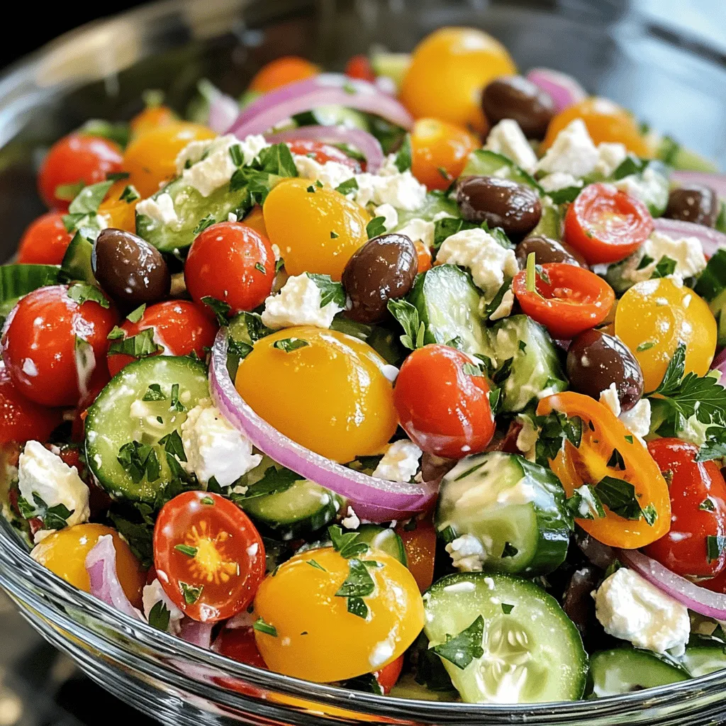 To make a tasty Creamy Greek Salad, gather these fresh ingredients: - 2 cups vibrant cherry tomatoes, halved - 1 crisp cucumber, diced into bite-sized pieces - 1 medium red onion, thinly sliced for a mild crunch - 1 bell pepper (your choice of color), diced for sweetness - 1 cup pitted Kalamata olives, known for their bold flavor - 1 cup creamy feta cheese, crumbled - 1/2 cup plain Greek yogurt for a rich dressing - 2 tablespoons extra virgin olive oil for a smooth texture - 2 tablespoons freshly squeezed lemon juice for brightness - 1 teaspoon dried oregano, adding an aromatic touch - Salt and freshly ground black pepper to taste - Fresh parsley or mint, finely chopped, for garnish Using high-quality ingredients makes a big difference. Choose ripe tomatoes and crisp cucumbers. Fresh herbs add a burst of flavor. Opt for real Greek yogurt and extra virgin olive oil. These choices elevate your salad, making it rich and delicious. You can customize your salad with extra ingredients. Try adding diced avocado for creaminess. Roasted red peppers bring a sweet twist. For a protein boost, grilled chicken or chickpeas work well. Feel free to get creative! To start, gather your vibrant ingredients. Take 2 cups of halved cherry tomatoes and place them in a large mixing bowl. Next, add a crisp cucumber, diced into bite-sized pieces. I like to use one medium red onion, thinly sliced, for a mild crunch. Then, include one diced bell pepper, your choice of color, for some sweetness. Finally, toss in 1 cup of pitted Kalamata olives. These olives bring a bold flavor that pairs well with the fresh veggies. Gently mix everything together to create a colorful salad base. In a separate small bowl, combine 1/2 cup of plain Greek yogurt with 2 tablespoons of extra virgin olive oil. Add 2 tablespoons of freshly squeezed lemon juice for brightness. Sprinkle in 1 teaspoon of dried oregano for an aromatic touch. Don't forget to add a pinch of salt and freshly ground black pepper to taste. Whisk this mixture until it becomes smooth and creamy. This dressing will coat your salad beautifully. Now, pour the creamy dressing over your mixed salad. Toss gently to ensure every piece is coated. After that, carefully fold in 1 cup of crumbled feta cheese. Be gentle to keep the creamy texture intact. Taste the salad and adjust the seasoning with more salt, pepper, or lemon juice if needed. Let the salad rest for about 10-15 minutes at room temperature. This gives the flavors time to meld together. Just before serving, sprinkle freshly chopped parsley or mint on top for a burst of color and freshness. Enjoy your creamy Greek salad as a delightful side or main dish! For the full recipe, check out the details above. To make your dressing smooth and creamy, use high-quality Greek yogurt. It should be thick and rich. Mix it with olive oil and lemon juice for a bright flavor. Whisk until the texture is velvety. If you want a little kick, add a dash of garlic powder. This makes the dressing pop. Always taste it before adding to your salad. Adjust with salt, pepper, or more lemon juice as needed. When serving your creamy Greek salad, use a large, shallow bowl. This allows the colors to shine. Arrange the ingredients artfully, so each layer shows. Drizzle any extra dressing on top for a finishing touch. Sprinkle more crumbled feta and fresh herbs just before serving. This not only adds flavor but also makes it look inviting. One common mistake is over-mixing the salad. This can break the feta cheese into tiny bits. Instead, gently fold it in to keep its chunks intact. Another mistake is using low-quality ingredients. Fresh tomatoes and crisp cucumbers make a big difference. Lastly, don’t skip the resting time. Letting the salad sit for 10-15 minutes helps flavors blend. This enhances the overall taste of your dish. {{image_4}} You can turn this salad into a full meal by adding protein. Grilled chicken or shrimp work great. Just slice them and mix them in. You can also use chickpeas, which add fiber and protein. They are perfect for a hearty meal. If you prefer fish, try canned tuna or salmon. Both add a nice flavor and boost the nutrition. If you want a vegetarian version, simply leave out the feta cheese. You can add avocado for creaminess instead. For a vegan option, use plant-based yogurt in place of Greek yogurt. This gives you the same creamy texture without dairy. You can also add nuts or seeds for extra crunch and protein. Using seasonal ingredients makes this salad even better. In summer, add fresh corn or zucchini for sweetness. In fall, try roasted butternut squash or apples for warmth. Winter brings hearty greens like kale or arugula, which can add depth. Always look for local produce to keep your salad fresh. Each season offers something unique to enhance the flavor and nutrition. Try the Full Recipe for all these delicious ideas. To keep your Creamy Greek Salad fresh, first, place it in an airtight container. This will help keep out air and moisture. Store it in the fridge to maintain its crispness. If you have extra dressing, store it separately. This way, the salad won't get soggy. When you're ready to eat, mix in the dressing again for the best taste. Your Creamy Greek Salad will last about 3 days in the fridge. After that, the veggies may lose their crunch. Always check for any off smells or changes in texture. If it looks or smells odd, it’s best to toss it out. Enjoy it while fresh for the best flavor! Freezing this salad isn’t the best idea. The veggies will get mushy when thawed. However, if you want to freeze it, leave out the cucumbers, tomatoes, and olives. You can freeze the dressing and feta cheese separately. To use, thaw everything in the fridge overnight and mix it fresh. This way, you can still enjoy a taste of Greek delight! For the full recipe, check out the Creamy Greek Salad Delight section! Greek salad, or horiatiki, comes from Greece. It reflects the country’s love of fresh, local foods. This dish typically features tomatoes, cucumbers, and olives. It often includes feta cheese too. Each region in Greece has its own twist on this salad. Some use capers or green peppers. The key is to use fresh ingredients. Greek salad is a staple at many meals. It pairs well with grilled meats and seafood. To make a low-calorie version, swap some ingredients. Use low-fat Greek yogurt instead of regular. You can reduce the cheese or use a lighter cheese. Skip the olives or use fewer for less fat. Increase the veggie portion for volume. Add more cucumbers or tomatoes for crunch. A splash of vinegar can replace some olive oil too. This way, you keep the flavor while cutting calories. Yes, you can use different cheeses! Feta is traditional, but you can try others. Goat cheese adds a creamy tang. Mozzarella gives a mild flavor and soft texture. For a sharper taste, try aged cheddar. Just remember to adjust the amount. Each cheese has its own saltiness and fat content. Choose one that fits your taste and diet. This blog post covered the key elements for making a creamy Greek salad. We discussed the essential ingredients and the importance of quality. You learned how to prepare the salad base and make a creamy dressing. I shared tips for a perfect dressing and ways to avoid common mistakes. We also explored variations to suit your taste and how to store leftovers. In my view, a creamy Greek salad is both fun to make and delicious to eat. Enjoy trying out these recipes!