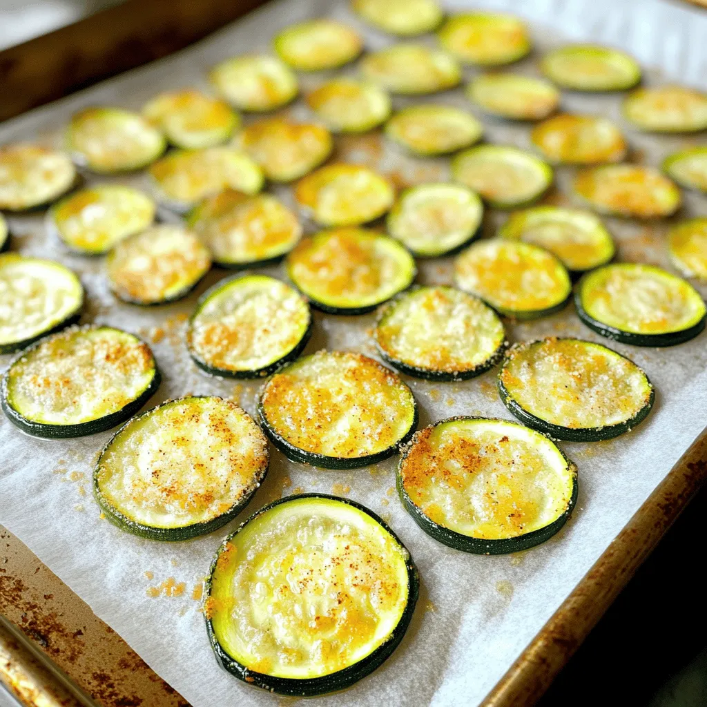 To make the best crunchy zucchini chips, you need just a few simple ingredients. Here’s what you will need: - 2 medium zucchinis - 2 tablespoons olive oil - 1 teaspoon garlic powder - 1 teaspoon onion powder - 1 teaspoon smoked paprika - 1/2 teaspoon sea salt - 1/4 teaspoon black pepper - 1/4 cup grated Parmesan cheese (optional) - Cooking spray These ingredients come together to create a tasty and healthy snack. Each item adds a unique flavor that makes the chips irresistible. You can adjust the spices to match your taste. If you want more heat, add chili powder. For a fresh kick, try some lemon zest. The olive oil keeps the chips from sticking and helps them crisp up nicely in the oven. Garlic and onion powders add depth, while smoked paprika gives a subtle smokiness. Parmesan cheese, while optional, brings a savory richness that enhances the flavor. When you gather these items, you are ready to make your crunchy zucchini chips. Check out the [Full Recipe] for detailed steps to create this delicious snack! Start by rinsing the zucchinis under cold water. This removes dirt and ensures they are clean. Next, slice the zucchinis thinly, about 1/8 inch thick. You can use a mandolin slicer or a sharp knife. It is very important to keep the slices even. This way, each chip cooks at the same rate. Uniform thickness leads to crispy results. In a large bowl, combine the zucchini slices with olive oil, garlic powder, onion powder, smoked paprika, sea salt, and black pepper. If you want a stronger taste, add grated Parmesan cheese. Using your hands or a spatula, toss the zucchini slices gently. Make sure every piece gets coated with oil and spices. This gives each chip a delicious flavor. Prepare your baking sheet by lining it with parchment paper. You can also lightly spray it with cooking spray. Lay the zucchini slices in a single layer on the sheet. Avoid overlapping to ensure they get crispy. Place the baking sheet in your preheated oven at 225°F (110°C). Bake for about 2 to 2.5 hours. Flip the chips halfway through. This helps them cook evenly. Keep an eye on them as they bake. You want them golden, not burnt. Once done, let the chips cool on the baking sheet. This cooling time helps them crisp up even more. Enjoy your crunchy zucchini chips right away! For the full recipe, check out the details provided above. To get the best crunch from your zucchini chips, start by baking them at the right temperature. I recommend 225°F (110°C). This low heat helps remove moisture. When you place the zucchini slices on the baking sheet, space them out. Lay them in a single layer. Avoid overlapping slices. This way, they can crisp up perfectly. Flip them halfway through baking. This helps both sides cook evenly. You can boost the flavor of your zucchini chips easily. Try adding different spices like cayenne for heat or Italian herbs for a fresh taste. If you want a cheesy kick, sprinkle some grated Parmesan cheese over the slices. You can also try other cheeses like cheddar or mozzarella. Each cheese brings its own unique flavor. If your chips are not crispy, check your baking time. They may need a bit longer in the oven. Keep an eye on them during the last few minutes to avoid burning. If they are burnt, your oven may be too hot. Lower the temperature next time. For undercooked chips, ensure they are thinly sliced and spaced properly. Use the full recipe for precise instructions. Enjoy snacking! {{image_4}} You can spice up your zucchini chips in many ways. If you love heat, try adding cayenne pepper. A sprinkle of this fiery spice gives your chips a nice kick. Mix in about 1/2 teaspoon with the other seasonings for a bold flavor. For a more earthy taste, use fresh herbs like rosemary or thyme. Chop them finely, and add a tablespoon to your seasoning mix. The herbs will add a lovely aroma and flavor to your zucchini chips. While baking is the classic method, you can also air fry zucchini chips. An air fryer cooks them faster and keeps them crispy. Set your air fryer to 350°F and cook in small batches for 10-15 minutes. Check often to avoid burning. You can also use a dehydrator for a different approach. A dehydrator uses low heat to remove moisture slowly. This can take around 4-6 hours but results in ultra-crisp chips. If you don’t have a dehydrator, you can even cook them on the stovetop. Just heat a skillet over medium heat and cook the slices in batches until crispy. Zucchini chips are great on their own, but they shine even more with dips. Hummus or guacamole pairs well with their crunch. You can also try a cheesy dip made from cream cheese and herbs for a rich treat. If you want to make a meal, use zucchini chips as a crunchy topping. They work well on salads or soups. You can even layer them in a sandwich for extra texture. With these ideas, you can enjoy your crunchy zucchini chips in many fun ways. For the full recipe, check out Best Crunchy Zucchini Chips. To keep your crunchy zucchini chips fresh, store them in a cool place. Use an airtight container to keep them crispy. Avoid using plastic bags, as they can trap moisture. Instead, try glass jars or metal containers. You can also layer paper towels between the chips to soak up extra moisture. This helps maintain their crunch. If you want to enjoy your chips again, reheating is the way to go. Use an oven or a toaster oven to bring back their crunch. Preheat it to 350°F (175°C). Place the chips in a single layer on a baking sheet for even heating. Bake them for about 5 to 10 minutes. Keep an eye on them to prevent burning. Avoid using the microwave, as it can make them soggy. You can keep zucchini chips for about a week if stored properly. Check for any signs of spoilage, like a soft texture or off smell. If the chips feel damp or lose their crunch, it's time to toss them. For the best taste, enjoy them fresh or within a few days of making them. You can easily make zucchini chips in your oven. Start by slicing the zucchini thin, about 1/8 inch thick. This helps them dry out evenly. Preheat your oven to 225°F (110°C). Spread the slices on a baking sheet lined with parchment paper. Make sure they do not overlap. Bake for about 2 to 2.5 hours, flipping halfway. Keep an eye on them as they bake. You want them crispy but not burnt. Yes! Many veggies work well for chips. Try sweet potatoes, carrots, or kale. They all have great flavors and textures. You can follow the same steps as zucchini chips. Just adjust the baking time based on how thick you slice them. Homemade zucchini chips are a smart snack choice. Zucchini is low in calories and high in fiber. They have vitamins A and C too. When you make them at home, you control the oil and salt. This means you can keep them healthy and tasty. Seasoning is key for flavor. I recommend these spices: - Garlic powder - Onion powder - Smoked paprika - Sea salt - Black pepper You can also add cheese for extra flavor. Try Parmesan or nutritional yeast for a dairy-free option. Yes, you can freeze zucchini chips. First, let them cool completely. Place them in an airtight container. They will keep their crunch better this way. To thaw, just bring them to room temperature. For a crispier snack, reheat them in the oven for a few minutes. Enjoy your tasty, healthy snack anytime! For the full recipe, check out the Best Crunchy Zucchini Chips. Zucchini chips are a fun and healthy snack. We discussed ingredients, steps, and tips to make them tasty. You can try different seasonings and cooking methods for variety. Remember to store and reheat them right to keep them crisp. These chips can enhance meals and are a great way to enjoy vegetables. With all this, you’re ready to make your own delicious zucchini chips at home. Enjoy the crunch and flavor!