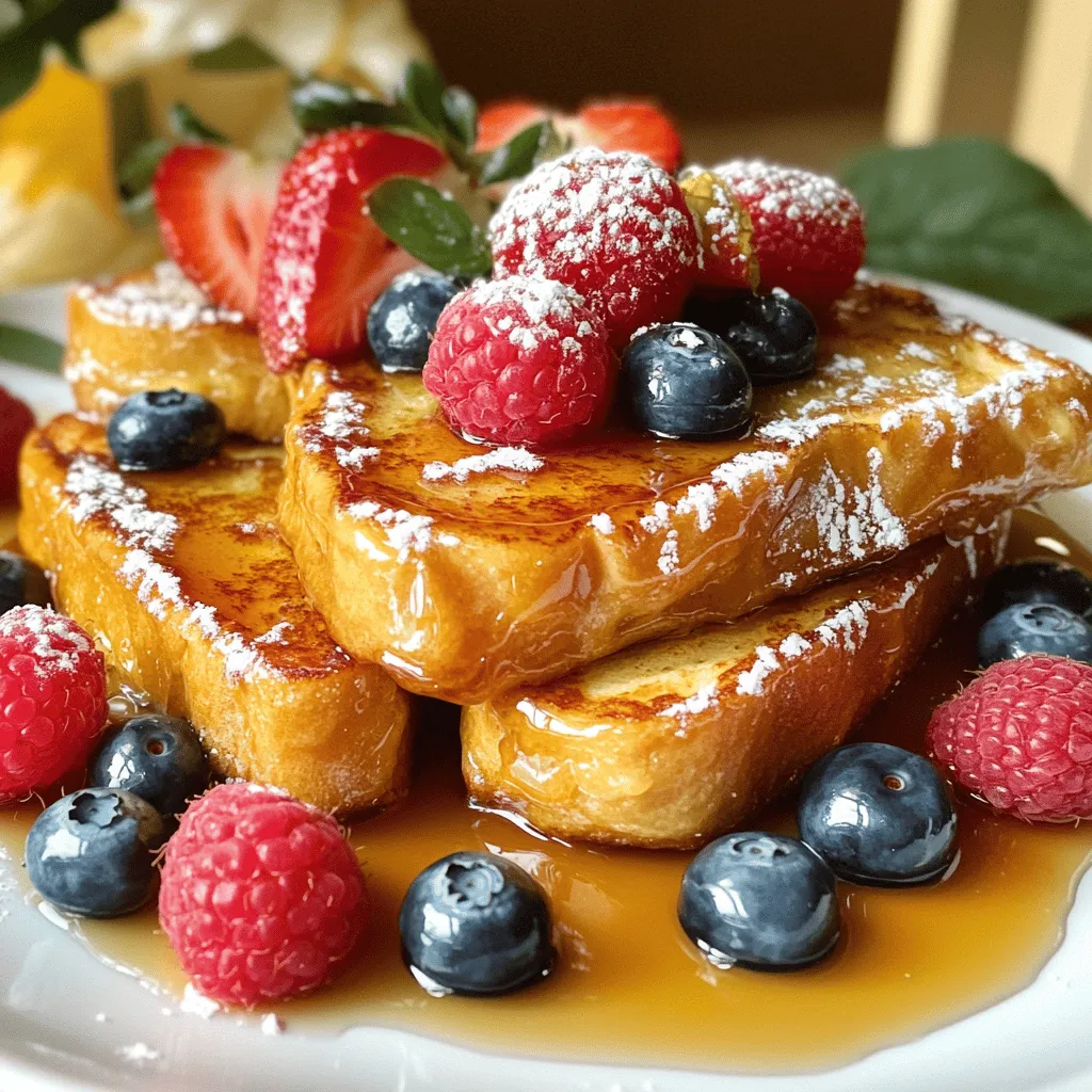 - 1 loaf of brioche bread, cut into thick slices - 4 large eggs - 1 cup whole milk - 1 cup heavy cream - 1/2 cup granulated sugar - 1 tablespoon vanilla extract - 1 teaspoon ground cinnamon - Pinch of salt - 1/4 cup brown sugar (for the brûlée topping) Brioche bread is the star here. Its rich texture makes the toast soft and sweet. Eggs, milk, and cream create a creamy custard. Sugar and spices give it a delightful flavor. The vanilla adds warmth, while cinnamon gives a hint of spice. - Fresh berries (strawberries, blueberries, or raspberries) for garnish - Whipped cream (optional, for serving) Fresh berries add a burst of color and flavor. You can use strawberries, blueberries, or raspberries. Whipped cream is a fun touch and adds creaminess. Both options make the dish look and taste amazing. For the full recipe, check out the Overnight Crème Brûlée French Toast 🥞. First, grab a large mixing bowl. Whisk together the 4 large eggs until they look frothy. Next, add in 1 cup of whole milk and 1 cup of heavy cream. Then, mix in 1/2 cup of granulated sugar, 1 tablespoon of vanilla extract, 1 teaspoon of ground cinnamon, and a pinch of salt. Keep whisking until the mixture is smooth. This step is key for a rich custard blend. Now, take a greased 9x13 inch baking dish. Arrange thick slices of brioche bread in a single layer. Let them overlap a little for even soaking. Once you have the bread set, pour the creamy egg mixture over the slices. Make sure each piece gets fully coated. Gently press down on the bread with your hands or a spatula, helping it soak up the custard. Cover the baking dish tightly with plastic wrap. Place it in the fridge overnight or for at least 4 hours. This soaking time helps the bread absorb all the yummy flavors. When you're ready to bake, preheat your oven to 350°F (175°C). Remove the dish from the fridge and let it sit for about 15 minutes. This helps it bake evenly. Bake your French toast for 30 to 35 minutes. It's done when the custard is set and the top is golden brown. While it bakes, mix 1/4 cup of brown sugar with a pinch of cinnamon in a small bowl. After baking, sprinkle this mixture over the top. Use a kitchen torch to brûlée the sugar until it bubbles and gets crispy. If you don't have a torch, broil it for 1-2 minutes, but watch closely to avoid burning. Let the brûlée topping cool a bit, and then you’re ready to serve this delicious treat! To make the best Overnight Crème Brûlée French Toast, soaking the bread well is key. I recommend soaking your brioche for at least four hours, but overnight is best for full flavor. This time allows the custard to seep in deeply. When you place the bread in the dish, use your hands or a spatula to press gently down. This helps the bread absorb the creamy mixture evenly. The goal is to ensure every slice gets coated and soaked. Getting that perfect brûlée crust can be fun. I prefer using a kitchen torch for this step. It gives you more control over the sugar. Just sprinkle a thin layer of brown sugar on top and torch it until it bubbles. If you don't have a torch, a broiler works too. Place the dish under the broiler for 1-2 minutes. Keep a close eye on it to prevent burning. You want a golden brown crust that crackles when you tap it. For great texture, let the brûlée topping cool slightly before serving. This contrast of creamy and crunchy makes each bite a delight. For the full recipe, be sure to check out the details above. {{image_4}} You can easily customize your Overnight Crème Brûlée French Toast with different flavors. Here’s how: - Adding extracts or spices: Try adding almond or maple extract to the egg mixture. A dash of nutmeg can also add warmth. You can mix in a bit of orange or lemon zest for a bright note. - Incorporating fruits or nuts: Fresh fruits like bananas or apples can enhance the taste. You can layer sliced fruit between the bread slices or fold them into the custard. Adding nuts, such as pecans or walnuts, gives a delightful crunch and richness. Pairing your French toast with the right toppings makes it even better. Here are some tasty ideas: - Pairing with sauces or syrups: Drizzle warm maple syrup or a berry compote over the top for added sweetness. A dollop of chocolate sauce can make it a decadent treat. - Brunch cocktail recommendations: Serve your French toast with a light mimosa or a spicy Bloody Mary. Both drinks complement the dish perfectly and add a festive touch to your brunch. Try these variations to create your own twist on this delightful recipe! To keep your Overnight Crème Brûlée French Toast fresh, store it in the fridge. Place the leftovers in an airtight container. It will stay good for up to three days. When you want to enjoy it again, just reheat it. I recommend using an oven for the best results. Preheat the oven to 350°F (175°C). Place the slices on a baking sheet. Cover them with foil to keep them moist. Bake for about 10-15 minutes until heated through. If you want to save some for later, you can freeze it. First, let the French toast cool completely. Then, wrap each slice in plastic wrap. Place the wrapped slices in a freezer-safe bag. This way, they will not get freezer burn. You can freeze them for up to two months. When you’re ready to eat, remove a slice from the bag. Let it thaw in the fridge overnight. After that, reheat it in the oven as mentioned above for the best taste. Enjoy your delicious creation anytime! Yes, you can prepare this dish the night before. This makes it easy for busy mornings. To do this, follow the steps of mixing the custard and soaking the brioche. Then, cover the dish tightly with plastic wrap and place it in the fridge. Let it sit overnight to soak up all the flavors. This way, the bread becomes soft and creamy. You can simply bake it in the morning. If you don't have brioche, there are great alternatives. You can use challah, which has a similar texture. French bread or even Texas toast can work too. Just pick bread that can soak up the custard well. Stale bread is even better since it absorbs the custard without falling apart. To make a smaller batch, you can scale down the ingredients. For example, use half a loaf of bread. Adjust the eggs to two, and reduce the milk and cream by half too. Keep the other ingredients the same, but be mindful of the baking time. A smaller dish may bake faster, so check it a few minutes early. You can still enjoy the same delicious flavors! Overnight Crème Brûlée French Toast combines simple ingredients to create a flavorful dish. Start with brioche bread and a rich custard mix of eggs, milk, cream, and sugar. Add optional garnishes like fresh berries or whipped cream to elevate your meal. You can experiment with flavors and tips for a perfect crispy topping. For easy storage, refrigerate leftovers and learn to freeze portions. This dish is great for brunch or any cozy gathering. Enjoy your cooking adventure and impress everyone with a delicious twist on a classic favorite!