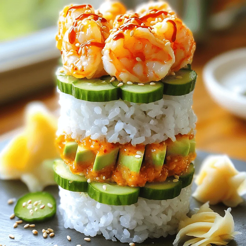 - 1 lb shrimp, peeled and deveined - 1 tablespoon sriracha - 1 tablespoon mayonnaise - 1 cup sushi rice - 1 1/4 cups water - 1 tablespoon rice vinegar - 1 teaspoon sugar - 1/2 teaspoon salt - 1 avocado, thinly sliced - 1 cucumber, halved and sliced - 3 sheets nori, cut into small squares - Sesame seeds, for garnish - Pickled ginger and wasabi, for serving To make Spicy Shrimp Sushi Stacks, you need a few key ingredients. First, use fresh shrimp. They give the best taste. The spicy mayo, made from sriracha and mayonnaise, adds a kick to the dish. Next, sushi rice is crucial. It should be sticky and fluffy. This rice binds the stacks together. Rinse it well to remove extra starch. The fresh toppings are vital for color and flavor. Creamy avocado and crisp cucumber balance the spice of the shrimp. Nori adds a nice touch too. It gives a slight crunch. Don't forget sesame seeds! They add a nutty flavor and look great on top. You can serve these sushi stacks with pickled ginger and wasabi. They enhance the dish and bring a traditional touch. For the full recipe, check out the [Full Recipe]. - Rinse the sushi rice under cold water. - Combine rice and water in saucepan and bring to boil. - Simmer and steam the rice. Start by rinsing the sushi rice. This helps remove extra starch. Rinse it in cold water until the water runs clear. Then, combine the rinsed rice with 1 1/4 cups of water in a medium saucepan. Bring this mixture to a boil over medium-high heat. Once it boils, reduce the heat to low. Cover the pot and let it simmer for 15 minutes. After this, turn off the heat. Let the rice steam in the pot for another 10 minutes. This step is key for fluffy sushi rice. - Whisk together rice vinegar, sugar, and salt. - Heat mixture until sugar dissolves. - Fluff the cooked rice and fold in the seasoning. In a small bowl, whisk together rice vinegar, sugar, and salt. Heat this mixture in the microwave for about 30 seconds. You want the sugar to dissolve completely. Once the rice is cooked, fluff it with a fork. Gently fold in the vinegar mixture. This adds flavor and shine to your rice. - Mix sriracha and mayonnaise to create spicy mayo. - Sauté shrimp until pink and opaque. - Toss shrimp in spicy mayo until coated. For the spicy shrimp, mix sriracha and mayonnaise in a bowl. This is your spicy mayo. In a large skillet, heat a little oil over medium heat. Add the shrimp and sauté for 3-4 minutes. Cook until the shrimp turn pink and opaque. Remove the skillet from the heat and toss the shrimp in the spicy mayo until they are well coated. This step makes the shrimp flavorful and creamy. - Layer sushi rice, spicy shrimp, avocado, and cucumber in mold. - Repeat layers until mold is full. - Ensure layers are pressed down gently. To assemble the sushi stacks, you need a round mold. Start with a layer of sushi rice at the bottom. Press it down gently. Next, add a layer of the spicy shrimp, followed by slices of avocado and cucumber. Repeat the layers until the mold is full. Make sure each layer is pressed down gently. This helps the stacks hold their shape. - Carefully lift the mold to reveal sushi stacks. - Sprinkle sesame seeds and garnish with nori. - Serve with pickled ginger and wasabi. Once assembled, lift the mold off slowly. You will see your beautiful sushi stacks. For a finishing touch, sprinkle sesame seeds on top. You can also add small squares of nori around the base for extra flavor. Serve your delicious sushi stacks with a side of pickled ginger and a dab of wasabi. These details enhance the overall experience. For the full recipe, check out the complete guide. To make great sushi rice, you must rinse it well. Rinsing removes extra starch. This gives the rice a nice, chewy texture. Rinse until the water runs clear. This step is key for great sushi. After cooking, let the rice rest. This resting time helps the rice firm up. It also allows the flavors to develop. You can boost flavors with different sauces or spices. Try adding spicy mayo, sesame oil, or even a splash of lime juice. Each adds a unique twist. Choosing the right sushi vinegar is also important. It adds depth and a slight sweetness. Taste as you go to find your perfect mix. Plating can make your sushi stacks pop. Use a clean plate to showcase your work. Create height with your stacks for visual appeal. Color balance is key too. Use fresh ingredients like bright avocado and crisp cucumber. Add some sesame seeds on top for a nice crunch. This makes your dish not only tasty but beautiful too. {{image_4}} You can switch out shrimp for other proteins. Crab, salmon, or even tofu work well. Each protein brings its own flavor. Crab gives a sweet taste, while salmon offers a rich, buttery texture. Tofu is great for a plant-based option and soaks up flavors well. Using different seafood options keeps your meal exciting and fresh. If you want a vegan take, skip the shrimp. Load your stack with fresh veggies instead. Think cucumbers, carrots, and bell peppers. You can also add avocado for creaminess. For sauces, try a soy sauce blend or a sweet chili sauce. These flavors complement your veggies and create a tasty dish. Do you prefer spicy or mild? You can easily adjust the heat level. Add more sriracha for a kick or use less for a milder flavor. You can also try adding toppings like mango or shredded carrots. These add sweetness and crunch to your sushi stacks. Experiment with what you like best! For the complete recipe, check out the [Full Recipe]. To keep your spicy shrimp sushi stacks fresh, refrigerate leftovers in an airtight container. This helps maintain their flavor and texture. They last about 1-2 days in the fridge. If you see any signs of spoilage, like an off smell or change in color, toss them out. You can freeze sushi stacks, but it is tricky. Do not freeze them with the toppings like avocado or cucumber. They do not freeze well. Instead, freeze only the sushi rice and shrimp in a separate container. When reheating, thaw in the fridge overnight. Heat gently in a skillet. This keeps the texture nice. Serve your sushi stacks fresh for the best taste. Add pickled ginger and wasabi on the side for a kick. Pair them with a light salad or miso soup. A crisp white wine or sake works well to enhance the meal. Enjoy your delicious sushi stacks with friends and family! Don't forget to check out the Full Recipe for more details. The best rice for sushi is short-grain rice. It is sticky and holds together well. Varieties like Koshihikari and Calrose are popular choices. They help create the perfect texture for sushi rolls and stacks. Sticky rice allows for easy handling and a great bite. Yes, you can prep sushi stacks ahead. Cook your sushi rice and shrimp earlier in the day. Store them in the fridge. Assemble the stacks just before serving. This keeps the rice fresh and the shrimp tasty. Cooked shrimp turns pink and opaque. When done, it curls into a C shape. Avoid overcooking, as shrimp can become tough. It usually takes about 3 to 4 minutes of cooking time. Keep an eye on the color for the best results. Yes, you can use gluten-free soy sauce. Brands like Tamari and Coconut Aminos are great alternatives. They offer a similar taste without gluten. Always check labels to ensure they meet your dietary needs. Many sauces enhance the flavor of sushi stacks. Soy sauce is classic, but you can try spicy mayo too. A drizzle of eel sauce or ponzu adds a nice touch. For a kick, wasabi or sriracha work well too. To get perfect sushi rice, rinse it well before cooking. This removes excess starch. Use the right water-to-rice ratio, which is usually 1.25 cups water for 1 cup rice. Let the rice rest after cooking for the best texture. Fluff it gently with a fork before serving. For the full recipe of Spicy Shrimp Sushi Stacks, check out the earlier sections. In this blog post, we explored the key ingredients and steps to create delicious spicy shrimp sushi stacks. From preparing sushi rice to adding fresh toppings, each part is essential for great taste. Remember, you can play with flavors and even swap proteins for variety. Enjoy experimenting with these stacks and impress your friends at your next gathering. Lastly, follow the tips to store and serve these sushi stacks perfectly. Your efforts will surely lead to tasty rewards!