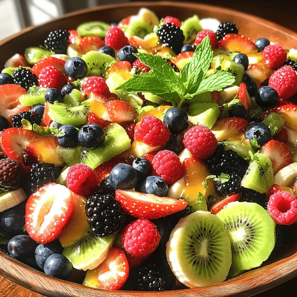 - 1 cup strawberries, hulled and sliced - 1 cup blueberries, rinsed - 1 cup raspberries, rinsed - 1 cup blackberries, rinsed - 2 kiwis, peeled and cut into bite-sized pieces - 1 ripe banana, sliced into rounds - 3 tablespoons honey, preferably raw - 2 tablespoons fresh lime juice - Zest of 1 lime - Fresh mint for garnish To create a Berry Fruit Salad, you need fresh and vibrant fruits. Strawberries bring sweetness. Blueberries add a pop of color and flavor. Raspberries offer a tangy bite. Blackberries add juicy goodness. Kiwis bring a tropical touch. Bananas add creaminess. For the honey lime dressing, I use raw honey for its rich taste. Fresh lime juice brightens the flavors. Lime zest adds aromatic notes. Together, these ingredients create a delicious dressing that enhances the fruits. Feel free to add fresh mint as a garnish. It not only looks great but adds a refreshing twist. You can find the full recipe for this delightful dish in the Berry Bliss Fruit Salad section. To start, gather your fresh fruits. You need to hull, slice, and rinse all the berries. - 1 cup strawberries, hulled and sliced - 1 cup blueberries, rinsed - 1 cup raspberries, rinsed - 1 cup blackberries, rinsed Next, peel and chop the kiwis and bananas. The kiwis should be cut into bite-sized pieces, while the banana should be sliced into rounds. - 2 kiwis, peeled and cut into bite-sized pieces - 1 ripe banana, sliced into rounds Now, let’s make the honey lime dressing. In a small bowl, combine honey, lime juice, and lime zest. - 3 tablespoons honey, preferably raw - 2 tablespoons fresh lime juice - Zest of 1 lime Whisk these ingredients together until the mixture is smooth and well-blended. It's time to mix everything together. In a large bowl, add all the prepared fruits. Pour the honey lime dressing over them. Gently toss the fruit salad with a spatula. Be careful not to mash the delicate berries. Now, let the salad rest for about 5 minutes. This wait allows the flavors to come together nicely. When you're ready to serve, arrange the salad in individual bowls or on a large platter. For the final touch, sprinkle with finely chopped fresh mint. This adds a pop of color and freshness. You can find the full recipe for this delightful dish. To make a great berry fruit salad, start by picking ripe fruits. Look for fruits that are firm and fresh. Choose strawberries that are bright red and smell sweet. Blueberries should be plump and deep blue. Raspberries must be vibrant and not mushy. Blackberries should be shiny and dark. For kiwis, pick ones that feel slightly soft when you press them. Bananas should be yellow with a few brown spots for sweetness. Once you mix the fruits with the dressing, let the salad rest for 5 minutes. This short wait allows the honey lime dressing to soak into the fruits. The flavors blend beautifully. You will notice a sweeter, more vibrant taste. This step makes a big difference in the final dish. Serving matters as much as taste. For a fun touch, use individual bowls for each guest. It makes the salad feel special. You can also arrange the salad on a large platter for gatherings. Add a sprinkle of fresh mint on top for color. It adds a nice aroma and looks beautiful. Check out the Full Recipe for more ideas on how to serve! {{image_4}} You can make your berry fruit salad even better. Consider adding pineapple or mango for tropical flair. These fruits bring a sweet and juicy touch. Pineapple adds a tangy punch, while mango offers creaminess. Mixing these fruits with berries creates a fun flavor burst. You can even try peaches or nectarines for a summer vibe. If you like creamy textures, try a yogurt-based dressing. This will add a smooth and tangy flavor. Mix plain yogurt with a bit of honey and lime juice. You can adjust the sweetness to fit your taste. This dressing pairs well with all the fruits. It adds a nice twist to the classic honey lime dressing. For a vegan option, substitute honey with agave syrup. Agave is sweeter and works well in dressings. This change keeps the salad light and bright. You can also use maple syrup for a different flavor. Both options keep your berry fruit salad delicious while meeting dietary needs. You should eat this berry fruit salad fresh for the best taste. If you need to store it, keep it in the fridge. It will stay good for 1-2 days. Make sure to use an airtight container. This helps keep the fruits from getting mushy and losing flavor. Place the container in the refrigerator right away. I do not recommend freezing this salad. Freezing can change the texture of the fruit. It may become soft and watery when thawed. Enjoy it fresh for the best experience. Typically, the salad lasts 1-2 days in an airtight container. The fruits stay fresh for a short time. After that, they may become mushy. Always check for changes in color or smell. It’s best to prepare the salad shortly before serving for optimal freshness. If you make it too early, the fruits may release juice. This can make the salad watery and less appealing. Agave syrup or maple syrup can be used as alternatives. Both provide sweetness without changing the flavor too much. This is great if you want a vegan option. You can still enjoy a tasty dressing! For the full recipe, check out the Berry Bliss Fruit Salad. This berry fruit salad combines fresh fruits and a zesty honey lime dressing. You’ve learned how to prepare the fruits and create the dressing. This salad is easy to make and perfect for any meal. Remember, using ripe fruits enhances the flavor. Feel free to add more fruits or try different dressings. Enjoy the taste and color of this dish. Fresh is key, so serve it right away for the best experience. Don’t forget to store leftovers properly for later use. Enjoy your healthy, delicious creation!