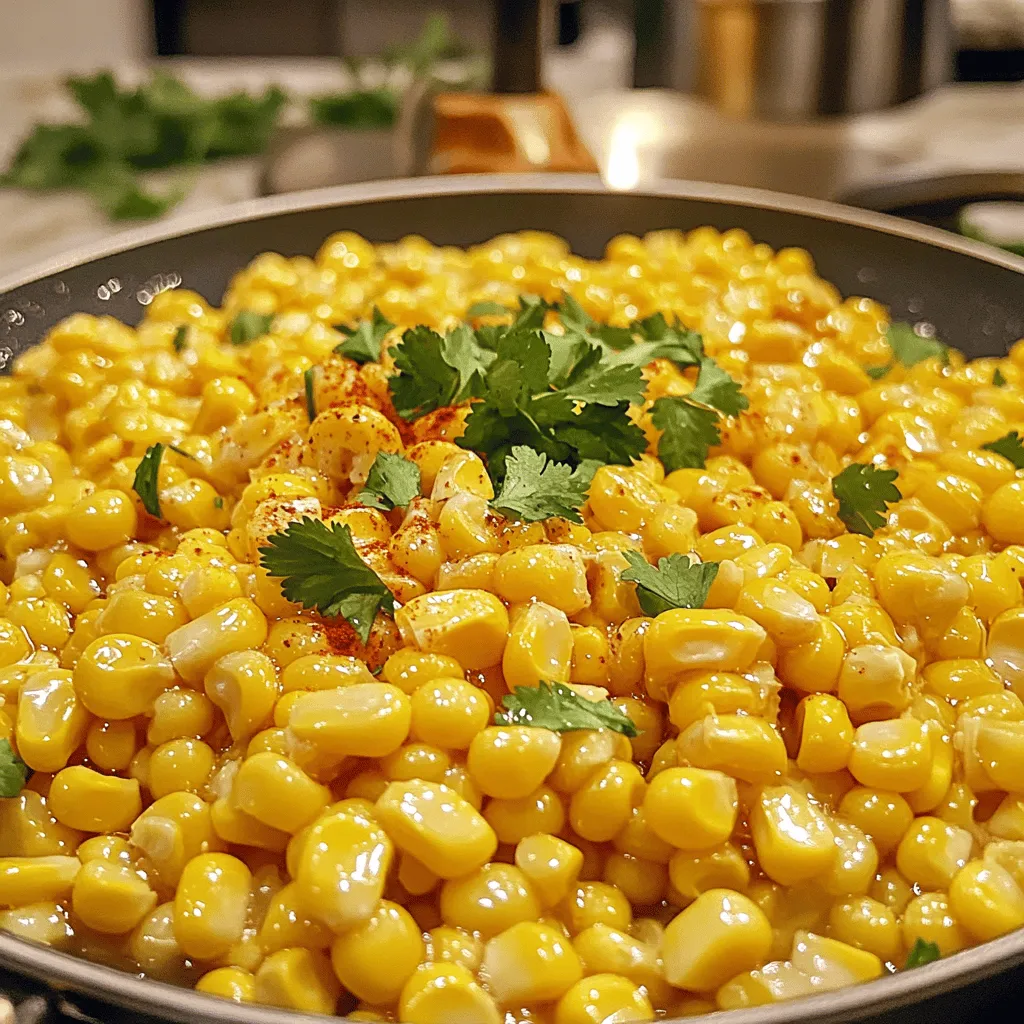 - Fresh or frozen corn kernels - Unsalted butter - Honey To start, I love using fresh corn kernels when they are in season. They burst with flavor! If fresh corn is not available, frozen corn works just as well. Next, we need unsalted butter. This lets us control the salt taste better. Lastly, honey adds a wonderful sweetness that balances the dish. - Garlic powder - Smoked paprika - Salt and pepper Garlic powder brings depth to our dish. It adds a warm taste without being overpowering. Smoked paprika gives a nice hint of smoke, which enhances the corn's natural sweetness. Don’t forget salt and pepper! They round out all the flavors perfectly. - Fresh cilantro or parsley Garnishing with fresh herbs makes a big difference. I often choose cilantro for its bright taste. If you prefer parsley, that works too. Just chop them up and sprinkle generously on top before serving. This adds color and freshness that you will love! For the full recipe, check out the [Full Recipe]. Start by heating a large skillet on medium heat. Make sure it gets hot, but not too hot. Next, add unsalted butter to the skillet. Watch closely as it melts. You want it to foam and smell nutty. This is the perfect time to move to the next step. Once your butter has melted, it’s time to add honey. Pour in two tablespoons and mix well. The honey should blend smoothly with the melted butter. Now, it’s time for the corn. Add four cups of fresh or thawed frozen corn kernels to the skillet. Stir them well to coat every kernel in the honey-butter mix. Now, we’ll bring in some flavor. Sprinkle garlic powder and smoked paprika over the corn. Add salt and pepper to taste. Mix everything together so the spices spread evenly. Let the corn cook for about 8-10 minutes. Stir occasionally. You want the corn to be tender and look a bit caramelized. When it’s done, taste it. Adjust the seasoning if needed. Don't forget to garnish with fresh cilantro or parsley before serving. Enjoy this sweet and savory dish! To get the best texture for your honey butter skillet corn, keep a close watch on the cooking time. Aim for about 8 to 10 minutes of cooking. This will let the corn become tender and slightly caramelized. Stir often to prevent sticking. Stirring also helps coat each kernel in the honey butter mix. You can adjust the sweetness to your taste. If you like it sweeter, add a bit more honey. For a savory kick, sprinkle in extra salt or pepper. You might also try adding other ingredients. Diced jalapeños can add heat. You could also mix in sweet bell peppers for color and taste. Serve this dish warm in a lovely bowl. The bright yellow corn looks great against a white dish. Drizzle a little extra honey on top for an appealing look. Finish with a sprinkle of fresh cilantro or parsley. This adds a pop of color and a fresh taste. {{image_4}} You can change the sweetness in Honey Butter Skillet Corn. Instead of honey, try maple syrup or brown sugar. Each sweetener adds a unique flavor. You can also mix in cheeses like feta or parmesan. These cheeses give a nice salty contrast. Adding bell peppers or zucchini brings more color and taste. For a vegan version, use plant-based butter and maple syrup. These swaps keep it tasty and dairy-free. For gluten-free options, this recipe is already safe. Just make sure all your ingredients are gluten-free. This way, everyone can enjoy it. Corn dishes vary widely across cultures. In Mexico, elote features corn with cheese and chili. You can pair Honey Butter Skillet Corn with grilled meats or tacos. This sweet side complements rich flavors well. Try serving it with a fresh salad for a complete meal. For the full recipe, refer back to the Honey Butter Skillet Corn section. After you enjoy your honey butter skillet corn, store any leftovers in an airtight container. This keeps the corn fresh and tasty. Place it in the fridge right away. It can last for about 3 to 4 days. If you want to keep it longer, freezing is a better option. When it comes time to reheat, I recommend using the stovetop. This method warms the corn evenly and keeps its flavor. Just add a splash of water to the pan while reheating. This helps maintain moisture. If you use the microwave, heat it in short bursts. Stir it often to ensure even heating. The stovetop usually gives better results than the microwave. Yes, you can freeze honey butter skillet corn! First, let it cool completely. Then, scoop it into a freezer-safe bag or container. Be sure to remove as much air as possible. This helps prevent freezer burn. To thaw, move it to the fridge overnight. You can also reheat it straight from the freezer on the stovetop. Just add a little water to help it warm up evenly. Enjoy your dish later with ease! Can I use canned corn instead of fresh? Yes, you can use canned corn. It’s quick and easy. Drain the liquid before using it. Fresh corn has a better texture, but canned corn works well in a pinch. What can I serve with honey butter skillet corn? Honey butter skillet corn pairs great with grilled chicken or fish. You can also serve it with tacos or burgers. It adds a sweet and savory touch to any meal. How do I know when the corn is done? The corn is done when it turns bright yellow and is tender. It usually takes about 8-10 minutes of cooking. Stir it occasionally to ensure even cooking. Can I make this in advance? You can prepare the corn ahead of time. Just reheat it on the stove or in the microwave before serving. The flavors will stay nice, and it saves time at dinner. What can I use instead of butter? You can use olive oil or coconut oil as a substitute. Both add rich flavor to the dish. Adjust the amount slightly based on your taste. Can I use agave syrup instead of honey? Yes, agave syrup works instead of honey. It has a similar sweetness, but the flavor is a bit different. Start with the same amount and adjust as needed. For the full recipe, you can refer to the Honey Butter Skillet Corn section above. In this blog post, we explored how to make honey butter skillet corn. We covered the ingredients, such as fresh corn, butter, and honey. You learned step-by-step instructions, helpful tips, and variations to meet your taste. Remember, using good spices and garnishing with cilantro or parsley makes a big difference. Try using different sweeteners or adding cheeses for variety. Enjoy making this dish and share it with others! The joy of cooking fresh ingredients can enhance any meal.