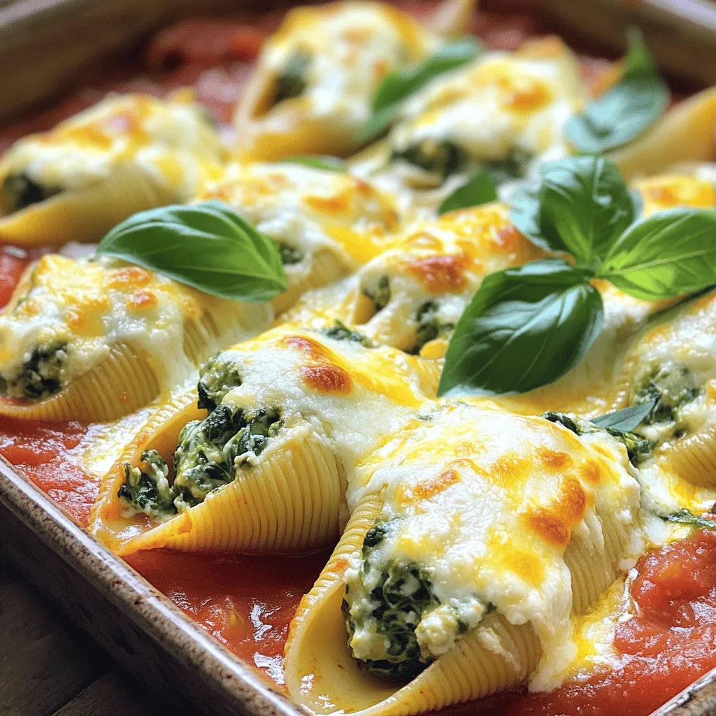 To make Easy Spinach and Ricotta Stuffed Shells, you need simple yet tasty ingredients. Here’s what you will need: - 12 jumbo pasta shells - 1 cup ricotta cheese - 2 cups fresh spinach, chopped - 1 cup shredded mozzarella cheese (divided) - 1/2 cup grated Parmesan cheese - 1 large egg - 2 cloves garlic, minced - 1 teaspoon dried oregano - 1 teaspoon salt - 1/2 teaspoon black pepper - 2 cups marinara sauce - Fresh basil leaves for garnish These ingredients work together to create a dish that is creamy, cheesy, and full of flavor. You can choose between fresh or frozen spinach for this dish. Fresh spinach gives a bright taste and a nice texture. It also has a higher nutrient level. You can chop it easily and mix it with the ricotta. On the other hand, frozen spinach is convenient. It is already chopped and ready to use. Just be sure to thaw and drain it well before mixing. Either way, you’ll end up with a tasty filling. If you want to switch up the cheese, there are a few options. Cottage cheese can work well. It has a similar texture and taste. Cream cheese can add a rich flavor, too. For a dairy-free option, try using cashew cream or tofu. Just blend it well to get a smooth texture. Each option gives a different twist to your stuffed shells while keeping them delicious. For the full recipe, check out the Cheesy Spinach & Ricotta Stuffed Shells Delight. First, preheat your oven to 375°F (190°C). This step warms the oven so the shells bake evenly. Next, grab a large pot and fill it with salted water. Bring the water to a boil. Carefully add the jumbo pasta shells to the boiling water. Cook them as per the package instructions until they are al dente. This means they should be firm but not hard. Once cooked, drain the shells in a colander. Set them aside to cool slightly. Now it’s time to make the filling. In a large mixing bowl, combine the ricotta cheese and chopped spinach. Add half of the shredded mozzarella cheese, the grated Parmesan cheese, and the egg. Don’t forget the minced garlic, dried oregano, salt, and black pepper. Mix all these ingredients together until they are creamy and well blended. This mixture will be rich and flavorful. Take a spoon or a small cookie scoop to fill each cooked shell. Gently stuff each shell with the creamy spinach and ricotta filling. As you fill them, place the stuffed shells seam-side up in a lightly greased baking dish. This helps them stay upright while baking. After all the shells are filled, pour marinara sauce over them. Make sure each shell is well coated. Finally, sprinkle the remaining mozzarella cheese on top for that cheesy goodness. To make the best filling, start with fresh spinach. Wash and chop it finely. Mix it well with ricotta cheese, half of the mozzarella, and some grated Parmesan. Use a large bowl for this. Add a large egg to help bind the mixture. Garlic adds a nice touch, so don’t skip it! Season with salt, pepper, and oregano. This will give your filling depth and flavor. You can prepare the filling ahead of time. Just cover it and store it in the fridge. You can also stuff the shells a day before baking. Keep them in a greased dish and cover with plastic wrap. When ready, pour the marinara sauce over and bake. This makes dinner easy on busy days. When baking, cover your dish with foil for the first 25 minutes. This keeps the cheese from burning. After that, remove the foil to let the cheese bubble and brown. This gives a nice golden top. Make sure to check if the cheese is melted. You want it gooey and delicious. For extra flavor, drizzle a bit of olive oil on top before serving. This is a great way to add a touch of richness to your Easy Spinach and Ricotta Stuffed Shells. For the complete recipe, check the Full Recipe section. {{image_4}} You can easily add protein to your stuffed shells. Cooked chicken or sausage works well. For chicken, use rotisserie or grilled chicken. Chop it into small pieces and mix it with the spinach and ricotta filling. For sausage, cook it first, then crumble it. Both options will make your dish heartier and more filling. If you want to keep it vegetarian, consider adding mushrooms or bell peppers. Sauté chopped mushrooms in a pan until they soften. You can also dice bell peppers and mix them into the filling. These add flavor and texture, making your stuffed shells more interesting. For a gluten-free version, use gluten-free pasta shells. Many brands offer great options that taste just as good. You can follow the same steps in the recipe. Just make sure to check the cooking time, as it may vary. This way, everyone can enjoy this comfort dish, no matter their dietary needs. Find the full recipe [here](#). After you enjoy your Easy Spinach and Ricotta Stuffed Shells, store any leftovers in an airtight container. This keeps the shells fresh. Place them in the fridge within two hours of cooking. They can last about three to five days. If you want to keep them longer, freezing is a great option. When you’re ready to eat the leftovers, heat them gently. Preheat your oven to 350°F (175°C). Place the stuffed shells in a baking dish and cover with foil. Bake for about 20 minutes. This warms them through without drying them out. If you want, add a little marinara sauce on top before reheating for extra flavor. To freeze your stuffed shells, let them cool completely first. Arrange them in a single layer on a baking sheet. Freeze them for about an hour. Then, transfer them to a freezer-safe bag or container. They can last up to three months in the freezer. When you're ready to cook them, bake them straight from the freezer. Just add about 10 extra minutes to the cooking time. This way, you can enjoy a delicious meal anytime! For the full recipe, refer back to the main section. Yes, you can use regular pasta shells. However, regular shells hold less filling. This means you may need to adjust the amount of filling you make. You will also need to check the cooking time, as smaller shells may cook more quickly. You can store cooked stuffed shells in the fridge for up to three days. Make sure to place them in an airtight container. This keeps them fresh and prevents them from drying out. When you are ready to eat, just reheat them in the oven or microwave. You can pair these stuffed shells with many sides. A simple green salad adds freshness. Garlic bread is always a favorite for soaking up sauce. You might also enjoy a side of roasted vegetables for added flavor and nutrition. If you want to make it special, serve it with a glass of red wine. In this blog post, we explored how to make Easy Spinach and Ricotta Stuffed Shells. We covered ingredient choices, including fresh spinach and alternatives for ricotta. You learned step-by-step instructions, tips for perfecting your dish, and variations to suit your taste. We also discussed storage options and FAQs for your convenience. Remember, this dish not only warms the belly but also invites creativity. You can easily adapt it to your liking and enjoy delicious leftovers. Happy cooking, and enjoy your tasty stuffed shells!