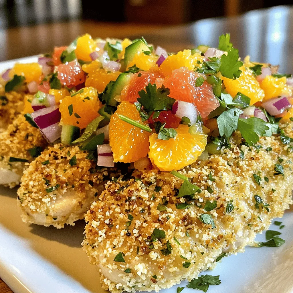 - 1 lb chicken tenderloins - 1 cup panko breadcrumbs - 1/2 cup freshly grated Parmesan cheese - 2 tablespoons fresh parsley, finely chopped - 1 tablespoon fresh thyme leaves - 1 teaspoon garlic powder - 1 teaspoon onion powder - Salt and freshly ground black pepper, to taste - 2 large eggs, beaten until smooth - 1 tablespoon extra-virgin olive oil For the Zesty Herb-Crusted Chicken Tenderloins, you need chicken tenderloins, which are juicy and quick to cook. Panko breadcrumbs give a great crunch. Fresh herbs like parsley and thyme add a bright flavor. You can’t forget the Parmesan cheese, which melts and gives richness. Eggs help the coating stick well. - 1 large orange, segmented and diced - 1/2 grapefruit, segmented and diced - 1/4 of a red onion, finely chopped - 1 small jalapeño, seeded and finely minced - 2 tablespoons fresh cilantro, chopped - 1 tablespoon fresh lime juice - A pinch of salt, to taste For the Citrus Salsa, use fresh fruit like orange and grapefruit. They add sweetness and tang. Red onion gives a nice crunch, while jalapeño adds heat. Cilantro adds freshness, and lime juice brightens the whole dish. This salsa pairs well with the chicken, making it very tasty. - Baking sheet - Parchment paper - Two mixing bowls - Shallow bowl for breadcrumbs - Meat thermometer - Whisk for beating eggs You will need a baking sheet lined with parchment paper for easy cleanup. Two mixing bowls help keep things organized. A shallow bowl for the breadcrumb mix makes breading easier. A meat thermometer checks if the chicken is cooked through. A whisk helps mix the eggs smoothly for coating. For the full recipe, check out the details above. First, preheat your oven to 400°F (200°C). This step is key for crisp chicken. Next, line your baking sheet with parchment paper. This makes cleanup simple. In a shallow bowl, mix the panko breadcrumbs, Parmesan cheese, parsley, thyme, garlic powder, onion powder, salt, and pepper. Make sure everything blends well. This mix adds a tasty crunch to your chicken. Take the chicken tenderloins one at a time. Dip each piece into the beaten eggs, coating it fully. Allow any extra egg to drip off. Then, roll the tenderloin in the breadcrumb mix. Press down lightly to help the crumbs stick. Place the breaded tenderloins on your baking sheet. Drizzle them with olive oil to help with browning. Bake for 15-20 minutes. Check the chicken with a meat thermometer. It should read 165°F (75°C) when done. Enjoy the aroma as it bakes! To keep chicken tenderloins juicy, choose fresh meat. Fresh meat has more moisture. Marinate the tenderloins for at least 30 minutes. A simple mix of olive oil, lemon juice, and herbs works well. This adds flavor and helps retain moisture. Avoid overcooking the chicken. Use a meat thermometer to check for doneness. Aim for an internal temperature of 165°F (75°C). Rest the chicken for a few minutes after cooking. This allows the juices to settle back in. You can enhance the flavor of chicken tenderloins easily. Try adding herbs like rosemary or oregano. They complement the chicken well. Spices like smoked paprika add a nice kick. Experiment with your favorite seasonings. If you love heat, add a pinch of cayenne pepper. Always taste your seasoning mix before breading. This ensures the chicken will be full of flavor. To get a crispier crust, use panko breadcrumbs. They create a light and crunchy coating. Mix in some grated cheese for extra flavor. Parmesan cheese works great in this mix. Make sure to press the breadcrumbs onto the chicken well. This helps them stick during cooking. For an even crispier texture, drizzle a bit of olive oil on top before baking. The oil promotes browning and adds crunch. For the ultimate crunch, broil the chicken for a couple of minutes at the end. This will give you that perfect golden finish. {{image_4}} You can switch up your dipping sauce to match your mood. Here are some fun options: - Honey Mustard: Mix equal parts honey and mustard for a sweet kick. - Spicy Ranch: Stir in some hot sauce into ranch dressing for a zesty dip. - BBQ Sauce: Use your favorite BBQ sauce for a smoky flavor. - Tzatziki: This yogurt-based sauce adds freshness with cucumber and garlic. These sauces add flavor and fun to your chicken tenderloins. Citrus salsa is bright and refreshing, but you can change it up! Try these ideas: - Add Avocado: Diced avocado gives a creamy texture. - Use Different Citrus: Swap oranges or grapefruit for lemon or lime for a new twist. - Add Fruits: Try diced mango or pineapple for a tropical flavor. - Spice It Up: Add diced red pepper or a pinch of cayenne for heat. These tweaks keep your salsa exciting and full of flavor. You can use other proteins or vegetables with the same recipe. Here are some tasty swaps: - Turkey Tenderloins: These work great and have a similar texture. - Firm Fish: Try salmon or cod for a different taste and texture. - Cauliflower Steaks: Bread and bake cauliflower for a vegan option. - Zucchini Slices: These can be breaded and baked for a fun veggie dish. These options let you enjoy new meals while keeping the same delicious flavors. After enjoying your zesty herb-crusted chicken tenderloins, you may have some left over. Store the chicken in an airtight container. Place it in the fridge if you plan to eat it within three days. For longer storage, consider freezing. Cool the chicken to room temperature before packing it away. To reheat, keep the chicken tenderloins moist. Preheat your oven to 350°F (175°C). Place the chicken on a baking sheet and cover it with foil. This keeps the moisture in. Heat for about 15 minutes or until warmed through. You can also use a microwave for quick reheating. Just make sure to cover the chicken to avoid dryness. If you want to freeze chicken tenderloins, wrap them tightly in plastic wrap. Then, place the wrapped chicken in a freezer bag. Remove as much air as possible. They will stay good for up to three months. When you're ready to eat, thaw the chicken in the fridge overnight. Avoid thawing at room temperature to keep it safe. For more details, check the Full Recipe for the chicken tenderloins! The best way to cook chicken tenderloins is baking. Preheat your oven to 400°F (200°C) for great results. I love using a crunchy coating to add flavor and texture. For my zesty herb-crusted chicken tenderloins, I mix panko breadcrumbs with Parmesan cheese and fresh herbs. This adds a delightful crunch. Bake them for about 15-20 minutes until golden brown and juicy. Always check the internal temperature; it should reach 165°F (75°C). Yes, you can use frozen chicken tenderloins. Just make sure to thaw them first. You can do this in the fridge overnight or use the microwave. Once thawed, they cook just like fresh tenderloins. The key is to ensure they are fully thawed to achieve even cooking. Follow the same steps in my Full Recipe for the best flavor and texture. To make chicken tenderloins more flavorful, use marinades or spice rubs. You can marinate them in citrus juice, garlic, and herbs for a few hours. This helps the flavors penetrate the meat. Adding spices like paprika or cayenne can give a nice kick. You can also mix various herbs into the breadcrumb coating. Fresh basil, oregano, or even a pinch of smoked paprika can elevate your dish. Don't shy away from experimenting with different flavors! You learned how to make zesty herb-crusted chicken tenderloins with a fresh citrus salsa. You know the best ingredients and tools to use for success. We covered tips to keep the chicken juicy and how to make a crispier crust. Plus, you discovered fun variations and smart storage methods. With these techniques, you can impress anyone at your table. Cooking can be easy and rewarding. Enjoy your tasty meal and share it with those you love!