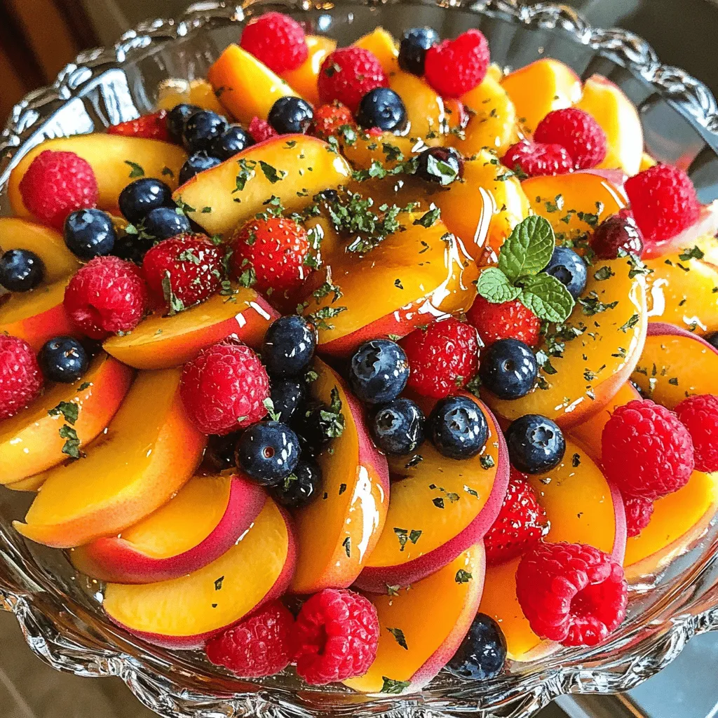 - 2 ripe peaches, sliced into wedges - 1 cup fresh strawberries, hulled and halved - 1 cup plump blueberries - 1 cup delicate raspberries Fresh fruit makes this salad bright and tasty. Peaches add a sweet and juicy bite. Strawberries give a nice pop of red, while blueberries and raspberries add color and flavor. Each fruit brings its own charm to the dish. - 1 tablespoon fresh mint leaves, finely chopped - 2 tablespoons floral honey - 1 tablespoon freshly squeezed lemon juice - A pinch of fine sea salt Mint leaves add a refreshing touch. Honey gives a natural sweetness that pairs well with the fruit. Lemon juice adds a bit of zing that brightens the flavor. A pinch of sea salt enhances all the tastes and balances the sweetness. - Preparation for 4 servings This recipe is perfect for sharing. It makes enough for four people. You can easily double it for a larger crowd. Just adjust the ingredients as needed. Enjoy the fresh and vibrant flavors of this delightful Peach Berry Fruit Salad. For the complete details, check the Full Recipe. Start by rinsing the peaches under cold water. This removes dirt and keeps them fresh. Slice the peaches into wedges. Place them in a large mixing bowl. Next, add the strawberries that you have hulled and halved. Toss in vibrant blueberries and soft raspberries. This colorful mix makes the salad look inviting. In a small bowl, combine the honey, lemon juice, and a pinch of sea salt. Whisk these ingredients together until they blend well. The honey adds sweetness, while the lemon juice gives it a tangy kick. The salt enhances the flavors, making them pop. Drizzle the honey mixture over the fruit in the bowl. Gently fold the fruits together using a spatula. Make sure every piece of fruit gets coated with that sweet dressing. To finish, sprinkle finely chopped mint leaves on top. Give everything a final gentle toss. This infuses the mint flavor throughout the salad. Let it rest at room temperature for about 10 minutes. This allows the flavors to blend beautifully. Enjoy your Peach Berry Fruit Salad fresh and flavorful! To choose ripe peaches, look for a few key traits. First, check the color; ripe peaches should have a warm, golden hue. Next, give them a gentle squeeze. They should feel slightly soft, not mushy. Look for a sweet aroma, which shows they are ready to eat. Avoid peaches with blemishes or dark spots. Picking perfect peaches makes your fruit salad taste amazing. Combining the fruits thoughtfully can boost the flavor of your salad. Start by mixing sweet peaches with tart berries. This balance creates a tasty contrast. Consider using a mix of strawberries, blueberries, and raspberries. Each berry adds its unique taste and texture. Toss them gently to keep the fruits whole. Adding a drizzle of honey and a splash of lemon juice enhances the flavors even more. This combo makes every bite a delight. How you serve your fruit salad matters. For a stunning look, use a clear glass bowl. This way, the bright colors of the fruits shine through. You can also serve individual portions in small bowls. Top each bowl with a mint sprig for a fresh touch. For a fun twist, use cute cups or mason jars. These ideas make your salad not just tasty, but appealing too. For the full recipe, check out the details above. {{image_4}} You can switch up the fruits in your Peach Berry Fruit Salad. Try using ripe mangoes, juicy pineapples, or sweet grapes. Bananas add creaminess, while kiwi brings a fun twist. Mix and match to find your favorite combination. You can also explore tropical fruits for a different flavor profile. The goal is to keep it fresh and tasty. If you're looking for vegan options, simply use maple syrup instead of honey. This keeps the sweetness without animal products. For a low-sugar salad, skip the honey or use a sugar substitute. You can still enjoy the flavors of the fruits without added sugar. Always check labels to ensure your ingredients meet your dietary needs. Using seasonal fruits makes this salad even better. In summer, add cherries or blackberries for a burst of flavor. In fall, consider adding apples or pears for a crisp bite. During winter, citrus fruits like oranges or grapefruit can brighten up the dish. Seasonal fruits not only taste better but also support local farmers. Mixing in seasonal finds keeps your salad fun and exciting. To keep your Peach Berry Fruit Salad fresh, seal it tightly in a container. Use a lid or plastic wrap to cover the bowl. Refrigerate the salad right away. This helps preserve its taste and texture. Avoid letting it sit out at room temperature for too long, as this can make the fruit mushy. When stored properly, your fruit salad lasts about 2 to 3 days in the fridge. The peaches and berries may start to break down after this time. For the best flavor and texture, enjoy it within the first day or two. If you notice any browning or mushiness, it's time to toss it. You can prepare some parts of the salad in advance. Slice the peaches and berries a few hours before serving. Keep the cut fruit in the fridge. Make the dressing separately to mix in later. This keeps everything fresh and vibrant. Just combine it all right before you serve. That way, you get the best taste and look from your Peach Berry Fruit Salad. For the full recipe, check the main section. You can mix in many fruits. Here are some tasty options: - Kiwi for a tropical twist - Pineapple for a sweet bite - Mango for a sunny flavor - Grapes for crunch and sweetness - Melon for a juicy pop These fruits pair well with peaches and berries. Feel free to get creative! You can also adjust based on what you have. Just remember to keep colors bright and flavors fresh. Yes, you can prep this salad ahead of time. Here are some tips: - Slice peaches just before mixing to keep them fresh. - Combine all berries beforehand; they hold well. - Mix the dressing and store it separately until serving. - Wait to add mint until you serve for the best flavor. Making it a few hours ahead works great. Just keep it in the fridge. Absolutely! This salad is perfect for kids. Here’s why: - It has sweet, familiar fruits that kids love. - It’s colorful and fun to eat. - You can let kids help mix the fruit. - The dressing is mild and not too tangy. Kids can enjoy this salad as a snack or dessert. It’s a great way to get them to eat more fruit! This blog post showed how to make a vibrant Peach Berry Fruit Salad. We covered the best fruits, like peaches and berries, and added fresh mint, honey, and lemon for flavor. You learned how to prepare the fruit, make the dressing, and combine it all. Tips on selecting peaches and serving creatively were included. Remember, this salad is simple and fun to make. You can adjust the recipe for different fruits and diets too. Enjoy creating your colorful fruit salad!