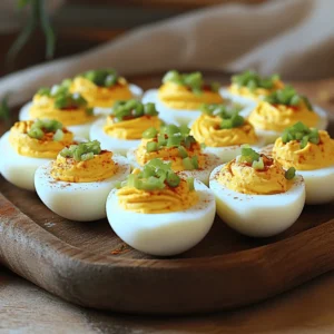 - 6 large hard-boiled eggs - 3 tablespoons creamy mayonnaise - 1 teaspoon Dijon mustard - 1 tablespoon chili garlic sauce - 1 teaspoon sriracha (optional) - 1 teaspoon rice vinegar - Salt and freshly cracked black pepper - 1 green onion, finely chopped - 1 teaspoon smoked paprika The main ingredients are simple yet effective. The hard-boiled eggs serve as a creamy base. The mayonnaise adds smoothness, while the Dijon mustard gives a tangy kick. The chili garlic sauce brings the heat, and sriracha can add even more spice. Rice vinegar adds a bit of acidity, balancing the flavors well. Finally, the green onion and smoked paprika provide a perfect finish. - Chopped fresh herbs (like cilantro or parsley) - A dash of lemon juice - Crumbled bacon bits - Avocado for creaminess These optional ingredients can elevate the dish. Fresh herbs add brightness. A splash of lemon juice enhances the taste. Bacon bits bring texture and a smoky flavor, and avocado can make it even creamier. - Use avocado or hummus in place of mayonnaise for dairy-free options. - Choose a gluten-free mustard if needed. - Use a different vinegar like apple cider if rice vinegar is not available. These substitutions ensure everyone can enjoy this tasty treat. They cater to various dietary needs while keeping the dish delicious. For the full recipe, check out the detailed cooking instructions. Start by peeling six large hard-boiled eggs. Rinse them under cold water to remove any shell bits. This step helps keep the eggs smooth and clean. Next, slice each egg in half lengthwise. Carefully remove the yolks and place them in a mixing bowl. Make sure to keep the egg whites intact for filling later. In the bowl with the yolks, add three tablespoons of creamy mayonnaise. Then, add one teaspoon of Dijon mustard. For a spicy kick, mix in one tablespoon of chili garlic sauce. If you like more heat, you can also add one teaspoon of sriracha. Next, add one teaspoon of rice vinegar. Season with salt and freshly cracked black pepper to taste. Use a fork to mash the yolks and mix everything until it is smooth and creamy. Taste the filling and adjust the flavor as needed. Once the filling is ready, it's time to fill the egg whites. You can either spoon the yolk mixture into each egg half or use a piping bag for a fancier look. If you choose the piping bag, use a star tip for a nice design. After filling the eggs, sprinkle a dash of smoked paprika on top for extra flavor. Garnish with finely chopped green onion for a fresh touch. For the best taste, serve the deviled eggs right away or chill them for about 15-20 minutes. This wait helps the flavors blend perfectly. For the full recipe, check the top section of this article. To get hard-boiled eggs just right, start with older eggs. Fresh eggs are harder to peel. Place your eggs in a pot and cover them with cold water. Bring the water to a boil over medium heat. Once boiling, cover the pot and turn off the heat. Let the eggs sit for 12-14 minutes. Afterward, cool them in an ice bath for easy peeling. This method gives you smooth, bright yellow yolks for your deviled eggs. You can prepare Spicy Chili Garlic Deviled Eggs in advance. Cook and peel the eggs a day ahead. Store them in a covered container in the fridge. Mix the yolk filling a few hours before your event for the best flavor. Just fill the egg whites right before serving. This way, the flavors stay fresh. You’ll impress your guests without stress! Presentation matters with deviled eggs. For a beautiful look, use a piping bag to fill the egg whites. A star tip gives the filling a nice design. You can also sprinkle smoked paprika and top with green onion for color. Arrange them on a nice platter for a festive touch. A stunning display makes your dish even more inviting. {{image_4}} You can switch up the heat with different spicy sauces. Instead of chili garlic sauce, try using sambal oelek or harissa for a unique flavor. Both sauces add depth. You can also use a smoky chipotle sauce for a different kick. Adjust the amount based on how spicy you want your deviled eggs. Try adding unique ingredients for an extra twist. For example, mix in some pickled jalapeños for crunch. You can also toss in a bit of curry powder for warmth. Another fun option is to add crumbled bacon for a savory touch. Each addition brings new flavors to your deviled eggs, making them exciting. If you want a vegetarian option, swap the mayonnaise for a plant-based version. Many brands offer creamy vegan mayo that tastes great. For a fun twist, use mashed avocado instead. It adds creaminess and a fresh taste. You can still keep the chili garlic sauce to maintain that spicy kick. These swaps make your deviled eggs friendly for everyone. To keep your spicy chili garlic deviled eggs fresh, store them in the fridge. Use an airtight container to prevent any odors from mixing. If you have leftovers, try to eat them within a few days for the best taste. Reheating deviled eggs is not common, but you can try it. If you want, place them in the microwave for a few seconds. Keep an eye on them to avoid cooking the eggs further. Spicy chili garlic deviled eggs last about three to five days in the fridge. Look for changes in color or smell. If they smell off or have a slimy texture, throw them away. Always trust your senses when it comes to food safety. Yes, you can make Spicy Chili Garlic Deviled Eggs ahead of time. Prepare them up to two days in advance. Store them in the fridge in an airtight container. This way, you save time on party day. The flavors will mix well and taste even better after resting. Deviled eggs pair well with many foods. Here are some options: - Crisp veggie sticks like carrots and celery - Fresh fruit like grapes or berries - Crackers or toasted bread for crunch - A light salad for balance These sides add color and variety to your spread. To make the filling creamier, add more mayonnaise. You can also try using sour cream or Greek yogurt. These ingredients add rich flavor and smooth texture. Whip the filling until it is light and fluffy for the best results. Yes, you can use store-bought mayo. It saves time and works well in the recipe. While homemade mayo can taste fresher, store-bought will still give great flavor. Choose a brand you like for the best results. In this blog post, we discussed how to make spicy chili garlic deviled eggs. We covered ingredients, step-by-step instructions, helpful tips, and fun variations. Remember, achieving the perfect hard-boiled egg is key. Don't be afraid to try new flavors or alternatives for your guests. Storing properly helps keep them fresh for longer. Whether you make them for a party or a snack, these deviled eggs will shine. Keep experimenting and enjoy your tasty creations!