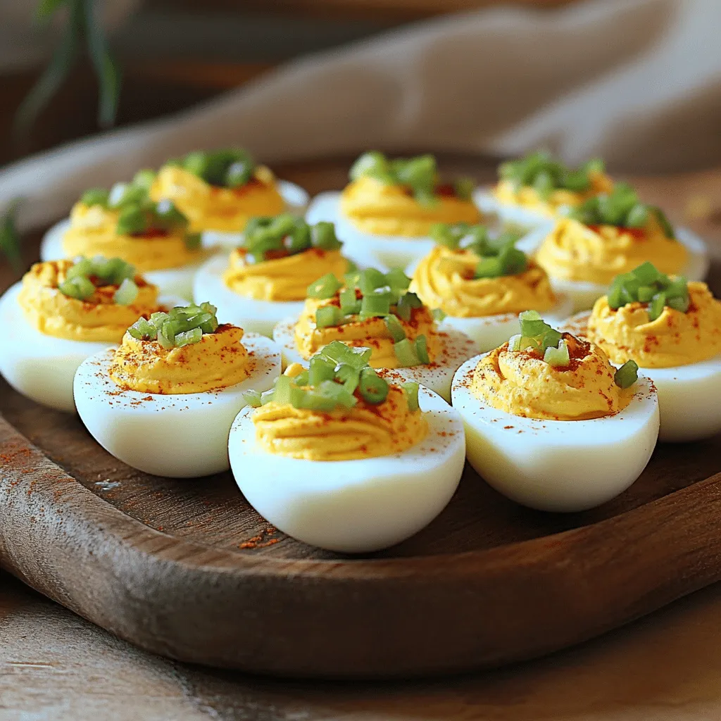 - 6 large hard-boiled eggs - 3 tablespoons creamy mayonnaise - 1 teaspoon Dijon mustard - 1 tablespoon chili garlic sauce - 1 teaspoon sriracha (optional) - 1 teaspoon rice vinegar - Salt and freshly cracked black pepper - 1 green onion, finely chopped - 1 teaspoon smoked paprika The main ingredients are simple yet effective. The hard-boiled eggs serve as a creamy base. The mayonnaise adds smoothness, while the Dijon mustard gives a tangy kick. The chili garlic sauce brings the heat, and sriracha can add even more spice. Rice vinegar adds a bit of acidity, balancing the flavors well. Finally, the green onion and smoked paprika provide a perfect finish. - Chopped fresh herbs (like cilantro or parsley) - A dash of lemon juice - Crumbled bacon bits - Avocado for creaminess These optional ingredients can elevate the dish. Fresh herbs add brightness. A splash of lemon juice enhances the taste. Bacon bits bring texture and a smoky flavor, and avocado can make it even creamier. - Use avocado or hummus in place of mayonnaise for dairy-free options. - Choose a gluten-free mustard if needed. - Use a different vinegar like apple cider if rice vinegar is not available. These substitutions ensure everyone can enjoy this tasty treat. They cater to various dietary needs while keeping the dish delicious. For the full recipe, check out the detailed cooking instructions. Start by peeling six large hard-boiled eggs. Rinse them under cold water to remove any shell bits. This step helps keep the eggs smooth and clean. Next, slice each egg in half lengthwise. Carefully remove the yolks and place them in a mixing bowl. Make sure to keep the egg whites intact for filling later. In the bowl with the yolks, add three tablespoons of creamy mayonnaise. Then, add one teaspoon of Dijon mustard. For a spicy kick, mix in one tablespoon of chili garlic sauce. If you like more heat, you can also add one teaspoon of sriracha. Next, add one teaspoon of rice vinegar. Season with salt and freshly cracked black pepper to taste. Use a fork to mash the yolks and mix everything until it is smooth and creamy. Taste the filling and adjust the flavor as needed. Once the filling is ready, it's time to fill the egg whites. You can either spoon the yolk mixture into each egg half or use a piping bag for a fancier look. If you choose the piping bag, use a star tip for a nice design. After filling the eggs, sprinkle a dash of smoked paprika on top for extra flavor. Garnish with finely chopped green onion for a fresh touch. For the best taste, serve the deviled eggs right away or chill them for about 15-20 minutes. This wait helps the flavors blend perfectly. For the full recipe, check the top section of this article. To get hard-boiled eggs just right, start with older eggs. Fresh eggs are harder to peel. Place your eggs in a pot and cover them with cold water. Bring the water to a boil over medium heat. Once boiling, cover the pot and turn off the heat. Let the eggs sit for 12-14 minutes. Afterward, cool them in an ice bath for easy peeling. This method gives you smooth, bright yellow yolks for your deviled eggs. You can prepare Spicy Chili Garlic Deviled Eggs in advance. Cook and peel the eggs a day ahead. Store them in a covered container in the fridge. Mix the yolk filling a few hours before your event for the best flavor. Just fill the egg whites right before serving. This way, the flavors stay fresh. You’ll impress your guests without stress! Presentation matters with deviled eggs. For a beautiful look, use a piping bag to fill the egg whites. A star tip gives the filling a nice design. You can also sprinkle smoked paprika and top with green onion for color. Arrange them on a nice platter for a festive touch. A stunning display makes your dish even more inviting. {{image_4}} You can switch up the heat with different spicy sauces. Instead of chili garlic sauce, try using sambal oelek or harissa for a unique flavor. Both sauces add depth. You can also use a smoky chipotle sauce for a different kick. Adjust the amount based on how spicy you want your deviled eggs. Try adding unique ingredients for an extra twist. For example, mix in some pickled jalapeños for crunch. You can also toss in a bit of curry powder for warmth. Another fun option is to add crumbled bacon for a savory touch. Each addition brings new flavors to your deviled eggs, making them exciting. If you want a vegetarian option, swap the mayonnaise for a plant-based version. Many brands offer creamy vegan mayo that tastes great. For a fun twist, use mashed avocado instead. It adds creaminess and a fresh taste. You can still keep the chili garlic sauce to maintain that spicy kick. These swaps make your deviled eggs friendly for everyone. To keep your spicy chili garlic deviled eggs fresh, store them in the fridge. Use an airtight container to prevent any odors from mixing. If you have leftovers, try to eat them within a few days for the best taste. Reheating deviled eggs is not common, but you can try it. If you want, place them in the microwave for a few seconds. Keep an eye on them to avoid cooking the eggs further. Spicy chili garlic deviled eggs last about three to five days in the fridge. Look for changes in color or smell. If they smell off or have a slimy texture, throw them away. Always trust your senses when it comes to food safety. Yes, you can make Spicy Chili Garlic Deviled Eggs ahead of time. Prepare them up to two days in advance. Store them in the fridge in an airtight container. This way, you save time on party day. The flavors will mix well and taste even better after resting. Deviled eggs pair well with many foods. Here are some options: - Crisp veggie sticks like carrots and celery - Fresh fruit like grapes or berries - Crackers or toasted bread for crunch - A light salad for balance These sides add color and variety to your spread. To make the filling creamier, add more mayonnaise. You can also try using sour cream or Greek yogurt. These ingredients add rich flavor and smooth texture. Whip the filling until it is light and fluffy for the best results. Yes, you can use store-bought mayo. It saves time and works well in the recipe. While homemade mayo can taste fresher, store-bought will still give great flavor. Choose a brand you like for the best results. In this blog post, we discussed how to make spicy chili garlic deviled eggs. We covered ingredients, step-by-step instructions, helpful tips, and fun variations. Remember, achieving the perfect hard-boiled egg is key. Don't be afraid to try new flavors or alternatives for your guests. Storing properly helps keep them fresh for longer. Whether you make them for a party or a snack, these deviled eggs will shine. Keep experimenting and enjoy your tasty creations!