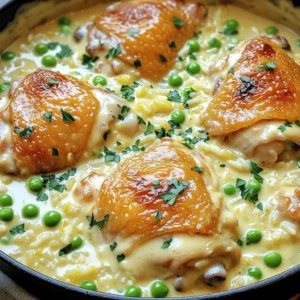 - 4 boneless, skinless chicken thighs - 1 cup long-grain white rice - 2 cups chicken broth - 1 cup heavy cream - 1 medium onion, finely chopped - 3 cloves garlic, minced - 1 tablespoon olive oil - 1 teaspoon smoked paprika - 1 teaspoon garlic powder - 1 teaspoon onion powder - Sea salt and freshly cracked black pepper to taste - Fresh parsley, finely chopped (for garnish) - Additional herbs for variation The main ingredients for creamy smothered chicken and rice are simple yet flavorful. You need chicken thighs, rice, chicken broth, and heavy cream. Chicken thighs provide juicy meat that stays tender. The long-grain rice absorbs all the rich flavors. Aromatics make this dish pop. The chopped onion and minced garlic add depth. They create a sweet aroma as they cook. Olive oil helps everything sauté nicely and adds a bit of richness. Seasonings like smoked paprika, garlic powder, and onion powder enhance the dish. They add warmth and a hint of smokiness. Don't forget sea salt and black pepper to taste. These are essential for that perfect flavor balance. For a fresh touch, use chopped parsley for garnish. It adds color and brightness to the dish. You can also use other herbs if you like. You can find the full recipe for creamy smothered chicken and rice in the article. This dish is sure to impress with its creamy texture and rich taste! First, I season the chicken thighs. I use sea salt, black pepper, smoked paprika, garlic powder, and onion powder. This mix gives the chicken great flavor. Next, I heat olive oil in a large skillet over medium heat. I add the seasoned chicken and cook it for about 5-7 minutes on each side. I aim for a nice golden brown color. Once cooked, I take the chicken out and set it aside. In the same skillet, I add finely chopped onion and minced garlic. I sauté them for about 3-4 minutes. I cook until the onion turns translucent and smells great. This step builds the flavor base for our creamy dish. Next, I toss in the long-grain white rice. I let it cook for 1-2 minutes. This allows the rice to soak up the flavors from the onion and garlic. Then, I pour in the chicken broth. I briefly increase the heat to bring it to a gentle boil. Once boiling, I lower the heat, cover the skillet, and let it simmer for about 15 minutes. This helps the rice absorb most of the broth and become tender. After the rice is almost cooked, I stir in heavy cream and frozen peas. I mix them well to combine. Then, I nestle the cooked chicken thighs back into the creamy rice mixture. This step adds richness and creaminess to the dish. I cover the skillet again and let everything simmer for an additional 5-7 minutes. This allows the chicken to heat through and all the flavors to meld. I taste it at this point and adjust the seasoning if needed. Once done, I remove the skillet from the heat. I let it rest for a few moments. For serving, I sprinkle freshly chopped parsley on top. This adds a nice pop of color. I can serve the creamy chicken and rice directly from the skillet or plate it in shallow bowls. Both ways look great and taste amazing. For a little extra flair, I might drizzle olive oil on top. Enjoy this delicious dish! For the full recipe, check out the link. To make your creamy smothered chicken and rice even better, adjust the seasoning. Taste as you go. This way, you can make it just how you like it. If you want a richer flavor, use homemade chicken broth. It adds depth and makes every bite special. Undercooked rice can ruin this dish. To avoid this, make sure to cover your skillet while it simmers. This helps trap steam and cook the rice evenly. For juicy chicken, do not overcook it. Remove the chicken once it turns golden brown. It will stay moist when you nestle it back into the creamy rice. Pair this dish with vegetables or salads for balance. Steamed broccoli or a fresh garden salad work well. If you enjoy wine, consider a light white wine like Sauvignon Blanc. It complements the flavors beautifully. Explore the Full Recipe for detailed steps and watch your cooking skills shine! {{image_4}} You can switch cuts of chicken for a new taste. Try chicken breasts or drumsticks instead of thighs. Each cut has its own flavor and texture. For rice, you can use brown rice instead of white. Brown rice adds more fiber and a nutty flavor. Just note that it takes longer to cook. Adjust the cooking time to about 40 minutes instead of 15. Want some heat? Add cayenne pepper or red pepper flakes to the mix. Start with a small amount, then taste and adjust as needed. You can also mix in extra vegetables for more color and nutrition. Peppers, carrots, or spinach work well. Just sauté them with the onion and garlic before adding the rice. If you want to make this dish dairy-free, swap heavy cream for coconut milk. It will still give you a creamy texture with a hint of sweetness. For gluten-free options, use rice alternatives like quinoa or cauliflower rice. They work great in this dish and keep it gluten-free. To store leftovers of creamy smothered chicken and rice, let it cool first. Place the chicken and rice in an airtight container. This helps keep it fresh. You can store it in the fridge for up to four days. For reheating, the best method is to use the stove. Place the dish in a skillet over low heat. Stir often to keep it from sticking. Add a splash of chicken broth or cream to maintain creaminess. You can also use the microwave. Heat it in short bursts, stirring in between. If you want to freeze it, let it cool completely. Transfer to a freezer-safe container. This dish can last up to three months in the freezer. When ready to eat, thaw it overnight in the fridge. Reheat on the stove or microwave, adding some cream to keep it creamy. For the full recipe, check out the earlier sections! You can use several alternatives for heavy cream. Here are some good options: - Coconut milk: This adds a nice flavor and creaminess. - Half-and-half: Mix equal parts of milk and cream for a lighter option. - Greek yogurt: This gives a tangy taste and thick texture. - Cashew cream: Blend soaked cashews with water for a dairy-free cream. These substitutes can lighten the dish while still keeping it rich and creamy. Yes, you can use brown rice. Brown rice takes longer to cook. Here’s how to adjust: - Increase the cooking time: Cook it for about 30-40 minutes instead of 15. - Add more liquid: Use 2.5 cups of chicken broth instead of 2 cups. These changes ensure the brown rice cooks well and absorbs all the flavors. To check if chicken is done, use these tips: - Temperature: The internal temperature should reach 165°F (75°C). - Juices: Cut into the chicken; juices should run clear, not pink. - Texture: The meat should feel firm and no longer rubbery. These checks ensure you serve safe and tender chicken. This dish pairs well with many sides. Here are some ideas: - Steamed broccoli: Adds a nice crunch and color. - Roasted carrots: Their sweetness complements the dish. - Simple salad: A fresh mix of greens balances the creaminess. These sides enhance your meal and add variety to your plate. Adding spice is easy! Try these ideas: - Cayenne pepper: A pinch gives a nice kick. - Hot sauce: Stir in your favorite hot sauce for extra heat. - Chili powder: This adds warmth and depth to the creamy sauce. These options let you tailor the dish to your spice preference. For the full recipe, check out the Creamy Smothered Chicken and Rice Delight. This recipe for creamy smothered chicken and rice brings comfort and flavor together. We explored the essential ingredients, preparation steps, and variations to fit your taste. Remember to adjust seasonings for your perfect dish. Feel free to experiment with different ingredients and serving styles. With easy storage and reheating tips, you can enjoy this dish at your leisure. Dive into this meal and enjoy every bite, knowing it’s made just for you!