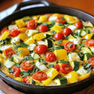 - 6 large eggs - 1/2 cup milk (or dairy-free alternative) - 1 cup assorted bell peppers, diced - 1 small zucchini, diced - 1/2 cup cherry tomatoes, halved - 1/4 cup red onion, finely chopped - 1 cup fresh spinach, chopped - 1 cup shredded cheese - 2 tablespoons olive oil - Salt and pepper to taste - Fresh herbs for garnish The main ingredients for the easy frittata are simple and colorful. You need large eggs as the base. Milk adds creaminess, and you can use a dairy-free option if you prefer. The diced bell peppers, zucchini, and halved cherry tomatoes bring great flavor and texture. The red onion adds a nice bite, while fresh spinach gives it a healthy boost. Cheese is key for that gooey, delicious top. I love using a mix of cheddar and mozzarella, but you can choose what you like best. Olive oil helps cook the veggies and adds richness. Don’t forget salt and pepper to season your dish just right. Fresh herbs, like basil or parsley, will make your frittata pop in flavor and color. - Additional vegetables - Cooked meat like bacon or sausage - Different cheese varieties If you want to customize your frittata, there are many optional add-ins. You can add more vegetables, like mushrooms or kale, to enhance the taste. If you like meat, cooked bacon or sausage will add a hearty touch. Feel free to experiment with different cheeses, too, like feta or goat cheese. Each choice adds a unique flavor to your frittata. - Non-dairy milk options - Egg alternatives for vegan frittata - Low-fat cheese options For those who want to make swaps, there are great substitutions. Use almond, soy, or oat milk instead of regular milk. If you need a vegan option, replace eggs with tofu or chickpea flour. You can also pick low-fat cheese to lighten up the dish without losing flavor. - Preheat the oven to 375°F (190°C). - In a bowl, whisk the eggs and milk together until smooth. - Heat olive oil in a large skillet over medium heat. - Add finely chopped red onion. Sauté until it turns translucent. - Next, add diced bell peppers, zucchini, and halved cherry tomatoes. - Cook for 3-4 minutes, stirring now and then. - Stir in chopped spinach. Cook for 1-2 minutes until it wilts. - Carefully pour the egg mixture over the sautéed vegetables. - Gently stir to mix all the ingredients. - Sprinkle shredded cheese on top and let it cook on the stove. - Transfer the skillet to the preheated oven. - Bake for 15-20 minutes, until it sets and the top is golden. - Once baked, let it cool for a few minutes. - Slice the frittata into wedges and serve. For the complete recipe, check out the Full Recipe. Enjoy your easy frittata! To make your frittata fluffy, start with fresh eggs. Whisk them well with milk until smooth. This adds air and lightness. When cooking, keep the heat moderate. High heat can overcook the eggs. Always remove the frittata from the heat as soon as it is set. The residual heat will finish cooking it. To boost taste, use fresh herbs like basil or parsley. They add brightness and aroma. Spices like paprika or garlic powder also work well. For a zesty kick, try adding a splash of hot sauce or lemon juice. These ingredients bring out the best in your frittata. A frittata pairs wonderfully with a simple salad. Mixed greens with a light vinaigrette complement its richness. For garnish, sprinkle fresh herbs on top for color. Serve slices on a colorful plate for an eye-catching look. This makes for a fun brunch or a light dinner option. {{image_4}} You can change up the frittata to fit your taste. A Mediterranean-style frittata is a great option. Use ingredients like spinach, olives, and feta cheese. This gives a fresh and tangy flavor. You might also try adding Italian herbs, like oregano or basil. They add a warm and fragrant touch to the dish. Using seasonal veggies makes your frittata special. In spring, use fresh asparagus and peas. These bright greens add color and taste. For fall, consider squash or pumpkin. They add a nice sweetness and warmth. Mixing seasonal ingredients keeps the dish exciting year-round. If you need gluten-free options, frittatas are a good choice. Eggs are naturally gluten-free. Just make sure to avoid any added gluten in your mix. For low-carb meals, use cauliflower instead of potatoes. This adds a nice texture without the carbs. You can enjoy a tasty meal that fits your dietary needs. For more ideas, check out the Full Recipe for a vibrant vegetable frittata! To keep your frittata fresh, store leftovers in the fridge. First, let it cool completely. Then, cover it tightly with plastic wrap or aluminum foil. You can also use an airtight container. This helps keep moisture in and prevents odors from other foods. Your frittata will last up to four days in the fridge. Always check for signs of spoilage before eating. If you want to save some frittata for later, freezing is a great option. Start by cutting the frittata into slices. Wrap each slice in plastic wrap. Then, place them in a freezer-safe bag or container. Make sure to label the bag with the date. Your frittata can stay fresh for up to three months in the freezer. Thaw it in the fridge overnight before reheating. You can reheat frittata in two easy ways: the oven or the microwave. For the oven, preheat it to 350°F (175°C). Place the frittata on a baking sheet and cover it with foil. Heat for about 10-15 minutes. This keeps the texture nice. For the microwave, place a slice on a microwave-safe plate. Heat it for 30-60 seconds. The microwave is faster but may make it slightly less fluffy. Always check the temperature before serving. A frittata lasts about 3 to 4 days in the fridge. Store it in an airtight container. This keeps it fresh and safe to eat. If you see any signs of spoilage, like a strange smell or color, throw it away. Yes, you can make a frittata ahead of time. It’s a great meal prep option! Cook it, allow it to cool, and then store it in the fridge. You can also freeze it for longer storage. Just make sure to wrap it tightly. Frittatas pair well with fresh salads or crusty bread. You can also serve it with fruit for a lighter meal. Consider adding some roasted potatoes or a simple green salad. These sides can make your frittata a full meal. The frittata is done when it is set in the middle. You should see a light golden color on top. Insert a knife into the center; if it comes out clean, it is ready. The edges should also pull away from the sides of the pan. You learned how to make an easy frittata with various ingredients. I covered main items, optional add-ins, and substitutions to suit your needs. Following clear steps, you can cook, bake, and store the frittata easily. I also shared tips for better flavor and texture. Now you have the tools to create a tasty dish every time. Enjoy experimenting with flavors and ingredients. Happy cooking!