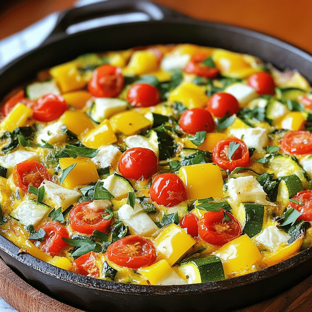 - 6 large eggs - 1/2 cup milk (or dairy-free alternative) - 1 cup assorted bell peppers, diced - 1 small zucchini, diced - 1/2 cup cherry tomatoes, halved - 1/4 cup red onion, finely chopped - 1 cup fresh spinach, chopped - 1 cup shredded cheese - 2 tablespoons olive oil - Salt and pepper to taste - Fresh herbs for garnish The main ingredients for the easy frittata are simple and colorful. You need large eggs as the base. Milk adds creaminess, and you can use a dairy-free option if you prefer. The diced bell peppers, zucchini, and halved cherry tomatoes bring great flavor and texture. The red onion adds a nice bite, while fresh spinach gives it a healthy boost. Cheese is key for that gooey, delicious top. I love using a mix of cheddar and mozzarella, but you can choose what you like best. Olive oil helps cook the veggies and adds richness. Don’t forget salt and pepper to season your dish just right. Fresh herbs, like basil or parsley, will make your frittata pop in flavor and color. - Additional vegetables - Cooked meat like bacon or sausage - Different cheese varieties If you want to customize your frittata, there are many optional add-ins. You can add more vegetables, like mushrooms or kale, to enhance the taste. If you like meat, cooked bacon or sausage will add a hearty touch. Feel free to experiment with different cheeses, too, like feta or goat cheese. Each choice adds a unique flavor to your frittata. - Non-dairy milk options - Egg alternatives for vegan frittata - Low-fat cheese options For those who want to make swaps, there are great substitutions. Use almond, soy, or oat milk instead of regular milk. If you need a vegan option, replace eggs with tofu or chickpea flour. You can also pick low-fat cheese to lighten up the dish without losing flavor. - Preheat the oven to 375°F (190°C). - In a bowl, whisk the eggs and milk together until smooth. - Heat olive oil in a large skillet over medium heat. - Add finely chopped red onion. Sauté until it turns translucent. - Next, add diced bell peppers, zucchini, and halved cherry tomatoes. - Cook for 3-4 minutes, stirring now and then. - Stir in chopped spinach. Cook for 1-2 minutes until it wilts. - Carefully pour the egg mixture over the sautéed vegetables. - Gently stir to mix all the ingredients. - Sprinkle shredded cheese on top and let it cook on the stove. - Transfer the skillet to the preheated oven. - Bake for 15-20 minutes, until it sets and the top is golden. - Once baked, let it cool for a few minutes. - Slice the frittata into wedges and serve. For the complete recipe, check out the Full Recipe. Enjoy your easy frittata! To make your frittata fluffy, start with fresh eggs. Whisk them well with milk until smooth. This adds air and lightness. When cooking, keep the heat moderate. High heat can overcook the eggs. Always remove the frittata from the heat as soon as it is set. The residual heat will finish cooking it. To boost taste, use fresh herbs like basil or parsley. They add brightness and aroma. Spices like paprika or garlic powder also work well. For a zesty kick, try adding a splash of hot sauce or lemon juice. These ingredients bring out the best in your frittata. A frittata pairs wonderfully with a simple salad. Mixed greens with a light vinaigrette complement its richness. For garnish, sprinkle fresh herbs on top for color. Serve slices on a colorful plate for an eye-catching look. This makes for a fun brunch or a light dinner option. {{image_4}} You can change up the frittata to fit your taste. A Mediterranean-style frittata is a great option. Use ingredients like spinach, olives, and feta cheese. This gives a fresh and tangy flavor. You might also try adding Italian herbs, like oregano or basil. They add a warm and fragrant touch to the dish. Using seasonal veggies makes your frittata special. In spring, use fresh asparagus and peas. These bright greens add color and taste. For fall, consider squash or pumpkin. They add a nice sweetness and warmth. Mixing seasonal ingredients keeps the dish exciting year-round. If you need gluten-free options, frittatas are a good choice. Eggs are naturally gluten-free. Just make sure to avoid any added gluten in your mix. For low-carb meals, use cauliflower instead of potatoes. This adds a nice texture without the carbs. You can enjoy a tasty meal that fits your dietary needs. For more ideas, check out the Full Recipe for a vibrant vegetable frittata! To keep your frittata fresh, store leftovers in the fridge. First, let it cool completely. Then, cover it tightly with plastic wrap or aluminum foil. You can also use an airtight container. This helps keep moisture in and prevents odors from other foods. Your frittata will last up to four days in the fridge. Always check for signs of spoilage before eating. If you want to save some frittata for later, freezing is a great option. Start by cutting the frittata into slices. Wrap each slice in plastic wrap. Then, place them in a freezer-safe bag or container. Make sure to label the bag with the date. Your frittata can stay fresh for up to three months in the freezer. Thaw it in the fridge overnight before reheating. You can reheat frittata in two easy ways: the oven or the microwave. For the oven, preheat it to 350°F (175°C). Place the frittata on a baking sheet and cover it with foil. Heat for about 10-15 minutes. This keeps the texture nice. For the microwave, place a slice on a microwave-safe plate. Heat it for 30-60 seconds. The microwave is faster but may make it slightly less fluffy. Always check the temperature before serving. A frittata lasts about 3 to 4 days in the fridge. Store it in an airtight container. This keeps it fresh and safe to eat. If you see any signs of spoilage, like a strange smell or color, throw it away. Yes, you can make a frittata ahead of time. It’s a great meal prep option! Cook it, allow it to cool, and then store it in the fridge. You can also freeze it for longer storage. Just make sure to wrap it tightly. Frittatas pair well with fresh salads or crusty bread. You can also serve it with fruit for a lighter meal. Consider adding some roasted potatoes or a simple green salad. These sides can make your frittata a full meal. The frittata is done when it is set in the middle. You should see a light golden color on top. Insert a knife into the center; if it comes out clean, it is ready. The edges should also pull away from the sides of the pan. You learned how to make an easy frittata with various ingredients. I covered main items, optional add-ins, and substitutions to suit your needs. Following clear steps, you can cook, bake, and store the frittata easily. I also shared tips for better flavor and texture. Now you have the tools to create a tasty dish every time. Enjoy experimenting with flavors and ingredients. Happy cooking!