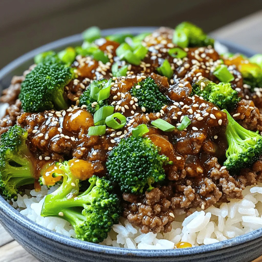 - 1 pound ground beef - 3 tablespoons soy sauce - 2 tablespoons brown sugar - 1 tablespoon sesame oil - 3 cloves garlic, minced - 1 teaspoon fresh ginger, minced - 1/2 teaspoon red pepper flakes - 2 green onions, finely chopped - 1 cup broccoli florets - Sesame seeds, for garnish - 1 cup cooked jasmine rice The ingredients for this Korean Ground Beef Bowl are simple yet packed with flavor. The ground beef forms the base of the dish, providing a rich and savory taste. Using quality beef is key. Aim for a good fat content, around 80/20, for the best flavor. Soy sauce adds umami and saltiness. Brown sugar balances the salt with sweetness. Sesame oil gives a lovely nutty aroma. For aromatics, garlic and ginger bring depth and warmth. Feel free to adjust the red pepper flakes based on your spice preference. Broccoli adds color and crunch. You can also use other veggies like bell peppers or snap peas for more variety. Finally, jasmine rice acts as a perfect canvas. It soaks up the sauce well. Remember, you can find the full recipe in the main article for more details! Start by making the marinade. In a medium bowl, mix together these ingredients: - 3 tablespoons soy sauce - 2 tablespoons brown sugar - 1 tablespoon sesame oil - 3 cloves garlic, minced - 1 teaspoon fresh ginger, minced - 1/2 teaspoon red pepper flakes Stir well until the sugar dissolves. This mix is key for flavor. Next, heat a large skillet over medium-high heat. Add 1 pound of ground beef. Cook for about 4 to 5 minutes. Break it apart with a spatula as it cooks. When browned, drain any extra fat. This step keeps your dish from being greasy. Pour the marinade over the browned beef. Stir well to coat every piece. Raise the heat a bit, then let it simmer for 3 to 4 minutes. This allows the beef to soak up all the tasty flavors. Now, add 1 cup of broccoli florets to the skillet. Cover it with a lid. Cook for 3 to 4 minutes. You want the broccoli to be bright green and tender but still a bit crisp. This adds color and crunch to your meal. While the beef and broccoli cook, prepare 1 cup of jasmine rice. Follow the package instructions to make it fluffy. Keep it warm until you are ready to serve. To assemble, grab your serving bowls. Start with a generous scoop of rice at the bottom. Top it with a hearty portion of the Korean beef and broccoli mixture. Make sure to spread it out evenly. Finally, sprinkle chopped green onions and sesame seeds on top for extra flair. This adds a nice touch to your dish. You can find the Full Recipe for more details on making this delicious bowl. To make the ground beef perfect, cook it well but avoid overdoing it. Aim for a nice brown color. This gives the beef a great taste and keeps it juicy. You want the meat to be tender, not dry. For a deeper flavor, marinate the beef longer. Even an extra 30 minutes can make a big difference. The beef absorbs more of the marinade this way. Use the marinade mix to add sweetness and a hint of spice. Serve your Korean Ground Beef Bowl with kimchi or pickled vegetables. These add a crunchy and tangy taste. The flavors will mix well with the beef and rice. It gives your meal an authentic touch. For the full recipe, check back on the detailed steps! {{image_4}} You can easily change the protein in this dish. Ground turkey, chicken, or tofu works great. These options keep the meal light and tasty. Ground turkey has a mild flavor. Chicken is lean and juicy. Tofu soaks up flavors well. Feel free to experiment with what you have on hand. You can also boost the nutrition by adding vegetables. Bell peppers add color and sweetness. Carrots bring crunch and a slight earthiness. Snap peas offer a nice snap and a fresh taste. Mix and match your favorite veggies. This helps make the dish even more filling and fun. If you like more heat, adjust the spice. Add extra red pepper flakes for a kick. You can also drizzle some sriracha on top. This will give your bowl a zesty twist. Just be careful, as too much can overpower the other flavors. Store any leftovers in an airtight container. This keeps the meal fresh for up to 3 days. Make sure to cool it down first. If you put hot food in the fridge, it can raise the temperature inside. This can spoil other food. To reheat, use a skillet over medium heat. Stir the beef and broccoli until warm. You can also use a microwave. Just put it on a microwave-safe plate and cover it. Heat for 1-2 minutes, checking it often. If you want to save some for later, freeze the beef mixture. Use a freezer-safe container. It will stay good for about 2-3 months. When you want to eat it, let it thaw in the fridge overnight. Then reheat it as mentioned above. For the best taste, use the Full Recipe within a month of freezing. You can serve many things with a Korean Ground Beef Bowl. Here are a few ideas: - Lightly pickled vegetables - Kimchi for a spicy kick - Soft-boiled eggs for creaminess - Sliced cucumbers for crunch - A sprinkle of sesame seeds for texture These sides add flavor and fun to your meal. Yes, you can prepare this dish in advance. Here’s how: - Cook the beef and broccoli as directed. - Store them in an airtight container. - Keep the rice separate to avoid sogginess. - Reheat everything together before serving. This way, you save time during busy days. Some side dishes work well with the Korean Ground Beef Bowl. Consider these: - Steamed edamame for protein - Sesame spinach for a fresh touch - Miso soup for warmth - Asian slaw for crunch These options will enhance your meal. Yes, the recipe can be gluten-free. Use these alternatives: - Tamari instead of soy sauce - Coconut aminos as a soy sauce substitute - Be sure to check labels for gluten-free products This way, you can enjoy the flavors without gluten. Making a Korean Ground Beef Bowl is quick. Here’s the time breakdown: - Prep time is about 10 minutes. - Cooking takes around 10 minutes. - The total time is just 20 minutes. This makes it a perfect option for busy weeknights. This blog post covered how to create a tasty Korean Ground Beef Bowl. We discussed the main ingredients and how to mix them perfectly. I shared tips for improving texture and flavor. You learned about variations, storage, and serving ideas. Making this dish is fun and easy, whether for a weeknight meal or a special treat. Enjoy trying different proteins and veggies based on your taste. With this recipe, I hope you feel inspired to cook and share with others. Happy cooking!