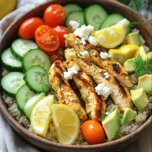 To make Lemon-Dill Chicken Bowls, you need fresh and simple ingredients. Here’s what you will need: - 1 lb boneless, skinless chicken breasts - 2 tablespoons extra virgin olive oil - Zest and juice of 1 fresh lemon - 2 tablespoons fresh dill, finely chopped (or 1 tablespoon dried dill) - 2 cloves garlic, minced - 1 teaspoon kosher salt - 1/2 teaspoon freshly ground black pepper - 1 cup quinoa, thoroughly rinsed - 2 cups vegetable broth or water - 1 cucumber, diced into bite-sized pieces - 1 cup cherry tomatoes, halved - 1 ripe avocado, sliced - 1/4 cup feta cheese, crumbled (optional) - Additional fresh dill and lemon wedges for garnish These ingredients bring freshness and flavor to the bowl. Each item plays a key role in creating a balanced meal. The chicken adds protein, while quinoa provides fiber. The veggies add crunch and color. Feta gives a bit of creaminess. Don't forget to check out the Full Recipe for all steps to prepare this dish! To make the marinade, mix together olive oil, lemon zest, lemon juice, dill, garlic, salt, and pepper in a bowl. This blend adds a fresh flavor. You want to coat the chicken well. Let the chicken marinate for at least 30 minutes in the fridge. If you have time, two hours brings out the best taste. Cooking notes: Always marinate in the fridge to keep the chicken safe. Use a sealed container or cover the bowl tightly. To cook the quinoa, rinse it well under cold water. This removes the bitter coating. In a saucepan, add the rinsed quinoa and vegetable broth or water. Heat on medium-high until it boils. Reduce the heat to low, cover, and let it cook for about 15 minutes. Once all the water is absorbed, the quinoa should be fluffy and light. Timing and consistency are key. You’ll know it’s done when the grains appear to have popped open. For cooking, you need a grill pan or a skillet. Preheat it on medium heat. Take the marinated chicken and place it in the hot pan. Cook each side for 6-7 minutes. The chicken is done when the juices run clear and it reaches 165°F. Tips for perfect chicken: Let the chicken rest for a few minutes after cooking. This keeps it juicy. Start with a scoop of quinoa as your base. This is your canvas. Layer the sliced chicken on top. Then, add diced cucumber, halved cherry tomatoes, and avocado slices around the chicken. For extra flavor, sprinkle feta cheese on top. Presentation matters! Arrange everything neatly to make it look appealing. To finish, sprinkle fresh dill on each bowl. Add lemon wedges on the side for that zesty touch. You can also serve the bowls with a drizzle of olive oil for richness. These simple garnishes enhance both flavor and visual appeal, making your meal even more enjoyable. Ensuring Juiciness To keep your chicken juicy, marinate it for at least 30 minutes. The lemon juice adds moisture and flavor. Always cook the chicken on medium heat. This helps to avoid burning the outside while keeping the inside moist. Avoiding Overcooking To prevent dry chicken, use a meat thermometer. Cook the chicken until it reaches 165°F. After cooking, let it rest for a few minutes. This step allows the juices to settle back into the meat. Fluffing Techniques Once your quinoa is cooked, let it sit for five minutes. Then, use a fork to fluff it gently. This helps separate the grains and makes it light and airy. Enhancing Flavor Cook quinoa in vegetable broth instead of water. This adds depth to the flavor. You can also add a pinch of salt or a squeeze of lemon juice while cooking to boost taste. Alternative Garnishes If you want to mix it up, try using fresh herbs like parsley or chives. You can also add nuts for crunch, like toasted almonds or walnuts. Seasonal Variations In summer, add fresh corn or bell peppers for sweetness. In fall, roasted pumpkin cubes add warmth and color. Each season brings new flavors to explore! {{image_4}} Alternative Protein Options If you want to switch up the protein, try these options: - Salmon or shrimp for a seafood twist - Tofu for a plant-based choice - Turkey breast for a leaner alternative These proteins can soak up the lemon-dill flavor just like chicken does. Gluten-Free Quinoa Quinoa is a great choice for a gluten-free base. It's packed with protein and fiber. If you want something different, try: - Brown rice for a hearty option - Cauliflower rice for a low-carb swap - Millet for a nutty taste Each option works well with the dish's bright flavors. Vegan Adaptation To make this dish vegan, replace the chicken with marinated jackfruit or chickpeas. Use a vegan feta cheese for the topping. This keeps the meal fresh and plant-based. Low-Carb Alternatives For a low-carb version, skip the quinoa. Use spiralized zucchini or lettuce leaves as your base. This will keep the dish light and still full of flavor. Additional Herbs and Spices You can boost the flavor with more herbs. Try: - Chives for a mild onion taste - Parsley for a fresh kick - Basil for a sweet touch These herbs add depth and freshness to your bowls. Sauce Ideas If you want to add more zing, consider these sauces: - A yogurt sauce with mint - A spicy aioli for heat - A balsamic glaze for sweetness These sauces can elevate your lemon-dill chicken bowls and make them even more delightful. Container Recommendations For storing your Lemon-Dill Chicken Bowls, use airtight containers. Glass containers work best, as they keep the food fresh. Make sure the lid seals tightly to prevent air from getting in. Refrigeration Guidelines Place the bowls in the fridge right after you finish your meal. The cool air helps keep the food safe. Leftovers can last up to three days in the refrigerator. Always check for any signs of spoilage before eating. How to Freeze Bowls If you want to save your Lemon-Dill Chicken Bowls for later, freezing is a great option. Let the bowls cool down to room temperature first. Then, use freezer-safe containers or bags. Make sure to remove as much air as possible before sealing. Thawing Recommendations When you're ready to eat, thaw the bowls in the fridge overnight. This keeps the food safe and tasty. If you're in a hurry, you can also use the microwave to defrost, but do it carefully to avoid uneven heating. Best Methods for Reheating The best way to reheat your Lemon-Dill Chicken Bowls is in the microwave. Use a microwave-safe dish and cover it with a lid or a damp paper towel. This helps keep the moisture in. Heat in short bursts, checking often. Maintaining Flavor and Texture To keep your dish flavorful, add a splash of fresh lemon juice before reheating. This brightens up the taste. Stir the contents halfway through reheating to ensure even warmth. Enjoy your delicious meal just like the first time! To make Lemon-Dill Chicken Bowls, you need to follow a few steps. First, marinate 1 pound of chicken breasts in a mix of olive oil, lemon zest, lemon juice, dill, garlic, salt, and pepper. Let it sit for at least 30 minutes. Then, cook 1 cup of rinsed quinoa with 2 cups of vegetable broth until fluffy. Grill the marinated chicken until cooked through. Assemble the bowls with quinoa, sliced chicken, diced cucumber, cherry tomatoes, avocado, and optional feta cheese. Garnish with fresh dill and lemon wedges. For the complete recipe, check out the Full Recipe section. You can use several other grains in place of quinoa. Some great options include: - Brown rice - Farro - Barley - Couscous - Bulgur Each grain brings a unique flavor and texture to your dish. Choose one based on what you like. Yes, you can use dried dill instead of fresh. However, the flavors differ. Fresh dill has a bright, crisp taste. Dried dill is more intense and concentrated. Use about one-third of the amount—1 tablespoon of dried dill equals 2 tablespoons of fresh. Adjust based on your taste. Leftovers can last in the fridge for about 3 to 4 days. Store them in an airtight container. Always check for off smells or changes in texture before eating. If you want to keep them longer, consider freezing the bowls. In this article, we covered how to make Lemon-Dill Chicken Bowls with step-by-step guides. We looked at key ingredients, cooking methods, and ways to assemble your meal. Remember to marinate your chicken for a tasty bite. You can also customize your bowls with swaps for ingredients to fit your diet. Store your extras safely to enjoy later. With these tips, you'll make delicious, healthy meals that impress!