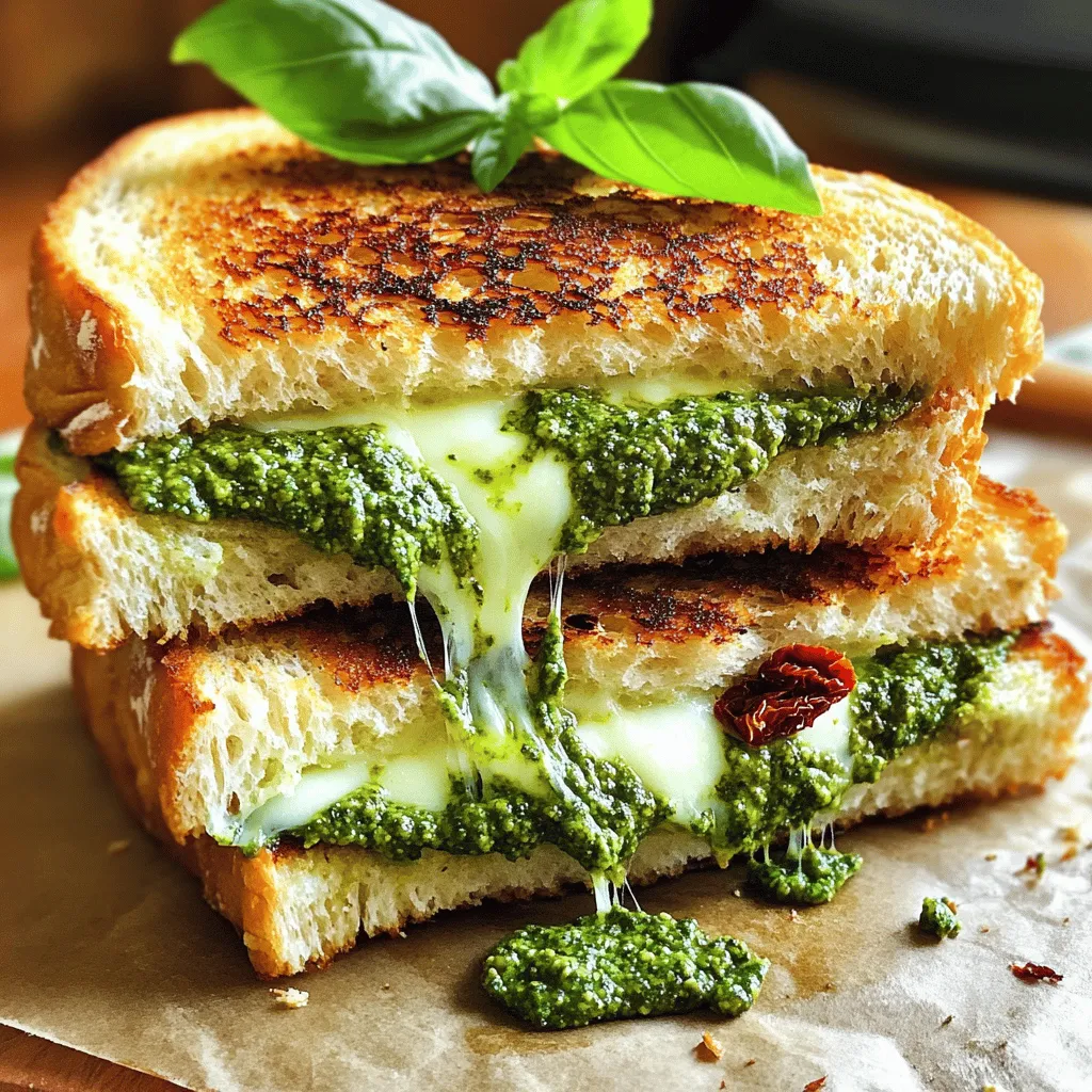 To make the best Italian grilled cheese, you need a few key items. Here’s what to gather: - 4 slices of rustic Italian bread - 2 tablespoons basil pesto - 1 cup fresh mozzarella cheese, sliced - ½ cup sun-dried tomatoes, chopped - ½ teaspoon garlic powder - 2 tablespoons olive oil - Salt and freshly ground black pepper to taste - Fresh basil leaves for garnish These ingredients blend well to create a tasty treat. The rustic Italian bread offers a nice crunch, while the mozzarella melts beautifully. The sun-dried tomatoes add a sweet touch. Basil pesto gives a vibrant flavor. Garlic powder enhances the taste, and olive oil helps brown the bread. Don't forget the fresh basil for garnish! For the full recipe, check out the detailed instructions on making these scrumptious sandwiches. To start, preheat your skillet or grill pan over medium heat. This helps the bread toast well. While it heats, drizzle olive oil into the pan. This oil adds flavor and helps the bread get crispy. Take your rustic Italian bread and spread basil pesto on one side of each slice. The pesto adds a fresh, herby taste. Next, place slices of fresh mozzarella on the non-pesto side of two slices. Add chopped sun-dried tomatoes on top. These tomatoes give a sweet and tangy flavor. Lightly season this layer with garlic powder, salt, and freshly ground black pepper. Adjust the seasonings based on your taste. Now, place the remaining slices of bread on top. Make sure the pesto side is facing outward. Drizzle some olive oil into your preheated skillet. Gently place the sandwiches in the skillet. Grill each sandwich for about 3 to 4 minutes on one side. You want the bread to look golden and crispy while the mozzarella melts. Then, flip the sandwiches and repeat on the other side. Once both sides are grilled, remove the sandwiches from the skillet. Let them rest for a minute, then slice diagonally. For a nice touch, garnish with fresh basil leaves. Enjoy your Italian grilled cheese sandwiches! For the complete recipe, check out the Full Recipe. - Choosing the right cheese For a great melt, I love using fresh mozzarella. Its creamy texture melts perfectly. You can also try provolone or fontina for a different taste. Each cheese adds its own flavor, so mix and match. - Ensuring even grilling To grill evenly, use medium heat. Too high heat can burn the bread before the cheese melts. Flip the sandwich gently. This helps keep the filling inside and allows for an even golden crust. - Adding herbs or spices Fresh herbs make a big difference. Try adding a sprinkle of dried oregano or crushed red pepper. They add depth and a nice kick to your sandwich. You can also mix herbs into the pesto for extra flair. - Using flavored olive oils Flavored olive oils can elevate your sandwich. Use garlic-infused or basil-infused oil. Drizzle it on the bread before grilling. This adds a lovely taste and aroma to each bite. - Pairing with sides or dips Serve your sandwiches with a side salad or tomato soup. A light salad balances the richness of the cheese. Tomato soup adds a comforting touch. Both make for a delightful meal. - Presentation ideas Cut your sandwiches diagonally for a nice look. Arrange them on a colorful plate. Add a sprig of fresh basil on top. This little detail makes your meal feel special and inviting. {{image_4}} You can switch up the cheese in your Italian grilled cheese. Here are some great choices: - Provolone: This cheese melts well. It has a mild flavor that pairs nicely with the pesto. - Fontina: A bit stronger, fontina adds a rich, creamy taste. It’s perfect for a gourmet touch. - Gorgonzola: For a bold flavor, try gorgonzola. It gives a tangy kick to the sandwich. Adding meat can enhance your sandwich's flavor. Here are some tasty options: - Including prosciutto: This dry-cured ham brings a savory depth. It pairs well with mozzarella and pesto. - Adding salami or capicola: Both meats add spice and flavor. They balance the richness of the cheese. You can make a delicious vegetarian sandwich too. Here are some ideas: - Substitute vegetables for meat: Grilled zucchini or roasted peppers work well. They add texture and flavor. - Additional spreads like tapenade: This olive spread adds a salty bite. It complements the cheese and pesto beautifully. Try these variations to make your Italian grilled cheese unique. For more details, check the Full Recipe. To store leftover Italian grilled cheese sandwiches, wrap them in foil or place them in an airtight container. Keeping them sealed helps maintain their flavor and texture. I recommend refrigerating them within two hours of cooking. This keeps the fillings fresh and safe to eat later. For reheating, use a skillet over medium heat. Place the sandwich in the skillet and cover it. This method warms the inside while keeping the bread crispy. Heat for about 3-4 minutes on each side. You can also use a toaster oven for a similar effect! If you want to freeze your sandwiches, wrap each one tightly in plastic wrap. Then, place them in a freezer-safe bag. Be sure to squeeze out as much air as possible. This keeps them from getting freezer burn. Proper packaging is key for great results! To thaw, take the sandwich out of the freezer and put it in the fridge overnight. If you're in a hurry, you can use the microwave on the defrost setting. Just be careful not to cook it; you want to thaw, not heat. How long do these tasty sandwiches last? In the fridge, they can stay fresh for up to three days. If you freeze them, they can last for about three months. After that, the flavor and texture may decline, so enjoy them while they’re still delicious! Yes, you can prepare Italian grilled cheese sandwiches ahead of time. To do this, cook the sandwiches until they are golden. Allow them to cool completely. Wrap each sandwich in foil or plastic wrap. Store them in the fridge for up to two days. When you are ready to eat, reheat them in a skillet or oven. This method keeps the bread crispy and the cheese melty. Rustic Italian bread is the best choice for this recipe. Its thick crust gives a nice crunch. You can also try ciabatta or focaccia. These breads hold up well and add flavor. If you want something lighter, sourdough works too. Just make sure the bread is sturdy enough for grilling. A soggy grilled cheese can ruin your meal. To avoid this, use less moisture in your filling. Drain sun-dried tomatoes well before adding them. Toast the bread lightly before assembling the sandwich. Also, don’t use too much oil when grilling. If you find your sandwich is soggy, try grilling it a bit longer. This will help the bread crisp up nicely. In this post, we explored the joys of making Italian grilled cheese. We covered key ingredients like rustic bread, fresh mozzarella, and basil pesto. I shared step-by-step instructions on grilling to golden perfection. We also discussed tips on achieving a great melt and enhancing flavors. Lastly, I offered variations and storage advice. Italian grilled cheese is fun and easy to make. Enjoy experimenting with your favorite flavors and ingredients. You’ll impress everyone with your tasty creations!
