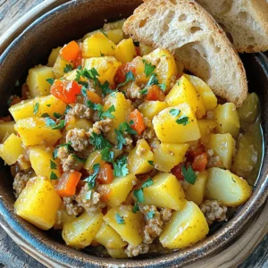 - 1 lb ground turkey - 4 medium potatoes, diced into 1-inch cubes - 1 large onion, finely chopped - 2 cloves garlic, minced - 1 bell pepper (any color), diced - 1 teaspoon smoked paprika - 1 teaspoon dried oregano - 1/2 teaspoon cayenne pepper - Salt and pepper to taste - 3 tablespoons olive oil - Fresh parsley, chopped (for garnish) These ingredients create a hearty and comforting dish. Ground turkey gives you lean protein. The potatoes add great texture and heartiness. Each vegetable brings flavor and color to the plate. This dish offers a balance of nutrients. A typical serving has about 400 calories. You get around 30 grams of protein. The fat content is around 15 grams. Carbohydrates come in at about 40 grams. Fiber helps keep you full and is about 5 grams per serving. You will need a few tools to make this dish. Gather these items: - Large pot - Skillet - Spatula - Measuring spoons - Cutting board - Knife Having the right tools makes cooking easier and more fun. You can chop, cook, and serve with ease. For a full recipe, check out the detailed instructions. Start by boiling the potatoes. Fill a large pot with water and bring it to a rolling boil. Carefully add the diced potatoes. Cook them until they are just tender but firm, about 10 minutes. You want them soft but not mushy. After boiling, drain the potatoes and let them cool slightly. This step ensures they hold their shape when combined later. In a large skillet, pour in 2 tablespoons of olive oil and heat it over medium heat. Add the finely chopped onion and minced garlic. Sauté them until the onion turns translucent and fragrant, roughly 3-4 minutes. This step builds a solid flavor base. Next, raise the heat to medium-high. Add the ground turkey to the skillet. Use a spatula to break the meat apart as it cooks. Brown the turkey evenly for about 5-7 minutes. It should be fully cooked and browned. Now, it's time to bring everything together. Stir in the diced bell pepper and cook for an additional 3 minutes until it softens slightly. Next, sprinkle in the smoked paprika, dried oregano, cayenne pepper, and a pinch of salt and pepper. Stir thoroughly to combine all the flavors. Gently fold the boiled potatoes into the turkey and vegetable mixture. Make sure everything is mixed well. Allow this mix to heat through for about 5 minutes. This helps the flavors meld together beautifully. For the full recipe, check out Savory Turkey & Potato Fusion Delight. To ensure your ground turkey is cooked properly, use a meat thermometer. Turkey should reach an internal temperature of 165°F. This keeps the meat safe to eat and juicy. Break the turkey apart as it cooks. This helps it brown evenly and cook faster. Adjusting spice levels to taste is easy. Start with a small amount of cayenne pepper. You can always add more if you like heat. If you want a milder dish, cut back on the paprika. Taste as you go, and make it your own. When serving this dish, presentation matters. Use a rustic bowl to hold your turkey and potatoes. Top with fresh parsley for a bright touch. This adds color and flavor. For sides, crusty bread is a great choice. It soaks up the tasty juices. A simple green salad with a light vinaigrette pairs well too. The freshness of the salad balances the hearty dish. You can switch up the vegetables and seasonings for new flavors. Try adding carrots or green beans for a veggie boost. Sweet potatoes can replace regular potatoes for a different taste. Experiment with seasonings too. Thyme or rosemary can add an earthy twist. You can even use taco seasoning for a fun flair. These variations keep your meals exciting and fresh. For the full recipe, check out the Savory Turkey & Potato Fusion Delight. {{image_4}} You can make this dish even easier by cooking everything in one pot. Start by boiling the potatoes in the same pot where you cook the turkey. After the potatoes are tender, remove them and set them aside. In that same pot, sauté the onions and garlic, then add the ground turkey. This method saves time and cuts down on cleanup. You’ll still get all the great flavors, and the turkey will soak up the potato starch for added creaminess. If you want a low-carb version, try swapping the potatoes for cauliflower. Cauliflower has a similar texture when cooked, and it absorbs flavors well. Simply steam or boil the cauliflower until tender. Then, mix it in with the turkey as you would with the potatoes. You’ll enjoy a lighter meal that still feels hearty and filling. To add a twist, play with different spices and herbs. Instead of smoked paprika, try using curry powder for a warm, exotic flavor. You can also add fresh herbs like thyme or rosemary for a bright, fresh taste. Another fun option is to mix in a tablespoon of soy sauce or Worcestershire sauce to deepen the umami flavor. Experiment and find the blend that makes your taste buds dance! For the full recipe, check out the section above. To store your cooked ground turkey with potatoes, let it cool first. Place it in an airtight container. This keeps it fresh and tasty. Store it in the fridge for up to four days. Make sure to label the container with the date. This helps you track how long it has been stored. If you want to save some for later, freezing works well. First, cool the dish completely. Then, use a freezer-safe container or zip-top bag. Remove as much air as you can to prevent freezer burn. This dish can last up to three months in the freezer. When you’re ready to eat, thaw it in the fridge overnight. Reheating is easy, and I have some tips to keep it great. You can use the microwave or the stovetop. If using the microwave, heat in short bursts. Stir in between to warm evenly. On the stovetop, add a splash of water to keep it moist. Heat on low until warm. Always check the center to ensure it is hot. Enjoy your comforting meal again! For the full recipe, click here. Yes, you can swap ground turkey for other meats. Ground chicken works well and has a similar taste. If you prefer beef, use lean ground beef for less fat. You can also try ground pork for added flavor. Each option brings a new twist to the dish while keeping it tasty. Adding spices can boost flavor in many ways. Try cumin for warmth or thyme for earthiness. A dash of garlic powder can add depth, too. You might enjoy fresh herbs like basil or cilantro for a fresh touch. Experimenting with spices makes the dish your own. To make this dish vegetarian, use plant-based meat alternatives. Crumbled tofu or tempeh can replace ground turkey. You can also use lentils or chickpeas for protein and texture. Add more vegetables like carrots or zucchini to keep it hearty. With these changes, you’ll still enjoy a comforting meal. This blog post shared a tasty ground turkey dish with simple steps and tips. You learned about key ingredients, cooking methods, and storage ideas. Adding your favorite spices or veggies can make it unique. Whether you opt for one-pot cooking or want to make it vegetarian, this recipe adapts easily. Enjoy your meal today and feel proud of your cooking! Remember, cooking should be fun and satisfying.