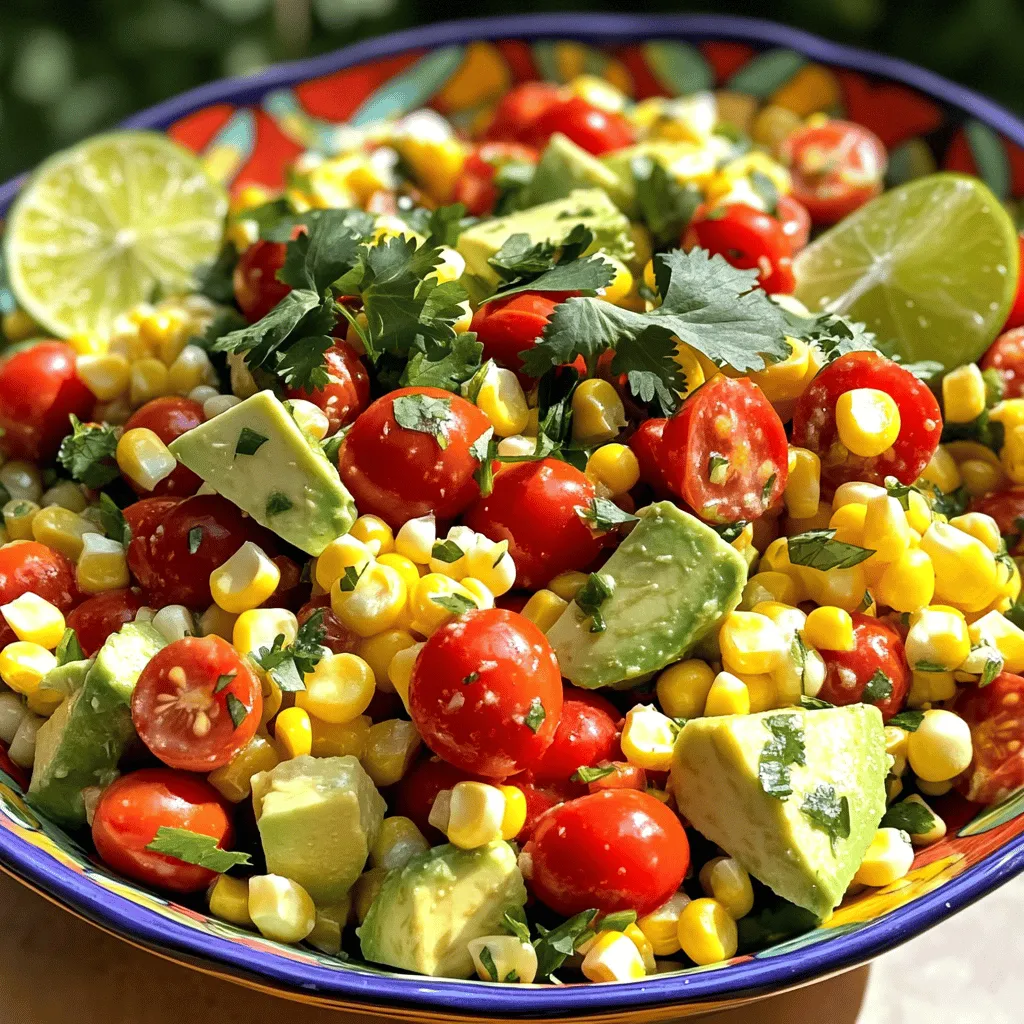 To make a great Summer Corn Salad, gather these ingredients: - 4 cups fresh corn kernels (about 6 ears of corn) - 1 cup cherry tomatoes, halved - 1/2 red bell pepper, diced - 1/2 cup red onion, finely chopped - 1 ripe avocado, diced - 1/4 cup fresh cilantro, chopped - 2 tablespoons freshly squeezed lime juice - 2 tablespoons extra virgin olive oil - 1 teaspoon ground cumin - Salt and freshly ground black pepper to taste These fresh ingredients create bright flavors and lovely colors in your salad. When picking corn, look for bright green husks. The husks should feel moist and not dry. Press on the kernels; they should feel plump. Sweet corn has a sweet smell, which shows it is fresh. Buy corn that is in season for the best taste. You can enhance your corn salad with extra ingredients. Try adding: - 1/2 cucumber, diced for crunch - 1 jalapeño, minced for heat - 1/4 cup feta cheese for creaminess - Fresh lime zest for more citrus punch These options let you tailor the salad to your taste. Remember to check out the Full Recipe for more guidance! Start by shucking the corn. Remove the green husks and silk strands from the ears. Use a sharp knife to cut the kernels off the cob. Place the kernels in a bowl. This fresh corn gives the salad its sweet flavor. Next, heat a drizzle of olive oil in a large skillet over medium heat. Add the corn kernels and sauté them for about 5-7 minutes. Stir occasionally until they get tender. You want them to caramelize slightly. This step adds a lovely depth to the dish. Once done, take the skillet off the heat and let the corn cool. To sauté corn perfectly, use a large skillet. This allows the kernels to cook evenly. Make sure the skillet is hot before adding the corn. This helps to lock in moisture and flavor. Stir the corn gently; you don’t want to break the kernels. Keep an eye on the time. Overcooked corn loses its sweetness. If you want extra flavor, try adding a pinch of salt while cooking. This helps enhance the natural sweetness of the corn. Remember, fresh corn is sweet on its own. So, less is more. In a large mixing bowl, combine the cooled corn with other fresh ingredients. Add halved cherry tomatoes, diced red bell pepper, finely chopped red onion, and diced avocado. Use a gentle hand when tossing these ingredients. You want them to mix well without mashing the avocado. In a small bowl, whisk together lime juice, olive oil, and ground cumin. Add a pinch of salt and pepper. This dressing will bring the salad together. Drizzle the dressing over your salad mixture. Toss again to coat everything evenly. Finally, fold in chopped cilantro. This adds a burst of fresh flavor to each bite. Taste and adjust the seasoning if needed. This is how you create a sunny corn delight that shines on any table. For the full recipe, check out the details above. To make your salad shine, use a bright bowl. A colorful ceramic bowl adds charm. Place sprigs of cilantro on top for a fresh look. Add lime wedges around the bowl for extra flair. The vibrant colors of the corn, tomatoes, and peppers create a feast for the eyes. A pinch of salt brings out the sweetness of the corn. Freshly ground black pepper adds warmth and depth. Consider adding a touch of chili powder for some heat. If you love a tangy kick, try a dash of vinegar. These small touches can make a big difference in taste. You can easily change this salad to please everyone. If someone dislikes avocado, simply leave it out. For those who love spice, add diced jalapeños or hot sauce. To make it heartier, mix in cooked beans or grilled chicken. This way, you can cater to all tastes and keep the salad exciting. For the full recipe, check out the Sunny Corn Delight Salad. {{image_4}} You can turn this salad into a full meal by adding protein. Grilled chicken works well. Shrimp or diced tofu are great choices too. You can even mix in black beans for a hearty touch. Each option adds flavor and fills you up. While lime and olive oil make a great dressing, you can try other flavors. A balsamic vinaigrette adds a sweet tang. A spicy chipotle dressing brings a nice kick. Even a simple yogurt dressing can add creaminess. Don't be afraid to mix things up and find your favorite! Seasonal veggies can add more crunch and color. Bell peppers, cucumbers, or zucchini all work well. Try adding radishes for a peppery bite. Each vegetable enhances the salad's texture. You can even use fresh herbs like basil or dill for extra flavor. The more colors you add, the more vibrant your salad becomes! To keep your Summer Corn Salad fresh, store it in an airtight container. Make sure the lid seals tightly. If you have extras, keep the dressing separate until you are ready to eat. This way, the salad stays crisp, and the flavors stay bright. Always place the container in the fridge to slow down spoiling. When stored properly, the salad lasts about 3 days in the fridge. After that, the veggies may lose their crunch. Check for any signs of spoilage before eating. If it looks or smells off, it’s safer to toss it out. Freezing this salad isn’t recommended. The texture of the fresh veggies changes when frozen. If you must freeze it, consider keeping just the corn in the freezer. Thaw it later to mix with fresh veggies and dressing. This way, you can still enjoy a fresh taste with a hint of summer. For the complete recipe, check out the Full Recipe. Yes, you can use frozen corn. It is a great option when fresh corn is not available. Frozen corn is picked at peak ripeness and frozen quickly. This keeps the sweet flavor and bright color. Just thaw the corn before using it in the salad. Sauté it lightly, as you would fresh corn, to keep that nice crunch. This salad pairs well with many dishes. It goes great with grilled chicken or fish. You can also serve it alongside tacos or burgers for a fresh touch. For a light meal, enjoy it with a bowl of soup. The bright flavors in this salad balance well with richer dishes. Making this salad vegan is easy. Simply skip the avocado if you prefer or replace it with chickpeas for protein. The salad is naturally gluten-free as well. Just ensure any added ingredients, like dressings or toppings, are gluten-free. You can enjoy this salad without worry, whether you are vegan or gluten-free. For more details, check the Full Recipe to see how to create this vibrant Summer Corn Salad. This post offers you a complete guide to making Summer Corn Salad. You learned about key ingredients, how to choose the best corn, and helpful tips for perfect cooking. I shared neat ways to serve and season your salad for great taste. You also saw variations to make it your own and proper storage techniques to keep it fresh. My final thought is: enjoy this salad in many ways and make it your favorite dish!