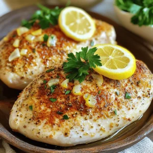 - 4 boneless, skinless chicken breasts - 2 tablespoons extra-virgin olive oil - 1 teaspoon garlic powder - 1 teaspoon onion powder - 1 teaspoon smoked paprika - 1 teaspoon dried oregano - 1 teaspoon sea salt - 1/2 teaspoon freshly ground black pepper - 1 lemon, thinly sliced - Fresh parsley, chopped, for garnish The right ingredients make a big difference in taste. Fresh chicken breasts give the best flavor. Use high-quality olive oil for richness. Spices like smoked paprika and oregano add depth. The lemon slices help keep the chicken juicy. Together, these ingredients create a simple yet tasty meal. - Prep Time: 10 minutes - Cook Time: 20-25 minutes - Total Time: 30 minutes - Servings: 4 This dish is quick and easy. In just 30 minutes, you can have a delicious meal ready. It serves four, making it perfect for family dinners. The prep time is only 10 minutes. With a cook time of 20-25 minutes, you can relax while it bakes. For the full recipe, check the details above. Set your oven to 425°F (220°C). This step is key. A hot oven helps the chicken cook evenly. It gives a nice golden color to the outside. Take the chicken breasts and pat them dry with paper towels. This helps remove excess moisture. Dry chicken will sear better and won’t steam in the oven. Next, drizzle 2 tablespoons of olive oil over the chicken. Use your hands to coat each piece evenly. This oil helps the seasoning stick well. In a small bowl, mix together the following spices: - 1 teaspoon garlic powder - 1 teaspoon onion powder - 1 teaspoon smoked paprika - 1 teaspoon dried oregano - 1 teaspoon sea salt - 1/2 teaspoon freshly ground black pepper Whisk these spices until they blend well. Now, sprinkle this mix generously over both sides of each chicken breast. Press gently to help the seasoning stick. Place the seasoned chicken breasts on a baking sheet lined with parchment paper. Make sure they have space between them. This allows hot air to flow and cook them evenly. Lay a slice of lemon on top of each chicken breast. The lemon adds flavor and moisture as the chicken bakes. After baking for 20-25 minutes, the chicken is done. Check that it reaches an internal temperature of 165°F (74°C). Once cooked, take it out of the oven. Let it rest for about 5 minutes. This resting time is important. It helps the juices settle back into the meat, making your chicken tender and juicy. To keep your chicken juicy, always check the internal temperature. Use a meat thermometer to ensure it reaches 165°F or 74°C. This step is key to avoiding dry meat. After baking, let the chicken rest for 5 minutes. This allows the juices to settle, making each bite tender and flavorful. When plating your chicken, arrange it neatly on a platter. Add extra lemon slices around the chicken for color. A sprinkle of chopped parsley adds a fresh touch. This simple garnish makes your dish look inviting and bright. One big mistake is overcooking the chicken. Watch the time closely and use a thermometer. Another mistake is skipping the drying step before seasoning. Patting the chicken dry helps it sear nicely, avoiding a steamed texture. Avoid these mistakes for perfect baked chicken every time! {{image_4}} You can change the flavor by using different herbs. Try rosemary for a fresh taste. Thyme adds a warm, earthy note. Basil gives a sweet, aromatic kick. Oregano is a classic choice that pairs well with many dishes. Mix and match these herbs to create your unique blend. Just sprinkle them on top before baking. This small change can make a big difference. Marinades are a fun way to add flavor. You can use honey mustard for a sweet and tangy taste. Teriyaki sauce offers a rich, savory profile that many love. Simply coat the chicken in your chosen marinade. Let it soak for at least 30 minutes before baking. This step makes the chicken juicy and packed with flavor. Don't forget to check the Full Recipe for more ideas. If you want heat, spices and sauces are your friends. Add cayenne pepper or chili powder for a spicy kick. You can also drizzle hot sauce on top before baking. This adds both flavor and warmth. Adjust the amount based on your heat level preference. Pair spicy chicken with cooling sides, like yogurt or sour cream, for balance. Enjoy the fiery twist! To keep your leftover chicken fresh, place it in the fridge. Use airtight containers to prevent moisture loss. This helps the chicken stay juicy and tasty. Make sure to cool it down first before sealing it up. Try to eat the chicken within three days for the best flavor. If you want to save your chicken for later, freezing is a great option. Wrap the chicken tightly in plastic wrap or aluminum foil. You can also use freezer bags to save space. Label each bag with the date so you know when to use it. When you're ready to eat, thaw the chicken in the fridge overnight. Reheat it gently in the oven or microwave. This will help keep the texture nice and moist. Cooked chicken can last in the fridge for about three to four days. If you freeze it, it can last for up to four months. However, for the best taste, aim to eat it sooner. Always check for any off smells or changes in color before eating. Keeping track of your chicken's shelf life will help you enjoy your meals safely. To check if baked chicken breasts are done, use a meat thermometer. Insert it into the thickest part of the breast. The internal temperature should reach 165°F (74°C). If you don't have a thermometer, check if the juices run clear when pierced. If they are pink, the chicken needs more time. Yes, you can bake chicken at a lower temperature, like 350°F (175°C). However, this may take longer, usually 30-40 minutes. Baking at a lower heat can make the chicken less juicy. This is because the chicken cooks slower and may dry out. Baked chicken breasts pair well with many sides. You can serve them with: - Roasted vegetables - Steamed rice - Mashed potatoes - A fresh salad - Quinoa Each of these adds flavor and balance to your meal. You can use frozen chicken breasts. However, they need to be thawed first. The best way to thaw them is in the fridge overnight. If you're short on time, you can thaw them in cold water for about an hour. Make sure they are fully thawed before baking to ensure even cooking. Let the chicken rest for about 5 minutes after baking. This resting time allows the juices to redistribute. If you cut the chicken too soon, the juices will run out, and your chicken may be dry. Resting keeps it juicy and tender. This post detailed a simple, tasty way to bake chicken breasts. I shared a complete ingredient list, step-by-step instructions, and essential tips for success. You learned how to ensure your chicken is juicy and flavorful while avoiding common mistakes. Each section aims to help you cook with ease and confidence. Remember, resting the chicken is key for tenderness. With these tips, your baked chicken is sure to impress! Enjoy your cooking adventures.