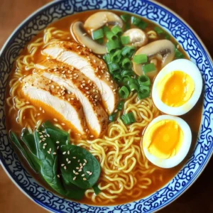 - 2 boneless, skinless chicken breasts - 4 cups chicken broth - 2 packs of fresh ramen noodles - 2 tablespoons soy sauce - 1 tablespoon sesame oil - 1 tablespoon sriracha (adjust to your spice preference) - 1 cup shiitake mushrooms, thinly sliced - 1 cup baby spinach - 2 green onions, finely sliced (for garnish) - Optional toppings: 2 soft-boiled eggs, sesame seeds When I make Fiery Chicken Ramen, the main components set the stage for flavor. Chicken breasts provide a tender protein base, while ramen noodles add that delightful chew. The chicken broth is the heart of this dish, giving it warmth and richness. Flavor enhancers bring the heat and depth. Soy sauce adds umami, sesame oil brings a nutty note, and sriracha ignites the spice. You can adjust the sriracha to match your heat level. Adding vegetables gives a fresh crunch. Shiitake mushrooms boost the umami flavor, and baby spinach adds vibrant color and nutrients. Green onions finish the dish with freshness. If you like, top your ramen with a soft-boiled egg for creaminess and sesame seeds for crunch. Each ingredient plays a role in making this dish comforting and delicious. Check out the Full Recipe to see how to bring it all together! Start by preparing your pan. Use a medium pot and heat sesame oil over medium heat. While the oil heats, season the chicken breasts with salt and pepper on both sides. Place the chicken in the pot. Cook for about 6-7 minutes per side until golden brown and fully cooked. Once done, transfer the chicken to a cutting board. Let it rest for a few minutes, then slice it thinly. In the same pot, add minced garlic and ginger. Sauté them for 1-2 minutes. Stir constantly to avoid burning. The aroma will fill your kitchen. Next, pour in the chicken broth and bring it to a boil. Once boiling, lower the heat to a simmer. Stir in soy sauce and sriracha. Adjust the sriracha amount based on how spicy you like it. Add the fresh ramen noodles to the simmering broth. Cook them according to package instructions, usually about 3-4 minutes. The noodles should be tender but still firm. Once the noodles are done, add sliced shiitake mushrooms and baby spinach. Let them simmer for 2-3 more minutes. This will make the mushrooms tender and wilt the spinach. After all this, you will have a rich and flavorful broth. For the full recipe, check the main section. To make your fiery chicken ramen just right, adjust the sriracha. Start with one tablespoon. If that’s too spicy, add less next time. You can also try chili oil or crushed red pepper flakes. They add heat, but each gives a different flavor. Serve your ramen in deep bowls. This helps keep the broth hot. Use chopsticks for a fun touch! For garnishing, sprinkle green onions and sesame seeds on top. You might also add extra chili flakes for color. A slice of lime adds a fresh twist too. To keep your chicken tender, cook it over medium heat. Don’t rush this part. Let it rest after cooking for better texture. For the broth, make sure to sauté garlic and ginger well. This builds flavor. When you add the noodles, stir gently. This helps ensure they soak up the rich broth. {{image_4}} You can easily make a vegetarian version of fiery chicken ramen. To do this, substitute chicken with tofu. Tofu absorbs flavors well and gives a nice texture. Use firm tofu for best results. Next, swap the chicken broth with vegetable broth. This change keeps the soup rich and tasty. Add a splash of soy sauce to enhance the flavor. You can also add some extra spices, like ginger and garlic, to boost the taste. Different regions have unique flavors. You can add spices like miso, curry powder, or even kimchi. These spices change the taste and create fun twists. Toppings also vary by region. Try adding corn, seaweed, or even spicy pickles on top. These give your ramen a different feel and flavor. Mixing and matching toppings can create a ramen bowl that feels new each time. If you're short on time, try making fiery chicken ramen in an Instant Pot. This method cuts cooking time down significantly. Start by sautéing the garlic and ginger using the sauté function. Then, add the chicken and broth to the pot. Set it to pressure cook for about 10 minutes. After it’s done, let it naturally release pressure for a few minutes. Once you open the pot, add the ramen noodles and veggies. Let them cook for a few minutes in the hot broth. This method keeps all the flavors rich and delicious while saving you time. After enjoying your fiery chicken ramen, let any leftovers cool down. Place the ramen in a sealed container. This keeps it fresh. Store it in the fridge. It stays good for about three days. If you want the best taste, eat it sooner. To reheat your ramen, the stove works best. Pour the ramen into a pot. Heat it on low while stirring. This keeps the noodles from getting soggy. You can also use a microwave. If you do, add a splash of broth to keep it moist. Heat in short bursts and stir in between. To freeze, let the ramen cool completely. Pack it in freezer-safe bags or containers. Remove as much air as possible to avoid freezer burn. It can last up to three months in the freezer. When you're ready to eat, thaw it overnight in the fridge. Reheat it slowly on the stove for the best flavor. To make Fiery Chicken Ramen, start by cooking the chicken. Heat sesame oil in a pot. Season the chicken breasts with salt and pepper. Cook them for about 6-7 minutes on each side. Once done, slice the chicken thinly. Next, prepare the broth. In the same pot, add minced garlic and ginger. Sauté them for 1-2 minutes. Pour in chicken broth and bring it to a boil. Lower the heat and mix in soy sauce and sriracha. Adjust the sriracha based on your spice level. Then, cook the ramen noodles in the simmering broth. Usually, it takes around 3-4 minutes. After that, add sliced shiitake mushrooms and baby spinach. Let them cook for an additional 2-3 minutes. Finally, divide the noodles, broth, and vegetables into bowls. Top with sliced chicken and optional soft-boiled eggs. Garnish with green onions and sesame seeds. Serve hot for a fiery delight! For the full recipe, check out the detailed instructions above. When it comes to fiery chicken ramen, a few brands stand out. Nissin is a popular choice with its spicy chicken flavor. Samyang is famous for its hot chicken flavor, known for its intense heat. Another great option is Shin Ramyeon, which has a spicy beef flavor that works well too. Each brand offers unique flavors, so try a few to find your favorite! Absolutely! You can tone down the spice in your Fiery Chicken Ramen. Start by using less sriracha in the broth. You can also substitute it with a milder sauce like hoisin or sweet chili. Adding more chicken broth can help dilute the heat. Lastly, serve the ramen with a side of cooling toppings like cucumber or avocado to balance the spice! In this post, we explored how to make a delicious fiery chicken ramen. We covered the key ingredients like chicken, ramen noodles, and broth. You learned cooking steps and helpful tips for flavor and presentation. I shared ways to customize the spice level and alternatives for vegetarian options. Remember, storing leftovers and reheating properly keeps your ramen tasty. Enjoy the process and get creative with your toppings! Now, you have the tools to make this dish your own. Happy cooking!