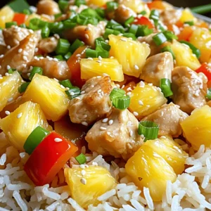 - 2 cups cooked jasmine rice - 1 lb boneless, skinless chicken breast, cut into bite-sized cubes - 1 cup fresh pineapple, diced into small pieces - 1 bell pepper (red or yellow), finely diced - 1 small onion, finely diced - 2 cloves garlic, minced The main ingredients in this dish bring bright flavors together. Chicken provides protein and a nice texture. Rice serves as a base, soaking up the sauce. Pineapple adds sweetness and a tropical taste. Vegetables like bell pepper and onion offer crunch and color, making each bite exciting. - 2 tablespoons soy sauce - 1 tablespoon natural honey - 1 tablespoon sesame oil - 1 teaspoon fresh ginger, grated - 1/2 teaspoon sea salt - 1/4 teaspoon freshly ground black pepper Seasonings are key to this dish's sweet and savory taste. Soy sauce adds umami, while honey brings sweetness. Sesame oil gives a nutty flavor, enhancing the dish. Fresh ginger adds a hint of spice, while sea salt and black pepper balance everything. Each seasoning works together to create layers of flavor. - 2 green onions, chopped (for garnishing) - 1 tablespoon sesame seeds (for garnishing) Garnishes make your dish look beautiful and add flavor. Green onions provide a fresh, mild taste. Sesame seeds add a delightful crunch and a nutty finish. Together, they elevate the dish, making it not just tasty but also visually appealing. You can find the full recipe to create this vibrant dish. First, heat sesame oil in a large skillet over medium heat. Add the cubed chicken breast. Season it with sea salt and black pepper. Cook the chicken for 5-7 minutes. Stir it occasionally until it turns golden brown and is no longer pink inside. This step ensures juicy chicken. Next, add diced onion and bell pepper to the skillet. Then, mix in minced garlic. Stir-fry everything for 3-4 minutes. You want the vegetables to be tender and the onion to look clear. This adds great flavor and color. Now, stir in diced pineapple, soy sauce, honey, and grated ginger. Let the mixture cook for 2-3 minutes. Stir frequently so the pineapple warms and flavors blend well. This is where the sweet and savory magic begins. Gently fold in the cooked jasmine rice. Make sure to mix it well with the other ingredients. Continue cooking for another 2-3 minutes. This lets the rice soak up all the wonderful flavors. Now, it's time to taste your dish. Adjust the seasoning to fit your liking. If you want more salt, add a little extra soy sauce. If you like it sweeter, drizzle in more honey. This step makes it perfect for your taste. Finally, remove the skillet from heat. Transfer the pineapple chicken rice to serving plates. Garnish with chopped green onions and a sprinkle of sesame seeds. This adds crunch and makes it look pretty. Serve it hot for the best experience. For the full recipe, check the previous sections. Enjoy your meal! - Best Practices for Juicy Chicken: Always start with fresh chicken. Cut it into bite-sized cubes for even cooking. Use medium heat to avoid burning. Cook until golden brown, about 5-7 minutes, to keep it juicy. - Avoiding Overcooked Rice: Use cooked jasmine rice that is not mushy. Freshly made rice works best. If using leftover rice, break any clumps apart. Heat rice gently in the pan for 2-3 minutes to warm it up without overcooking. - Additional Ingredients: Try adding chopped cashews or peas for crunch and color. You can also mix in some diced carrots for extra sweetness. Fresh herbs like cilantro or basil add a nice touch too. - Complementary Side Dishes: Serve this dish with a light salad or steamed broccoli. A side of spring rolls also pairs well for a tasty meal. - Meal Prep Tips: Cook the chicken and veggies ahead of time. Store them in airtight containers. You can make the rice in advance too. Combine everything right before serving. - Reheating Instructions: To reheat, use a skillet over medium heat. Add a splash of water to prevent sticking. Stir until heated through, about 5 minutes. Enjoy your meal fresh, even the next day! {{image_4}} Alternatives for Chicken You can swap chicken for shrimp or tofu. Both options add a unique twist. Shrimp cooks fast and adds a nice seafood flavor. Tofu soaks up the sauce well, making it a great choice for vegetarians. Vegetarian Options If you want a vegetarian dish, use fresh veggies like zucchini or mushrooms. You can also add chickpeas for protein. This way, you keep the dish hearty and delicious. Using Brown Rice Brown rice is a healthier option. It has more fiber and nutrients. Cook it longer, as it takes more time to soften than white rice. Just adjust the water to rice ratio for the best results. Jasmine vs. Basmati Jasmine rice is fragrant and sticky, while basmati is fluffy and nutty. Both work well in this dish. Jasmine pairs nicely with the sweet pineapple, while basmati offers a different texture. Spicy Additions Want some heat? Add chili flakes or fresh jalapeños. These spicy elements balance the sweetness of the pineapple. Start with a small amount and adjust to your taste. Sweetness Adjustments If you prefer a sweeter dish, add more honey or pineapple. You can also use sweet chili sauce for an extra kick. Taste as you go to find the perfect balance for you. Feel free to explore these variations for your Sweet and Savory Pineapple Chicken Rice dish! For the complete recipe, visit the [Full Recipe]. To keep your Sweet and Savory Pineapple Chicken Rice fresh, store leftovers in the fridge. Use airtight containers to avoid moisture loss. This dish can last for up to three days in the refrigerator. Make sure to cool it down before sealing the container. If you want to save some for later, freezing works well. Place the cooled rice in freezer-safe bags. Remove as much air as possible to prevent freezer burn. It can stay good for up to three months. To thaw, move it to the fridge overnight or use the microwave. If you use the microwave, ensure you check every few minutes to avoid hot spots. For reheating, use the microwave or stovetop. If using the microwave, cover your dish to keep moisture in. Heat in short bursts, stirring in between. On the stovetop, add a splash of water to keep the rice moist. This will help retain the sweet and savory flavors you love. You can store Sweet and Savory Pineapple Chicken Rice in the fridge for up to four days. Keep it in an airtight container to maintain freshness. For best taste, eat it sooner rather than later. Yes, you can use frozen pineapple. It works well, but fresh pineapple adds a better taste. If you use frozen, thaw it first and drain excess liquid. This keeps the dish from getting too soggy. This dish pairs nicely with simple sides. Try a green salad or steamed broccoli. You could also serve it with spring rolls or dumplings for a fun meal. Absolutely! This recipe is great for meal prep. Make a big batch and portion it out into containers. Reheat it during the week for quick, tasty meals. It saves time and helps you eat well. Yes, you can make this dish gluten-free. Swap regular soy sauce for gluten-free soy sauce or tamari. This small change keeps the flavor and makes it safe for gluten-sensitive folks. This blog post detailed how to make Sweet and Savory Pineapple Chicken Rice. We covered the key ingredients, from chicken and rice to tasty seasonings like soy sauce and honey. I provided step-by-step instructions to ensure you cook each part perfectly. I also shared tips for storing and meal prepping. In the end, this dish offers great flavor and easy variations. Try it today and enjoy a fun meal. You'll love how simple it can be.