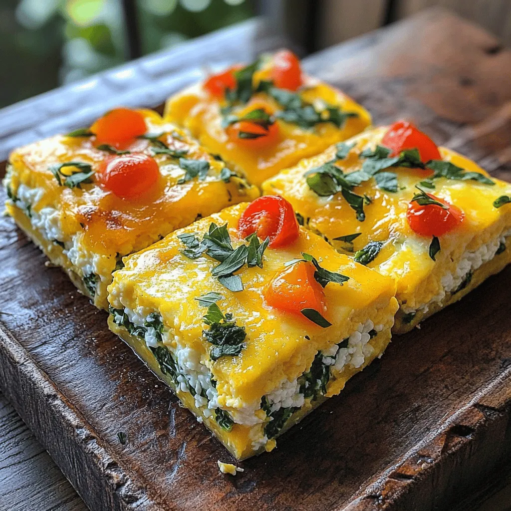 - 2 cups cottage cheese - 6 large eggs - 1 cup fresh spinach, chopped - 1 small bell pepper, diced - 1/2 cup onion, finely chopped Cottage cheese forms the creamy base of this dish. It brings protein and moisture. Eggs add richness and help bind everything together. Fresh spinach offers color and nutrition. The bell pepper brings sweetness, while onion adds depth. - 1 teaspoon garlic powder - 1 teaspoon salt - 1/2 teaspoon black pepper - 1/2 teaspoon smoked paprika These seasonings elevate the flavor. Garlic powder gives a nice punch. Salt enhances all the tastes. Black pepper adds a mild kick, while smoked paprika brings warmth and a hint of smokiness. - 1 cup cherry tomatoes, halved - 1/2 cup shredded cheese (cheddar or mozzarella) - Fresh herbs for garnish (parsley or chives) Cherry tomatoes add a pop of freshness and color. Shredded cheese on top melts beautifully, creating a golden crust. Fresh herbs make a lovely garnish, adding brightness and a touch of elegance. For the full recipe, check out the Cottage Cheese Egg Bake Delight. - Preheat the oven to 350°F (175°C). - Prepare your baking dish with non-stick spray. This helps prevent sticking and makes serving easy. - In a large bowl, whisk together the cottage cheese and eggs. Make sure they blend well. - Add the chopped spinach, diced bell pepper, finely chopped onion, halved cherry tomatoes, garlic powder, salt, black pepper, and smoked paprika. Stir gently until all the ingredients are mixed. - Carefully pour the mixture into the prepared baking dish. Spread it out evenly for uniform baking. - Generously sprinkle the shredded cheese on top. This will create a nice, bubbly crust. - Place the baking dish in the preheated oven. Bake for 30-35 minutes until the edges are golden brown. To check doneness, insert a toothpick into the center; it should come out clean. This easy recipe will help you create a tasty Cottage Cheese Egg Bake that's perfect for any meal. Check out the Full Recipe for all the delicious details! To get the best texture, whisk your eggs well. This creates a smooth and creamy mix. Once you add the vegetables, stir gently. Overmixing can make it tough. You can boost the flavor by trying different spices. Italian seasoning works well. Also, use your favorite cheese. This gives your dish a unique twist. Serve your Cottage Cheese Egg Bake warm. Add fresh herbs like parsley or chives for a pop of color. It pairs nicely with toast or fruit for a balanced meal. For more details, check out the Full Recipe. {{image_4}} You can make this dish even more colorful. Add chopped zucchini or mushrooms to boost flavor and nutrition. Fresh herbs like basil or dill also enhance the taste. They add a fresh touch that brightens up each bite. For a heartier meal, mix in diced ham or cooked bacon. You can also use sausage for a savory twist. If you want to switch it up, try ricotta cheese instead of cottage cheese. This swap gives a creamy texture and a different flavor. Always check labels to ensure your added ingredients are gluten-free. You can pair this dish with gluten-free sides. Fresh fruit or a simple salad makes a great match. These sides keep your meal light and fresh. For the full recipe, check the detailed instructions above. Store your leftover cottage cheese egg bake in an airtight container. It keeps well in the fridge. For best taste, consume it within 3-4 days. This way, you can enjoy the rich flavors and soft texture. When you're ready to eat, you have options. Microwave individual portions for a quick meal. Just heat for about 1-2 minutes. If you want a crispy top, use the oven. Preheat it to 350°F (175°C) and bake for 10-15 minutes. Want to save some for later? Freeze portions in freezer-safe containers. Make sure they are sealed tightly. When you're ready to eat, thaw them in the fridge overnight. After thawing, follow the reheating suggestions for the best taste. You can prepare the mixture the night before. Just mix everything and store it in the fridge. Then, bake it in the morning. This saves time and makes breakfast easy. Yes, you can use other cheeses. Feta or gouda work great because they melt well. Feel free to pick your favorite cheese for a new taste. Pair it with fresh fruit, a mixed greens salad, or toast. These sides make a complete meal. You can also use leftovers for a snack later. Insert a toothpick in the center of the bake. If it comes out clean, it’s done. The edges should be golden brown, and the center firm. Yes, Cottage Cheese Egg Bake freezes well. Store it in an airtight container. This way, you can enjoy it later without losing flavor. This blog post covered a simple and tasty Cottage Cheese Egg Bake. We discussed key ingredients, how to mix and bake them, and ways to customize your dish. I shared tips for great texture and flavor enhancement that make this meal special. Lastly, I provided guidance on storage and reheating to enjoy leftovers later. Remember, you can easily adapt this recipe to fit your taste and needs. Try it out and enjoy a delicious meal any time!