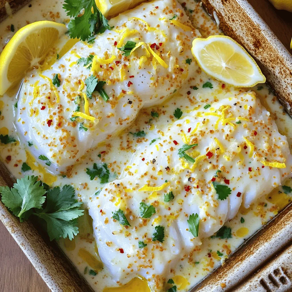 - 4 cod fillets (approximately 6 oz each) - 1 cup full-fat coconut milk - Zest of 1 lemon - 2 tablespoons freshly squeezed lemon juice - 2 garlic cloves, finely minced - 1 teaspoon freshly grated ginger - 1 tablespoon honey (or maple syrup for a vegan alternative) - 1 tablespoon soy sauce (or tamari for gluten-free option) - 1 teaspoon crushed red pepper flakes (optional) - Salt and freshly ground black pepper to taste - Fresh cilantro leaves, chopped (for garnish) - Lemon wedges (for serving) The ingredients for this tasty baked cod dish are simple yet full of flavor. Cod is a mild fish that absorbs flavors well. The creamy coconut milk adds richness, while the lemon brings brightness. Fresh garlic and ginger add depth. Honey or maple syrup balances the flavors, and soy sauce adds umami. If you like heat, crushed red pepper flakes give a nice kick. When shopping for ingredients, look for fresh cod fillets. They should be firm and have a mild smell. The coconut milk should be full-fat for the best creaminess. Fresh lemon is key for zest and juice. Gather your fresh herbs to add a pop of color and taste at the end. This dish is not only delicious but also quick to make. With just these ingredients, you can create a meal that impresses. For the full recipe, check out the detailed steps. - Preheat the Oven Set your oven to 400°F (200°C). This helps cook the cod just right. - Prepare the Coconut Lemon Sauce In a medium pot, mix 1 cup of coconut milk, lemon zest, 2 tablespoons of lemon juice, 2 minced garlic cloves, 1 teaspoon of grated ginger, 1 tablespoon of honey (or maple syrup), 1 tablespoon of soy sauce, and optional red pepper flakes. Heat this on medium. Stir well and let it simmer for about 5 minutes until it thickens slightly, then take it off the heat. - Season the Cod Fillets While the sauce cooks, sprinkle salt and black pepper on both sides of your cod fillets. This adds great flavor. - Arrange in a Baking Dish Lightly grease a baking dish. Place the seasoned cod fillets in a single layer. Pour the creamy coconut lemon sauce over the cod. Make sure each fillet is well covered. - Bake the Cod Put the baking dish in your oven. Bake for 15-20 minutes. The cod is ready when it looks opaque and flakes easily with a fork. Cooking time may change based on how thick the fillets are. - Garnish and Serve After baking, take the dish out of the oven. Sprinkle chopped cilantro on top for freshness. Serve the cod hot with lemon wedges for extra zest. For the full recipe, check out the instructions above. Enjoy your tasty baked cod! To ensure your cod is perfectly flaky, you must not overcook it. Bake it for 15 to 20 minutes at 400°F. Check it with a fork; it should flake easily. Also, let the cod rest for a few minutes after baking. This helps keep it moist. If you want to adjust spice levels, add crushed red pepper flakes. Start with a small amount, taste, and add more if you like it spicier. You can also leave it out if you prefer a milder dish. Adding herbs or spices can boost the flavor of the dish. Fresh cilantro adds brightness, while a sprinkle of paprika gives depth. Try fresh dill or basil for a different twist. For side dishes, consider serving steamed rice or quinoa. They soak up the coconut lemon sauce well. You can also serve with roasted vegetables or a simple salad for a fresh crunch. {{image_4}} You can switch up how you cook cod to suit your taste. - Grilling options for a smoky flavor: Grilling cod adds a nice smoky taste. To do this, preheat your grill to medium-high heat. Lightly oil the grill grates to prevent sticking. Marinate your cod in the coconut lemon sauce for 30 minutes. Then, cook it on the grill for about 4-5 minutes on each side. The fish will be flaky and infused with that smoky flavor. - Stovetop version for a quicker meal: For a fast meal, you can cook the cod on the stovetop. Start by heating a non-stick skillet over medium heat. Add a little oil and place the seasoned cod fillets in the pan. Cook for 5-6 minutes on each side. Pour the coconut lemon sauce over the fish in the last few minutes of cooking. This method keeps the fish moist and delicious. You can customize the sauce to match your mood or diet. - Using different fruits in the sauce: While the classic combination is lemon and coconut, you can try other fruits too. Pineapple or mango can add a tropical twist. Just blend them into the sauce. You’ll get a new flavor profile that works great with the cod. - Substituting ingredients for dietary restrictions: If you have allergies or dietary needs, swap out some ingredients. Use coconut cream instead of coconut milk for a richer sauce. For a vegan option, replace honey with maple syrup. You can also use tamari instead of soy sauce to keep it gluten-free. Adjust these ingredients to make the dish perfect for you. For the complete recipe, check out the Full Recipe section. To store leftover baked cod, let it cool first. Place the cod in an airtight container. Make sure to cover it well. It will stay fresh in the fridge for up to three days. When you want to eat it again, reheat it gently. - Tips for reheating: - Preheat your oven to 350°F (175°C). - Put the cod in a baking dish. - Cover it with foil to keep it moist. - Heat for about 10-15 minutes. This method helps keep the flavor and texture intact. You can also use the microwave but be careful not to overcook it. Freezing baked cod is a great way to save it for later. Make sure the cod is completely cool. Wrap each piece in plastic wrap tightly. Then, place the wrapped cod in a freezer-safe bag. It can last for up to three months in the freezer. - Best practices for defrosting cod: - Move the cod from the freezer to the fridge. - Let it thaw overnight for best results. - If you are short on time, you can defrost it in cold water. This keeps the fish safe and tasty. Always cook it again after defrosting, and enjoy your delicious meal! For the full recipe, check the recipe section above. Can I use a different type of fish? Yes, you can! Fish like haddock, tilapia, or salmon work well. These fish have a mild taste that pairs well with the coconut lemon sauce. How can I tell when the cod is fully cooked? The cod is done when it looks opaque and flakes easily. Use a fork to check the texture. If it falls apart, it's ready to eat! What can I serve with baked cod? I love serving this cod with rice or quinoa. Steamed veggies or a fresh salad are great sides too. You can even add some crusty bread to soak up the sauce. Can I make the sauce ahead of time? Absolutely! You can prepare the coconut lemon sauce a day in advance. Just store it in the fridge. When you're ready to cook, reheat it gently. How do I make this recipe dairy-free? This recipe is already dairy-free! It uses coconut milk instead of cream. If you want to add a bit more creaminess, just add a touch more coconut milk. Enjoy! For the full recipe, check out the detailed instructions above! This blog post covered how to make a tasty baked cod dish with coconut lemon sauce. We talked about ingredients, easy steps, and helpful tips. You can grill or modify the recipe to suit your taste. Remember to store leftovers properly for later. Cooking fish can be easy and fun. Experiment with flavors and enjoy this healthy meal anytime!