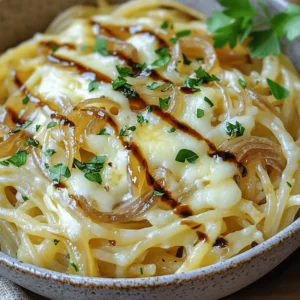 To create this delicious One Pot French Onion Pasta, you will need the following ingredients: - 12 ounces pasta (fusilli or penne) - 2 medium onions, thinly sliced - 3 cloves garlic, minced - 4 cups vegetable broth - 1 tablespoon balsamic vinegar - 1 teaspoon sugar - 2 tablespoons olive oil - 1 tablespoon unsalted butter - 1 teaspoon dried thyme - 1 teaspoon fresh rosemary, finely chopped - 1 cup grated Gruyère cheese - Salt and pepper to taste - Fresh parsley for garnish (optional) Each ingredient plays a key role in the overall flavor. The onions bring sweetness and depth, while garlic adds a fragrant touch. The vegetable broth serves as a savory base, making the pasta soak up all the wonderful flavors. Gruyère cheese melts beautifully, giving the dish a creamy texture. Using fresh herbs can elevate the taste even more. If you want to customize this dish, consider adding a splash of white wine or a pinch of red pepper flakes for heat. For the full recipe and step-by-step instructions, check out the Full Recipe. Enjoy cooking! - Start by heating olive oil and butter in a large pot over medium heat. - Add the thinly sliced onions and sprinkle the sugar on top. - Sauté the onions for about 15-20 minutes. Stir them often to avoid burning. - You want the onions to turn a rich golden brown. This step makes them sweet and tasty. - Once the onions are ready, add minced garlic, dried thyme, and chopped rosemary. - Cook for 2-3 minutes, stirring often. The garlic will smell great! - Now, pour in the vegetable broth and balsamic vinegar. Mix everything well. - Season it with salt and pepper to your liking. - Next, add your pasta to the pot. Make sure it is fully submerged in the broth. - Raise the heat to bring it to a boil. Once boiling, reduce the heat to a gentle simmer. - Cover the pot and let it cook for 10-12 minutes. Stir occasionally to keep it from sticking. - After the pasta is cooked, take the pot off the heat. - Stir in the grated Gruyère cheese. Mix until it melts and the sauce is creamy. - Taste the dish and adjust the seasoning if needed. More salt or pepper can enhance the flavor. - Let it sit for a few minutes to thicken before serving. For the complete recipe, check out the Full Recipe. To get sweet and tasty onions, start by slicing them thin. Use a heavy pot to heat olive oil and butter on medium heat. Add the onions and sprinkle sugar on top. Stir often to help the onions cook evenly. This takes about 15-20 minutes. Watch closely so they don't burn. If they start to brown too fast, lower the heat. Good caramelization means soft, golden onions that add depth to your dish. To make this pasta even more special, think about adding herbs. Fresh thyme and rosemary give great flavor. You can also try adding a pinch of nutmeg or a dash of red pepper flakes for heat. If you want cheese variations, Gruyère is classic, but you can use cheddar or mozzarella too. Each cheese brings a unique taste, so mix and match to find your favorite. For a beautiful dish, serve the pasta in shallow bowls. Add extra cheese on top for a lovely finish. A sprinkle of fresh parsley adds a pop of color and freshness. Pair this meal with a simple side salad or crusty bread. A light white wine, like Sauvignon Blanc, complements the flavors nicely. Enjoy your cozy meal with family or friends! {{image_4}} You can make this dish vegetarian by swapping some ingredients. Try using different vegetables like mushrooms or spinach. These add great flavor and texture. You can also add plant-based proteins like lentils or chickpeas. They make the meal filling and nutritious. This way, you keep the comfort of the dish while making it plant-based. If you want to add meat, chicken or beef works great. For chicken, cut it into small pieces and add it when you sauté the onions. For beef, use ground beef and cook it until brown. Adjust the cooking time by adding a few extra minutes. Make sure the meat is fully cooked before adding the pasta. This adds depth and richness to your dish. For a gluten-free option, choose gluten-free pasta. Brands like brown rice or chickpea pasta are great choices. You may need to adjust the cooking time, as gluten-free pasta often cooks faster. Keep an eye on it, so it doesn’t become mushy. Enjoy the same great taste without gluten! Explore these variations to make the One Pot French Onion Pasta fit your taste and needs. For the full recipe, check the recipe section above. To keep your One Pot French Onion Pasta fresh, cool it down before storing. Place the pasta in an airtight container. It will stay good in the fridge for up to three days. If you want to save space, use shallow containers. This helps cool the pasta quicker. When reheating, use the stovetop or microwave. For the stovetop, add a splash of broth or water. Heat it over low to medium heat. Stir often to keep it creamy. In the microwave, cover the dish loosely. Heat in short bursts, stirring in between. This method helps maintain the pasta's texture and flavor. You can freeze One Pot French Onion Pasta for longer storage. Allow the pasta to cool completely before freezing. Use freezer-safe containers or bags. Remove as much air as possible to prevent freezer burn. To thaw, place it in the fridge overnight. Reheat on the stovetop or microwave, adding a bit of liquid to keep it moist. You can prepare this dish up to a day early. Cook the pasta as directed in the recipe. Let it cool completely before storing it in an airtight container. When you are ready to serve, reheat it gently on the stove. Add a splash of broth to keep it creamy. Stir well to mix everything together. Yes, you can swap Gruyère for other cheeses. Good options include mozzarella, fontina, or gouda. Each cheese brings its own flavor. Just make sure the cheese melts well. This will help keep the dish creamy and delicious. This pasta is tasty on its own, but a few sides enhance it. A fresh green salad pairs nicely. You can also serve garlic bread for a crunchy side. Roasted vegetables can add more flavor and nutrients, making the meal well-rounded. To make fewer servings, simply cut the ingredients in half. Use 6 ounces of pasta instead of 12. Adjust the broth and cheese amounts too. This way, you keep the same great taste but make just what you need. You can use any large pot, such as a Dutch oven or a deep skillet. Just ensure it has enough space for the pasta and sauce. The key is to maintain even heat. This helps the pasta cook evenly and absorb all those amazing flavors from the broth. This blog post covered how to make One Pot French Onion Pasta. You learned the key ingredients, step-by-step instructions, and tips for success. You also discovered variations for different diets and storage info. Cooking should be fun and creative. This recipe allows you to explore flavors and enjoy delicious meals. I hope you try it and share it with others. Happy cooking!