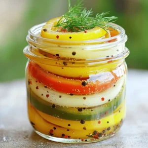 - 4 medium bell peppers (any color), sliced into rings - 1 cup apple cider vinegar - 1 cup water - 3 tablespoons granulated sugar - 1 tablespoon salt - 1 teaspoon garlic powder - 1 teaspoon black peppercorns - 1 teaspoon crushed red pepper flakes (optional for added heat) - 2 cloves garlic, smashed - Fresh herbs (such as dill or thyme) for garnish The main star of this dish is the bell pepper. You can choose red, yellow, or green peppers. Each color has its own taste. Red peppers are sweeter, while green ones are more bitter. The apple cider vinegar gives the pickles a nice tang. It balances the sweetness from the sugar. Granulated sugar is important to make the pickling liquid tasty. It helps to cut through the acidity of the vinegar. Salt adds flavor and helps preserve the peppers. Garlic powder and black peppercorns give a warm taste that makes these pickled peppers pop. Smashed garlic cloves add a strong garlic flavor. I love the crunch of the peppers mixed with the garlic. If you like some heat, crushed red pepper flakes are a great choice. They bring a little kick without being too spicy. You can add various herbs and spices to change the flavor. Try adding fresh dill or thyme for a herby touch. If you want more spice, consider adding some sliced jalapeños. Another option is to include a bay leaf for a deeper flavor. Mixing in sliced onions can also add a nice crunch. You can even use different vinegars, like rice or white vinegar, for a unique taste. The choice is yours! Feel free to experiment and make these pickled peppers your own. For the full recipe, check the previous section. To start, wash your bell peppers well under cold water. You want them clean and fresh. Next, slice each pepper into thin, even rings. Be sure to remove the seeds and stems for the best taste. Set the sliced peppers aside on a clean cutting board. This simple step makes a big difference in how they turn out. Now, let’s make the pickling liquid. Take a medium-sized saucepan and mix together the apple cider vinegar, water, granulated sugar, salt, garlic powder, black peppercorns, and crushed red pepper flakes. Heat this mixture over medium heat. Stir it often until the sugar and salt dissolve. This usually takes a few minutes. Once everything is dissolved, remove the saucepan from the heat and let it cool slightly. This liquid is key to making your peppers flavorful. You’re almost done! Grab a clean mason jar or an airtight container. Add the sliced peppers to the jar along with the smashed garlic cloves. Carefully pour your warm pickling liquid over the peppers. Make sure every slice is covered in the liquid. Seal the jar tightly with a lid. Let it cool to room temperature, then put it in the refrigerator. For the best taste, let the peppers marinate for at least 1 hour, but overnight is even better. Enjoy these zesty pickled peppers as a snack, on sandwiches, or in salads. For the complete recipe, check out the Full Recipe. Store your pickled peppers in a clean glass jar. A mason jar works well. Make sure the jar has a tight lid. This keeps air out and helps flavors mix. Place the jar in the fridge immediately after sealing. The cold helps the peppers stay crisp and fresh. You can add more to the pickling liquid for extra flavor. Try using whole spices like mustard seeds or coriander seeds. Fresh herbs like basil or oregano can also boost taste. If you like heat, add more crushed red pepper flakes. A few slices of onion or carrot can add sweetness and crunch. One common mistake is not using enough salt. Salt helps with flavor and preservation. Another mistake is not letting the peppers sit long enough. For best flavor, give them at least one hour to pickle. Avoid using metal containers for storage, as they can react with the vinegar. Always use clean utensils to prevent spoilage. Explore these tips to make your Quick Refrigerator Pickled Peppers even better. For the full recipe, check out the instructions above. {{image_4}} You can pick many types of peppers for this recipe. Bell peppers add sweetness and crunch. If you want a kick, use jalapeños or serranos. For a milder taste, try banana peppers. Each pepper brings its own flavor and texture. Mix and match them for fun results! Apple cider vinegar works great, but it’s not your only choice. White vinegar gives a sharper taste. Rice vinegar is milder and sweeter. You can even use malt vinegar for a unique twist. Each vinegar changes the flavor profile, so feel free to experiment! Spices can transform your pickled peppers. Try adding mustard seeds for a tangy flavor. Coriander seeds bring a warm, citrusy touch. You can also add bay leaves or dill for extra depth. Don’t be afraid to get creative with spices. Each choice can make your pickled peppers truly special. To store your pickled peppers, use a clean mason jar or an airtight container. After making the peppers, pour the warm pickling liquid over the sliced peppers. Make sure all slices are under the liquid. Seal the jar tightly with a lid. This keeps the peppers fresh and flavorful. Quick refrigerator pickled peppers can last up to 2-3 weeks in the fridge. For the best taste, eat them within the first week. Store them in the coldest part of the fridge. This helps maintain their crunch and flavor. If you want to keep them longer, consider canning them. Check your pickled peppers for any signs of spoilage. If you see mold or an off smell, it's time to toss them. If the liquid looks cloudy or the peppers have changed color, do not eat them. Always trust your senses. When in doubt, throw it out! Yes, you can use other types of vinegar. White vinegar works well. It gives a sharp taste. You can also try rice vinegar for a milder flavor. Each vinegar adds a unique twist to your pickled peppers. Experiment with different options to find your favorite. Pickled peppers last about two weeks in the fridge. Make sure to keep them in a sealed jar. After two weeks, the flavor will still be good, but the texture may change. Always check for any signs of spoilage before eating. You can serve pickled peppers in many ways. They make a great snack on their own. You can also add them to sandwiches or tacos. Use them to spice up salads or grain bowls. For more ideas, check the Full Recipe for serving suggestions. In this article, we covered the key steps to making pickled peppers. We started with listing essential ingredients and shared their detailed descriptions. I detailed how to prepare the peppers and make the pickling liquid. I also shared tips for storage and common mistakes to avoid. Variations let you experiment with different ingredients and storage info to keep your peppers fresh. Making pickled peppers is fun and tasty. Enjoy the crunch and zesty flavor in your meals.