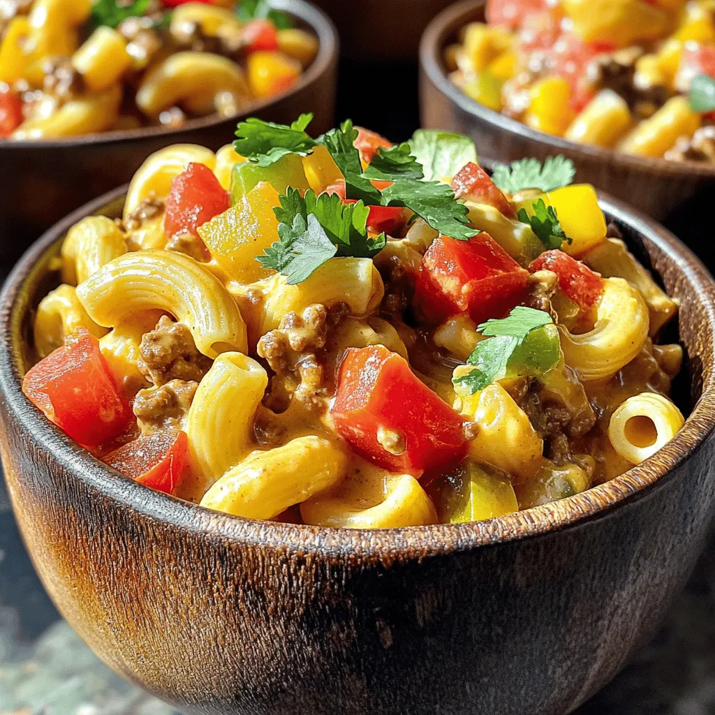 - 8 oz elbow macaroni or your pasta of choice - 1 lb ground beef - 1 can (10 oz) diced tomatoes with green chilies (Ro-Tel) - 1 cup heavy cream - 1 cup shredded cheddar cheese - 1/2 cup onion, diced - 1/2 cup bell pepper, diced - 2 cloves garlic, minced - 1 teaspoon chili powder - 1/2 teaspoon cumin - Salt and pepper to taste - Fresh cilantro or parsley for garnish - You can use any pasta shape. Shells or penne work well too. - If you want, swap ground beef for turkey or chicken for a leaner dish. - For a dairy-free option, use coconut cream and dairy-free cheese. When you gather your ingredients, it helps to have everything ready. This makes cooking easier and more fun. Fresh veggies add great flavor to the dish. Don’t forget to chop them small for even cooking. The Ro-Tel tomatoes are key. They give the dish its unique flavor. If you like it spicy, you can add jalapeños or hot sauce. I love using fresh herbs like cilantro or parsley for garnish. They add color and freshness. Enjoy your cooking adventure with this creamy and comforting pasta! For the full recipe, check out the instructions below. 1. Bringing water to a boil: Start by filling a large pot with water. Add a good amount of salt. Place the pot on the stove and turn the heat to high. Wait for the water to boil. 2. Cooking time for al dente: Once boiling, add 8 oz of elbow macaroni. Cook it for about 7 to 9 minutes, stirring often. Check if it’s firm but not hard. Drain the pasta and set it aside. 1. Browning technique: In a large skillet, heat the pan on medium. Add 1 lb of ground beef. Use a spatula to break it apart. Cook for about 5 to 7 minutes until it is brown. 2. Tips for draining excess fat: Once the beef is brown, pour it into a colander. This helps get rid of extra fat. You want a tasty dish, not a greasy one. 1. Sautéing vegetables: Add 1/2 cup of diced onion, 1/2 cup of diced bell pepper, and 2 cloves of minced garlic to the skillet. Cook for about 3 to 5 minutes. Stir often until the veggies are soft and smell good. 2. Incorporating spices and tomatoes: Sprinkle in 1 teaspoon of chili powder, 1/2 teaspoon of cumin, salt, and pepper. Stir well and cook for 1 more minute. Then, pour in 1 can of Ro-Tel tomatoes. Don’t forget the juice! 1. Adding heavy cream and cheese: Pour in 1 cup of heavy cream. Stir everything together. Let it simmer on low heat. Remove from heat and mix in 1 cup of shredded cheddar cheese. Keep stirring until it melts and is smooth. 2. Folding in cooked pasta: Finally, add the drained pasta to the sauce. Gently fold it in until the pasta is covered. If it seems thick, splash in some reserved pasta water to reach your desired creaminess. This recipe will make your dinner a tasty delight! For the Full Recipe, check it out here. To make your creamy Rotel pasta truly shine, balance the spices with the creaminess. The chili powder and cumin bring warmth, while the heavy cream adds richness. Taste as you go, and adjust the spices to your liking. If you want more heat, add some diced jalapeños or a dash of hot sauce. Don’t forget about toppings! Fresh cilantro or parsley not only looks great but adds a burst of flavor. You can also sprinkle extra cheddar cheese on top. For a creamy twist, drizzle a bit more heavy cream before serving. When cooking for a larger group, increase the amount of pasta and beef, but keep the same cooking times. This way, the dish stays balanced and tasty. If you double the recipe, use a larger pot to prevent spills. To prevent overcooking, watch your pasta closely. It should be al dente, which means it has a slight bite. If you overcook it, the pasta can become mushy. Always drain it right when it’s done, and remember to reserve a bit of pasta water. This can help adjust the sauce later if it thickens too much. Pair your creamy Rotel pasta with simple sides. A fresh green salad with a light vinaigrette complements the richness of the dish. You can also serve garlic bread for a hearty touch. For presentation, serve the pasta in bright bowls. A sprinkle of extra cheese and fresh herbs adds color and flair. You could even slice some jalapeños on top for a fun pop! This makes each plate look inviting and delicious. You can find the full recipe [Full Recipe]. {{image_4}} You can use many types of pasta for this dish. Elbow macaroni is great, but feel free to try penne, fusilli, or farfalle. Whole wheat pasta adds more fiber and a nutty taste. If you're gluten-free, use gluten-free pasta. It works well and keeps the meal tasty. Want to change the taste? Add vegetables like spinach, zucchini, or mushrooms. These add color and nutrition. For spice lovers, adjust your heat. Add more chili powder or toss in some sliced jalapeños. You can also top with hot sauce for a kick. For a heartier meal, mix in some beans or corn. Black beans or kidney beans work well and boost protein. Corn adds sweetness and crunch. If you enjoy heat, adding diced jalapeños gives a nice kick. These additions make this creamy dish even more filling. You can find the Full Recipe above for further guidance on making this dish your own. To keep your Creamy Rotel Pasta fresh, store it in airtight containers. Glass or plastic containers work well. Make sure to let the pasta cool before sealing it. This helps prevent moisture buildup. You can refrigerate the leftovers for up to three days. If you want to keep it longer, consider freezing it. Place the pasta in freezer bags, removing as much air as possible. Label the bags with the date so you can track freshness. Frozen pasta can last for up to three months. To reheat your pasta, the stovetop is best. Place the pasta in a skillet over low heat. Add a splash of milk or water to help the sauce stay creamy. Stir regularly to prevent sticking. You can also use the microwave, but be careful. Heat in short bursts, stirring in between. This helps keep the texture nice. Avoid high heat, as it can make the sauce grainy. Remember, a little extra cream or milk can help restore the creamy goodness! To add some heat to Creamy Rotel Pasta, try these tips: - Cayenne Pepper: Add a pinch for a quick boost. - Jalapeños: Chop fresh jalapeños and mix them in. - Red Pepper Flakes: Sprinkle some on top before serving. - Hot Sauce: Drizzle your favorite hot sauce into the sauce. These tips can kick up the spice level and add more flavor. You can adjust the amount to fit your taste. Yes, you can easily make this dish vegetarian! Here are some ideas: - Ground Beef Alternatives: Use lentils or black beans instead of beef. - Additional Veggies: Add mushrooms, zucchini, or spinach for more texture. - Plant-Based Cream: Substitute heavy cream with coconut cream or cashew cream. These swaps keep the dish hearty and flavorful while being meat-free. Creamy Rotel Pasta pairs well with many sides. Here are some great options: - Garlic Bread: Crunchy and buttery, it’s a classic choice. - Green Salad: A fresh side salad balances the creamy pasta. - Steamed Vegetables: Broccoli or green beans add color and nutrition. - Cornbread: Sweet and fluffy cornbread complements the dish perfectly. Any of these sides can create a full meal experience. Creamy Rotel Pasta stays good in the fridge for about 3-4 days. Here are some tips for safe storage: - Airtight Container: Store in a sealed container to keep it fresh. - Signs of Spoilage: Look for off smells or changes in texture. If you see mold or an odd smell, it’s best to toss it. Enjoy your creamy delight in a few days! In this post, we explored a simple recipe for Creamy Rotel Pasta with Ground Beef. We covered the full list of ingredients, cooking steps, and helpful tips. You learned ways to customize the dish and store leftovers properly. This recipe is versatile, allowing you to adjust flavors and ingredients as you like. Enjoy cooking this delightful meal! It’s perfect for sharing with family and friends. Your kitchen will smell amazing, and everyone will love it. Try it out, and have fun!