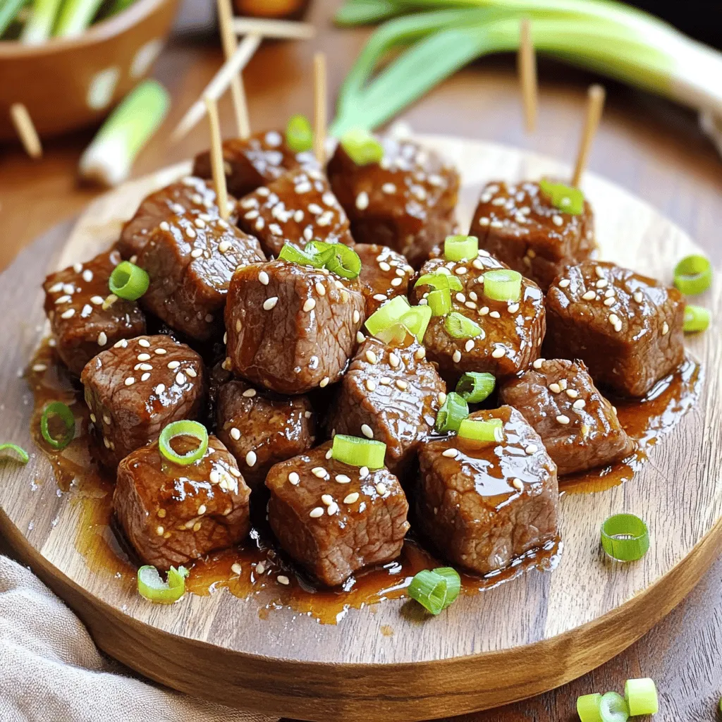 To make these tasty steak bites, you need just a few simple items: - 1 lb sirloin steak, cut into bite-sized cubes - 1/4 cup honey - 1/4 cup soy sauce - 4 cloves garlic, minced - 1 tablespoon fresh ginger, grated - 2 tablespoons olive oil - 1 teaspoon black pepper These ingredients shine with flavor. The sirloin steak offers a tender bite, while honey adds a sweet touch. To make your dish pop, consider these fun garnishes: - 1 teaspoon sesame seeds - 2 green onions, finely sliced These toppings not only add flavor but also give your dish a nice look. If you run out of something, don't worry! Here are some swaps: - Use brown sugar instead of honey for a richer flavor. - Swap soy sauce for tamari to make it gluten-free. - Try chicken or pork instead of sirloin steak for variety. These options let you personalize your dish while keeping it delicious. For the full recipe, check out the recipe link. Start by making the marinade. Take a medium mixing bowl. Add 1/4 cup honey, 1/4 cup soy sauce, 4 minced garlic cloves, and 1 tablespoon of fresh ginger. Mix them well until they blend nicely. This mix will give your steak bites a sweet and savory kick. Next, add your 1 lb of cubed sirloin steak to the bowl. Use your hands or a spoon to coat each piece in the marinade. Cover the bowl with plastic wrap. Place it in the fridge for at least 30 minutes. If you want more flavor, let it sit for up to 2 hours. This step makes the steak tender and tasty. Heat 2 tablespoons of olive oil in a large skillet over medium-high heat. Wait until the oil shimmers but does not smoke. Take the marinated steak bites out of the bowl. Shake off any extra marinade. Place the steak bites in the hot skillet in a single layer. Cook them for 2-3 minutes on each side. You want a rich brown crust and your desired doneness. Once cooked, pour the reserved marinade over the steak bites in the skillet. Let it simmer for 2 minutes. Stir occasionally until the sauce thickens a bit. Remove the skillet from heat. Transfer the steak bites to a serving platter. Garnish with 1 teaspoon of sesame seeds and 2 finely sliced green onions. This makes your dish look vibrant and appetizing. For the full recipe, check out the details above. To get your steak bites just right, start with a good cut of meat. Sirloin works well because it is tender and flavorful. Cut the steak into even cubes. This helps them cook in the same time. When cooking, do not crowd the pan. Give each piece space to sear. This creates a nice brown crust that adds flavor. Cook them for about 2-3 minutes on each side. Use a meat thermometer for best results. Aim for 130°F for medium-rare. Using high heat is key to tender steak bites. Start by preheating your skillet. Olive oil should shimmer but not smoke. When you add the steak, listen for that satisfying sizzle. This sound means you are searing, not steaming. After searing, let the meat rest. Resting allows the juices to settle. This keeps your steak bites juicy and tender. While the honey garlic marinade is delicious, you can add more flavor. Consider using crushed red pepper for a kick. Fresh herbs like thyme or rosemary can enhance the dish too. A splash of lime juice adds brightness. Mix these into your marinade or sprinkle on top just before serving. Experimenting with flavors makes your steak bites unique and exciting. For the full recipe, check out Honey Garlic Steak Bites Delight. {{image_4}} To add heat to your honey garlic steak bites, mix in some chili flakes. Start with a pinch and taste as you go. You can also try sriracha or hot sauce in the marinade. This will bring a warm kick that balances with the sweet honey. The spicy flavor brings a whole new level of excitement. You can make this dish a full meal by adding vegetables. Bell peppers, onions, or snap peas cook well with the steak. Just slice them and toss them in the skillet after the steak bites. This gives you a tasty, colorful dish. Plus, it adds more nutrients to your meal. If you want to switch proteins, chicken works great too. Just cut it into bite-sized pieces. Tofu is another option for a meatless meal. Use firm or extra-firm tofu for best results. Marinate it just like the steak for full flavor. Both options will taste amazing with the honey garlic sauce. Feel free to check out the Full Recipe for more details on making these delicious bites! After enjoying your honey garlic steak bites, store leftovers in an airtight container. This keeps them fresh for later. Place the container in the fridge, where they can last for about 3 days. To keep the flavors intact, avoid letting them sit out at room temperature for too long. When you want to reheat your steak bites, use a skillet for the best taste. Heat the skillet on medium-low. Add a splash of water or broth to keep them moist. Cook for a few minutes, stirring gently until they are warm. This method helps maintain the steak's juicy texture. Avoid using the microwave if you want to keep the meat tender and flavorful. You can freeze honey garlic steak bites for later use. First, let them cool completely. Then, place them in a freezer-safe bag or container. Remove as much air as possible before sealing. They can last in the freezer for up to 2 months. When you're ready to eat, thaw them overnight in the fridge. After thawing, follow the reheating tips to bring back their delicious flavor. For more details, check the Full Recipe. You can tell when the steak bites are done by checking their color. Cooked steak should turn a nice brown color. Use a meat thermometer if you want to be sure. For medium-rare, the inside should reach 130°F. For medium, aim for 140°F. Remember, they will keep cooking a bit after you take them off the heat. Yes, you can use different types of steak for this recipe. While sirloin is great, you can also try flank steak or ribeye. Just remember, lean cuts like sirloin work best for quick cooking. If you choose a fattier cut, adjust your cooking time to avoid overcooking. Honey garlic steak bites go well with many sides. Here are some ideas: - Steamed rice - Mashed potatoes - Grilled vegetables - A fresh salad - Noodles tossed in soy sauce These sides balance the sweet and savory flavor of the steak bites. They also add color and texture to your meal. For the full recipe, check out Honey Garlic Steak Bites Delight. When I think of a dish that is both simple and tasty, honey garlic steak bites come to mind. This recipe features a blend of sweet and savory flavors that truly excite the taste buds. Here’s what you need to make these delicious bites: - 1 lb sirloin steak, cut into bite-sized cubes - 1/4 cup honey - 1/4 cup soy sauce - 4 cloves garlic, minced - 1 tablespoon fresh ginger, grated - 2 tablespoons olive oil - 1 teaspoon black pepper - 1 teaspoon sesame seeds (for garnish) - 2 green onions, finely sliced (for garnish) First, the marinade is what makes this dish shine. You mix honey, soy sauce, garlic, ginger, and black pepper in a bowl. Whisk it well until it blends completely. This mix gives the steak a rich, sweet flavor. Next, you will marinate the steak. Add the cubed steak into the marinade. Use your hands or a spoon to coat every piece well. Cover the bowl and place it in the fridge for at least 30 minutes. If you have time, let it sit for up to 2 hours. The longer, the better! When you are ready to cook, heat olive oil in a large skillet over medium-high heat. Make sure it’s hot but not smoking. Take the marinated steak out, shaking off any extra marinade. You want the steak pieces to be well-cooked without being crowded in the pan. Cook the steak bites for 2-3 minutes on each side. Look for a rich brown crust. This crust adds texture and flavor. Once the steak reaches your preferred doneness, pour the reserved marinade into the skillet. Let it simmer for about 2 minutes. This will thicken the sauce and coat the steak bites nicely. For an eye-catching presentation, transfer the steak bites to a serving platter. Sprinkle sesame seeds and green onions on top. This adds color and a fresh crunch. You can find the full recipe above to guide you through each step! In this blog post, I shared how to make honey garlic steak bites. We covered the main ingredients, tips for perfect cooking, and tasty variations. I also discussed how to store leftovers and answered common questions. As you prepare this dish, remember to adjust flavors to your liking. Enjoy the balance of sweet and savory with each bite. Whether you serve them solo or with sides, these steak bites are sure to impress. Happy cooking!